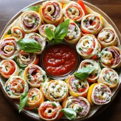 To make easy Italian pinwheels, you need simple ingredients. Gather four large spinach or tomato flour tortillas. Next, you will need eight ounces of softened cream cheese. This will be the base for your filling. You also need one cup of Italian-style deli meats like salami or prosciutto. Add one cup of shredded mozzarella cheese for a creamy texture.