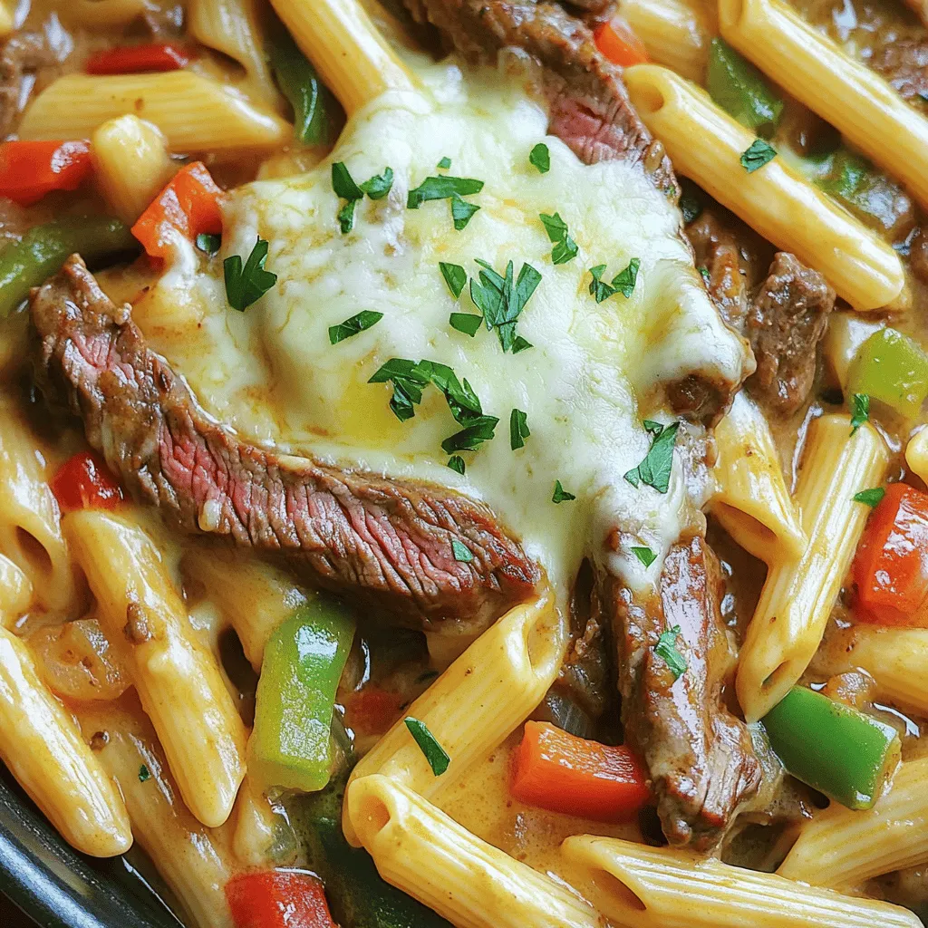 To make this dish, you need fresh and tasty ingredients. The key ingredients for the One-Pot Philly Cheesesteak Pasta are penne pasta, beef sirloin, and bell peppers. Each of these brings strong flavors to the dish.