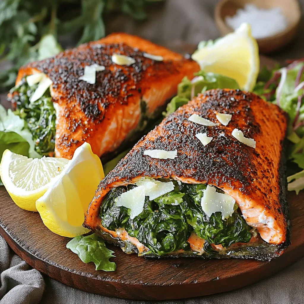 To make this blackened salmon recipe, you need fresh salmon fillets, spinach, and Parmesan cheese. The salmon should be about six ounces each. You also need cream cheese, garlic, and spices like paprika and cayenne pepper. These spices give the dish its bold flavor. Salt and black pepper add more taste. You will also need olive oil for cooking and lemon wedges for serving.