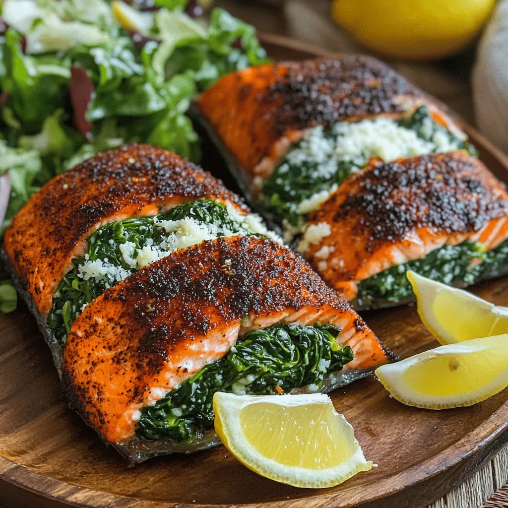 To make this blackened salmon recipe, you need fresh salmon fillets, spinach, and Parmesan cheese. The salmon should be about six ounces each. You also need cream cheese, garlic, and spices like paprika and cayenne pepper. These spices give the dish its bold flavor. Salt and black pepper add more taste. You will also need olive oil for cooking and lemon wedges for serving.