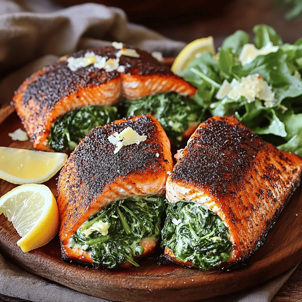 To make this blackened salmon recipe, you need fresh salmon fillets, spinach, and Parmesan cheese. The salmon should be about six ounces each. You also need cream cheese, garlic, and spices like paprika and cayenne pepper. These spices give the dish its bold flavor. Salt and black pepper add more taste. You will also need olive oil for cooking and lemon wedges for serving.
