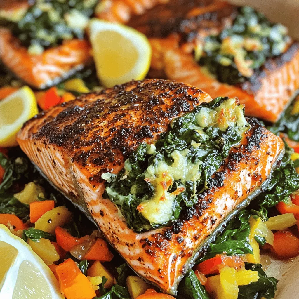 To make blackened salmon stuffed with spinach and Parmesan cheese, you need fresh and simple ingredients.