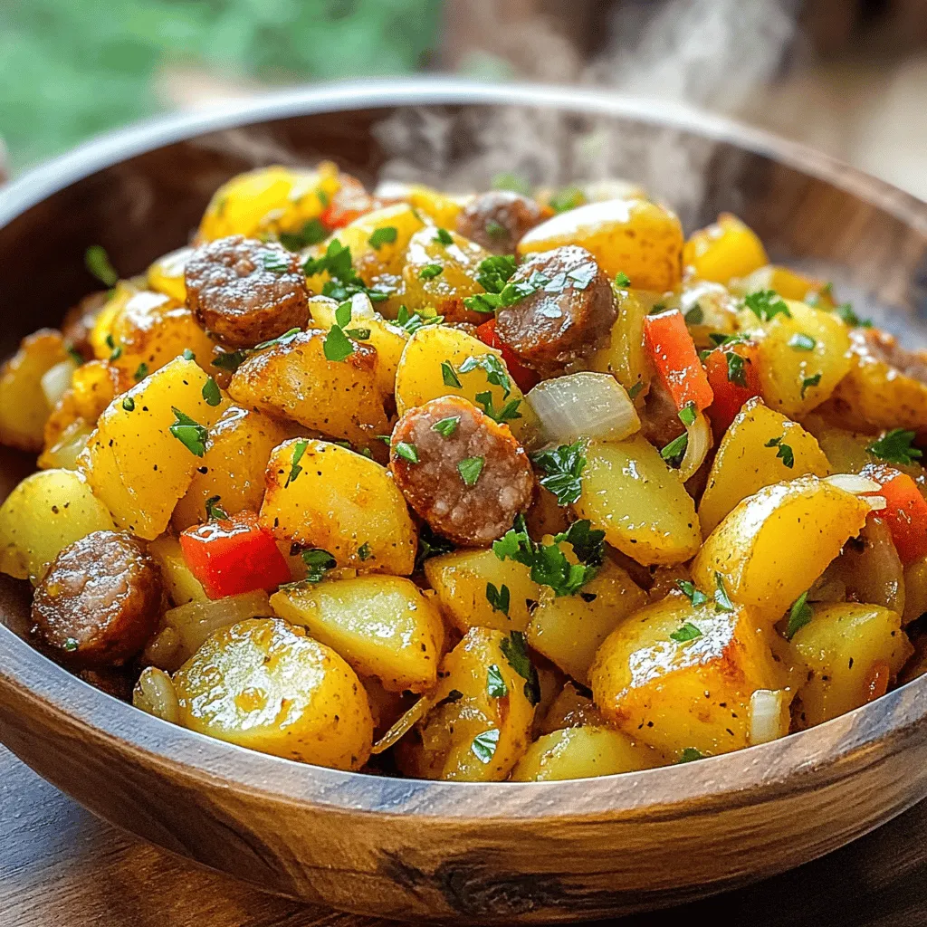 For this fried potatoes recipe, you need a few key ingredients. Start with 4 medium russet potatoes. These potatoes fry well and get nice and crispy. You will also need 1 pound of smoked Polish sausage. Cut it into half-moons for even cooking.