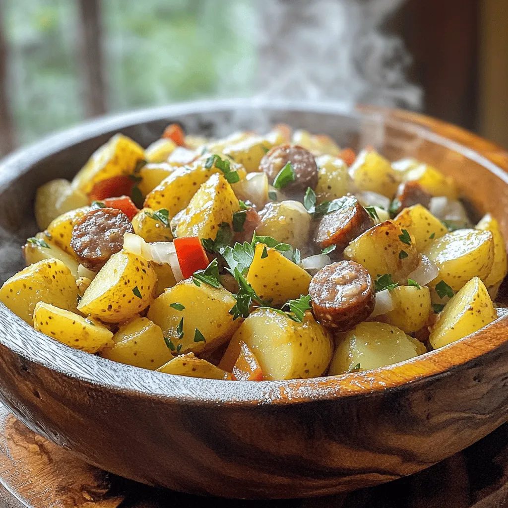 For this fried potatoes recipe, you need a few key ingredients. Start with 4 medium russet potatoes. These potatoes fry well and get nice and crispy. You will also need 1 pound of smoked Polish sausage. Cut it into half-moons for even cooking.