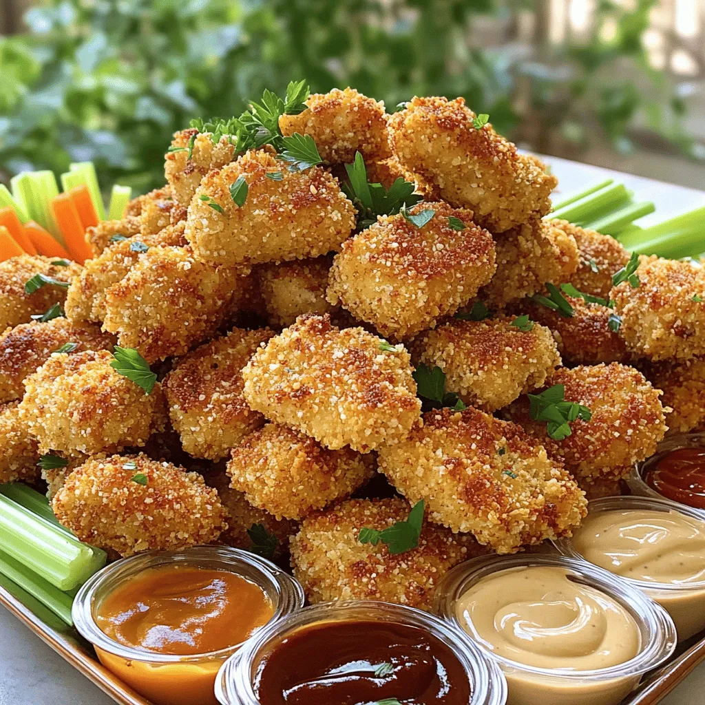 For the best crispy chicken nuggets, gather these items: - 2 cups chicken breast, cut into bite-sized pieces - 1 cup all-purpose flour - 2 large eggs - 1 cup breadcrumbs (preferably panko for extra crunch) - 1 teaspoon garlic powder - 1 teaspoon onion powder - 1 teaspoon smoked paprika - 1 teaspoon salt - 1/2 teaspoon black pepper - 1/2 teaspoon cayenne pepper (optional, for heat) - 1 cup buttermilk (or milk mixed with 1 tablespoon vinegar) - Vegetable oil for frying Each serving of crispy chicken nuggets offers: - Calories: 350 - Protein: 25g - Carbohydrates: 30g - Fat: 15g - Fiber: 1g These numbers can vary based on your ingredients and cooking methods. You can customize this recipe based on what you have: - Chicken: Use turkey or tofu for a different protein. - Flour: Almond flour or gluten-free flour works well. - Eggs: Replace with flaxseed meal mixed with water for a vegan option. - Breadcrumbs: Crushed cornflakes or crushed crackers can add crunch. - Spices: Experiment with your favorite herbs like Italian seasoning or chili powder. These substitutions help you make delicious nuggets that suit your taste and dietary needs. For the full recipe, check the details above. Start by cutting the chicken breasts into small, bite-sized pieces. This helps with even cooking. Next, soak the chicken in buttermilk for at least 30 minutes. This will make the chicken juicy and tender. If you have more time, soak it for up to 2 hours. The buttermilk adds flavor and moisture. Now, let’s set up our dredging station. You’ll need three shallow bowls. In the first bowl, mix flour with garlic powder, onion powder, smoked paprika, salt, black pepper, and cayenne pepper. This is your seasoned flour. In the second bowl, whisk the eggs until smooth. In the last bowl, add breadcrumbs. I recommend using panko breadcrumbs for extra crunch. Once everything is ready, take the chicken pieces out of the buttermilk. Let any extra liquid drip off. Now, coat each piece in the seasoned flour first. Make sure it’s fully covered. Then, dip it into the egg mixture. Lastly, roll it in the breadcrumbs. Press the breadcrumbs onto the chicken to make a thicker crust. Heat about 1/2 inch of vegetable oil in a deep skillet over medium-high heat. You want the oil to reach 350°F (175°C). To check if the oil is ready, drop in a few breadcrumbs. If they sizzle and bubble, you’re good to go. Carefully add the coated chicken pieces to the hot oil in batches. Be sure not to overcrowd the pan. Fry each batch for about 3-4 minutes on each side. Look for a golden-brown color. Use a meat thermometer to check that the internal temperature hits 165°F (75°C). Once cooked, remove the nuggets from the oil. Place them on a plate lined with paper towels to drain off excess oil. Now, you can serve your crispy chicken nuggets with your favorite dipping sauces. Check out the Full Recipe for more details on ingredients and instructions! To get that perfect crunch, use panko breadcrumbs. They add great texture. Press the breadcrumbs firmly onto the chicken after coating. This helps them stick better and creates a thicker crust. Heat the oil to 350°F (175°C). This is key for crispy nuggets. If the oil is too cool, the nuggets will soak up oil and become soggy. Fry the nuggets for about 3-4 minutes per side. This timing gives you a golden brown finish. Always check the internal temperature; it should reach 165°F (75°C) for safety. One common mistake is overcrowding the pan. This lowers the oil temperature and leads to uneven cooking. Always fry in batches. Another mistake is skipping the marination step. Soaking the chicken in buttermilk makes it tender and flavorful. Follow these tips for the best results with your crispy chicken nuggets. For a complete guide, check the Full Recipe. {{image_2}} Want to kick up the heat? Add cayenne pepper to the breading mix. You can also toss the cooked nuggets in your favorite hot sauce. This gives a spicy kick that balances well with creamy dips. For extra flavor, try adding chili powder or crushed red pepper to the breadcrumb mix. Fried nuggets are crispy and golden, but baked nuggets can be healthier. For baked nuggets, preheat your oven to 400°F (200°C). Line a baking sheet with parchment paper. Spray the coated nuggets lightly with cooking spray. Bake for 15 to 20 minutes, flipping halfway through. While they may not be as crispy, they still taste great! Panko breadcrumbs are my favorite for crunch. But you can use regular breadcrumbs or crushed crackers for variety. For a gluten-free option, try almond flour or gluten-free breadcrumbs. You can even mix in crushed cornflakes for a fun twist. Each option gives a unique texture to your nuggets. For the full recipe, check out the complete guide to crispy chicken nuggets! To store leftover crispy chicken nuggets, let them cool first. Place them in an airtight container. You can keep them in the fridge for up to three days. If you want to keep them longer, freezing is a great option. To reheat chicken nuggets, use an oven for the best results. Preheat your oven to 375°F (190°C). Spread the nuggets on a baking sheet. Heat them for about 10-15 minutes, or until they’re hot and crispy again. You can also use a microwave, but they may become soggy. To freeze chicken nuggets, follow these simple steps. First, let the cooked nuggets cool completely. Then, place them in a single layer on a baking sheet and freeze for about one hour. Once frozen, transfer them to a freezer bag or container. They can stay fresh for up to three months. When ready to eat, just reheat them directly from the freezer. This method keeps them tasty and crispy! For the full recipe, check the Crispy Chicken Nuggets section. Cook chicken nuggets for about 3-4 minutes on each side. This will give you a nice golden brown color. The inside should reach 165°F (75°C) for safety. Always check a few pieces to make sure they are done. Yes, you can make chicken nuggets without breadcrumbs. Instead, you can use crushed cornflakes or even ground nuts. These options still give a nice crunch. You can also skip the coating for a lighter nugget. Just be aware that they may not be as crunchy. Many sauces pair well with crispy chicken nuggets. Some popular choices include honey mustard, BBQ sauce, and ranch dressing. You can also try sweet and sour sauce for a fun twist. Feel free to mix and match to find your favorite! For more ideas, check out the Full Recipe for more options. You now know how to make crispy chicken nuggets from scratch. We covered the right ingredients, step-by-step cooking, and key tips for the best crunch. You can even try fun variations or learn how to store leftovers. Remember to avoid common mistakes, and you’ll enjoy delicious nuggets every time. Cooking at home lets you control flavors and ingredients. Trust your skills, and enjoy the process. Get creative, and please your taste buds!