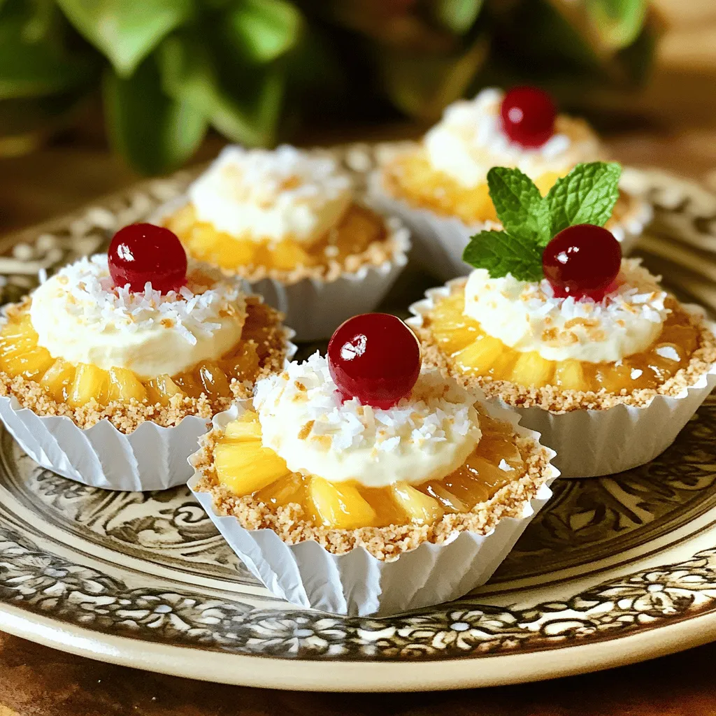 To make mini pineapple upside-down cheesecakes, you need simple ingredients. Each one adds flavor and texture to the treat. Here’s what you’ll need: - 1 cup graham cracker crumbs - 1/4 cup unsweetened shredded coconut - 1/4 cup melted butter - 2 cups cream cheese, softened - 3/4 cup sugar - 1 teaspoon vanilla extract - 2 large eggs - 1/2 cup sour cream - 1/4 teaspoon salt - 1 cup canned pineapple rings, drained and chopped - Maraschino cherries for garnish (optional) These ingredients blend together to bring a tropical twist to the classic cheesecake. The graham cracker crumbs and coconut create a crunchy crust. Cream cheese gives a rich and creamy filling. Pineapple adds sweetness and a hint of tartness. If you want to make these cheesecakes even more special, use maraschino cherries on top. They make a beautiful and tasty garnish. For the full recipe, check out the detailed steps above to create this delightful dessert! 1. Preheat the Oven to 325°F (165°C): This step ensures even baking. It helps the cheesecakes rise just right. 2. Combine and Press the Crust Ingredients: In a bowl, mix 1 cup of graham cracker crumbs, 1/4 cup of shredded coconut, and 1/4 cup of melted butter. Stir until the crumbs are moistened. Line a muffin tin with paper liners. Divide the crumb mixture among the liners. Press it down firmly to form a crust. Bake for 8-10 minutes until golden. Let the crust cool. 1. Beat Cream Cheese and Sugar: In a large bowl, beat 2 cups of softened cream cheese until smooth. Gradually add 3/4 cup of sugar. Mix until well combined. Add 1 teaspoon of vanilla extract and 1/4 teaspoon of salt. Keep mixing until creamy. 2. Incorporating Eggs and Sour Cream: Add 2 large eggs one at a time. Mix well after each addition. Then, add 1/2 cup of sour cream. Stir until the batter is smooth and creamy. 1. Add Chopped Pineapple: Gently fold in 1 cup of drained and chopped canned pineapple into the cheesecake batter. This adds sweetness and texture. 2. Pour the Filling and Bake: Fill each muffin liner with the cheesecake mixture, about 3/4 full. Bake in the preheated oven for 20-25 minutes. The edges should be set, and the centers will be slightly jiggly. They will firm up as they cool. For the full recipe, check the instructions above. Presentation Tips for Mini Cheesecakes Serve the mini cheesecakes on a bright platter. Add a sprinkle of toasted coconut on top. Place a fresh mint leaf next to each one for a pop of color. You can also drizzle some caramel sauce for a sweet touch. Ideal Pairings These mini cheesecakes pair well with a fruity drink. Try serving them with fresh pineapple juice or coconut water. For a warm drink, a light herbal tea adds a nice balance. Ensuring Perfect Texture To get the best texture, make sure your cream cheese is soft. This helps it mix smoothly with other ingredients. Beat the mixture well until it's creamy and fluffy. Don't overmix after adding the eggs; just blend until combined. Avoiding Common Mistakes One common mistake is overbaking. Keep an eye on them. They should jiggle slightly in the center when done. Let them cool before chilling. This helps prevent cracks on the surface. How Long to Chill Before Serving Chill your mini cheesecakes for at least two hours. This helps the flavors meld together. For the best taste, consider chilling them overnight. The longer they sit, the creamier they become. Storing Leftovers Effectively Store any leftovers in airtight containers. This keeps them fresh for up to five days in the fridge. If you want to keep them longer, you can freeze them for up to three months. Just remember to thaw them in the fridge before serving. For the full recipe, check out the details provided earlier! {{image_2}} You can switch up these mini pineapple upside-down cheesecakes and make them even more fun. Here are two tasty ideas: - Coconut or Mango Variations: Add a tropical twist by mixing coconut or mango into the filling. For coconut, use 1/2 cup of shredded coconut. For mango, blend in 1/2 cup of pureed mango. This makes for a fruity and refreshing bite. - Chocolate Marble Mini Cheesecakes: To create a chocolate version, melt 4 ounces of dark chocolate. Swirl the melted chocolate into the cheesecake batter before baking. This gives a rich, creamy taste that pairs well with the pineapple. Adapting this recipe for different diets is simple and fun. Here are some options: - Gluten-Free Crust Alternatives: If you need a gluten-free option, use gluten-free graham crackers or ground nuts, like almonds or walnuts. Mix these with melted coconut oil instead of butter for a tasty crust. - Vegan or Dairy-Free Substitutes: For a vegan version, swap cream cheese for a vegan cream cheese alternative. Use flax eggs instead of regular eggs. Mix 1 tablespoon of ground flaxseed with 2.5 tablespoons of water to replace one egg. You can also use coconut yogurt in place of sour cream. Seasonal fruits and flavors can elevate your mini cheesecakes. Here are some ideas: - Ideas for Seasonal Fruits: In the summer, top these cheesecakes with fresh berries like strawberries or blueberries. In the fall, try adding sliced apples or pears with a sprinkle of cinnamon. - Incorporating Spices for Holiday Flavors: Add a pinch of nutmeg or ginger to the cheesecake batter during holiday seasons. This adds warmth and makes the flavors pop. For the full recipe, check out the detailed instructions above and enjoy making these fun variations! To keep your mini pineapple upside-down cheesecakes fresh, use airtight containers. These containers seal in moisture and prevent odors from affecting your dessert. Place the cheesecakes in single layers, with parchment paper between them to avoid sticking. You can refrigerate them for a quick treat or freeze them for later. Refrigeration is best for short-term storage. If you plan to keep them longer, freezing is ideal. Just make sure to wrap each cheesecake in plastic wrap before placing them in a container. In the fridge, these cheesecakes last about 5 days. Keep an eye on them and enjoy them while they are fresh. If you notice any water on top or a sour smell, it's time to toss them. The texture may also change if they sit too long. When you're ready to enjoy frozen cheesecakes, move them to the fridge overnight for a slow thaw. This helps keep their creamy texture. Avoid thawing at room temperature, as it can cause them to become soggy. If you want to reheat them, do so gently. Use a microwave for 10-15 seconds at a time. This warms them without ruining their creamy goodness. Enjoy your mini cheesecakes at their best! For the full recipe, check out the details above. Can I make these mini cheesecakes ahead of time? Yes, you can make these mini cheesecakes a day in advance. Just store them in the fridge. This lets the flavors blend well. Plus, it saves time on the day you serve them. What can I substitute for cream cheese? If you need a substitute, use Greek yogurt or mascarpone cheese. Both give a creamy texture. You can also try a vegan cream cheese for a dairy-free option. How to serve mini cheesecakes at a party? Serve these mini cheesecakes on a fun platter. You can add a sprinkle of toasted coconut on top. This adds a nice touch. For more color, use fresh mint leaves as a garnish. Can these cheesecakes be made in different-sized pans? Yes, you can use different-sized pans. Just adjust the baking time. For larger pans, they may need more time to bake. Smaller pans will cook faster. What if I don't have muffin liners? If you lack muffin liners, grease the muffin tin well. Use butter or cooking spray to prevent sticking. You can also use parchment paper cut into circles. How do I know when the cheesecakes are done baking? Check the edges of the cheesecakes. They should be set while the centers are slightly jiggly. They will firm up as they cool. This method ensures a perfect texture. For the full recipe, visit the provided link to create these delicious treats! This blog post provided a detailed guide on making mini cheesecakes. We covered ingredients, step-by-step instructions, helpful tips, and fun variations. These cheesecakes are great for any occasion. Remember to chill them properly for best flavor. Don’t hesitate to try different flavors and toppings to make them your own. Enjoy creating delicious treats that everyone will love!