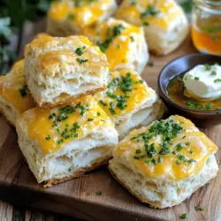 To make these fluffy herb and cheese biscuits, you will need: - 2 cups all-purpose flour - 1 tablespoon baking powder - 1 teaspoon salt - 1/2 teaspoon baking soda - 1/4 cup unsalted butter, chilled and cubed - 1 cup buttermilk (or regular milk with a splash of vinegar) - 1/2 cup shredded sharp cheddar cheese - 1/4 cup grated Parmesan cheese - 2 tablespoons fresh chives, chopped - 1 tablespoon fresh parsley, chopped You can add fun flavors to your biscuits. Try these options: - 1/2 cup cooked and crumbled bacon - 1/2 cup chopped spinach - 1/4 teaspoon garlic powder - 1/4 teaspoon onion powder - A pinch of red pepper flakes for spice Using fresh ingredients makes a big difference. Here are some tips: - Choose high-quality butter for rich flavor. - Use fresh herbs for the best taste and aroma. - If using buttermilk, ensure it is fresh. This helps the biscuits rise. - For cheese, go for sharp cheddar and fresh Parmesan. They add depth to every bite. By following these guidelines, you set the stage for delicious, homemade biscuits. For the full recipe, check out the Fluffy Herb & Cheese Biscuits. 1. First, preheat your oven to 450°F (230°C). Line a baking sheet with parchment paper. 2. In a large bowl, whisk together: - 2 cups all-purpose flour - 1 tablespoon baking powder - 1 teaspoon salt - 1/2 teaspoon baking soda 3. Next, add 1/4 cup of chilled, cubed unsalted butter to the flour mix. 4. Use a pastry cutter or your fingers to cut the butter into the flour. Stop when it looks like coarse crumbs. 5. Then, gently stir in: - 1/2 cup shredded sharp cheddar cheese - 1/4 cup grated Parmesan cheese - 2 tablespoons chopped fresh chives - 1 tablespoon chopped fresh parsley 6. Make a well in the center and pour in 1 cup of buttermilk. Stir just until the dough comes together. Don't overmix. 7. Turn the dough out onto a floured surface. Knead it gently about 5-6 times. 8. Pat the dough to about 1-inch thick. Use a floured biscuit cutter to cut out rounds. Place them on the baking sheet, just touching. 9. Gather scraps and re-pat the dough to cut more biscuits. 10. Bake for 12-15 minutes until the tops are golden and the biscuits rise. During baking, keep an eye on the biscuits. They should puff up nicely and turn a light golden color. Your kitchen will smell amazing! Let them cool slightly on a wire rack before serving. For best results, use a light touch when mixing and kneading. This keeps your biscuits light and fluffy. If you want a fun twist, try adding different herbs or cheese. Serve the biscuits warm on a board with herb-infused honey or whipped butter for a tasty treat. Enjoy your homemade fluffy herb and cheese biscuits! For the complete recipe, check out the Full Recipe section. To get fluffy biscuits, you need the right mix. Use cold butter. This helps the biscuits rise well. Cut it into the flour until it looks like crumbs. Do not overwork the dough. Stir just enough until it comes together. You want soft, airy biscuits, not tough ones. Add herbs and cheese to boost flavor. Fresh chives and parsley work well in this recipe. You can try garlic powder or rosemary too. For a cheesy twist, use sharp cheddar and Parmesan. Mix these in with the dry ingredients for even flavor. Avoid overmixing the dough. This makes biscuits tough, not soft. Also, don't skip the chilling step for the butter. If the butter warms up, the biscuits won’t rise as well. Finally, remember to preheat your oven. A hot oven helps the biscuits bake perfectly. For more details, check out the Full Recipe. {{image_2}} If you want to make gluten-free biscuits, use a gluten-free flour mix. Many stores sell these blends. Look for one that has a good rise. You can also add xanthan gum to help with the texture. This helps bind the dough. Follow the same steps as the original recipe for best results. You can make biscuits with different flavors. Try adding garlic powder for a nice kick. Rosemary works well too. Just add one teaspoon of dried garlic or two teaspoons of chopped fresh rosemary to the dry mix. These flavors pair great with cheese. Mix and match until you find your favorite. Not a fan of cheddar? You can use other cheeses. Try using feta for a tangy twist. You could also use mozzarella for a milder taste. Make sure to adjust the amount based on how strong you want the flavor. Cheese really adds richness to your biscuits. You can find a full recipe that includes different cheese options. Store leftover biscuits in an airtight container. Keep them at room temperature for up to two days. If you want them to last longer, refrigerate them for about a week. Be sure to let them cool completely before storing. This helps prevent sogginess. To reheat biscuits, you can use the oven or microwave. For the oven, preheat it to 350°F (175°C). Place the biscuits on a baking sheet and heat for about 10 minutes. This makes them warm and crisp again. If you're in a rush, microwave one biscuit for 15-20 seconds. It will be warm, but not as crispy. You can freeze biscuits for up to three months. Wrap each biscuit in plastic wrap, then place them in a freezer bag. When you're ready to enjoy them, take them out and let them thaw in the fridge overnight. For a quick option, you can reheat from frozen in the oven for about 15-20 minutes. Enjoy them fresh from the oven! For the full recipe, check out the Fluffy Herb & Cheese Biscuits. To make your biscuits fluffier, focus on a few key steps. First, use cold butter. Cold butter creates steam and helps the biscuits rise. Next, don’t overmix the dough. Mix until just combined. This keeps the texture light. Lastly, use baking powder and baking soda. These leavening agents help the dough rise. If you follow these tips, you’ll have light and fluffy biscuits. Yes, you can use regular milk instead of buttermilk. To make a quick substitute, add a splash of vinegar to the milk. Let it sit for five minutes. This will curdle the milk slightly, mimicking buttermilk's tang. It works well in the recipe and keeps the biscuits moist. Homemade biscuits last for about two days at room temperature. Store them in an airtight container to keep them fresh. If you want them to last longer, freeze them. They can stay frozen for up to three months. To reheat, simply bake them at 350°F (175°C) for about 10-15 minutes until warm. Enjoy your fresh biscuits at any time! In this blog post, we covered ingredients, step-by-step instructions, and helpful tips. You learned which ingredients matter most and how they affect your biscuits. We discussed baking tricks for great texture and flavor. Plus, you found options for gluten-free and flavored biscuits. Storing and reheating tips will keep your biscuits fresh. Follow these guidelines for perfect biscuits every time. Enjoy a fun baking experience, and share with friends!