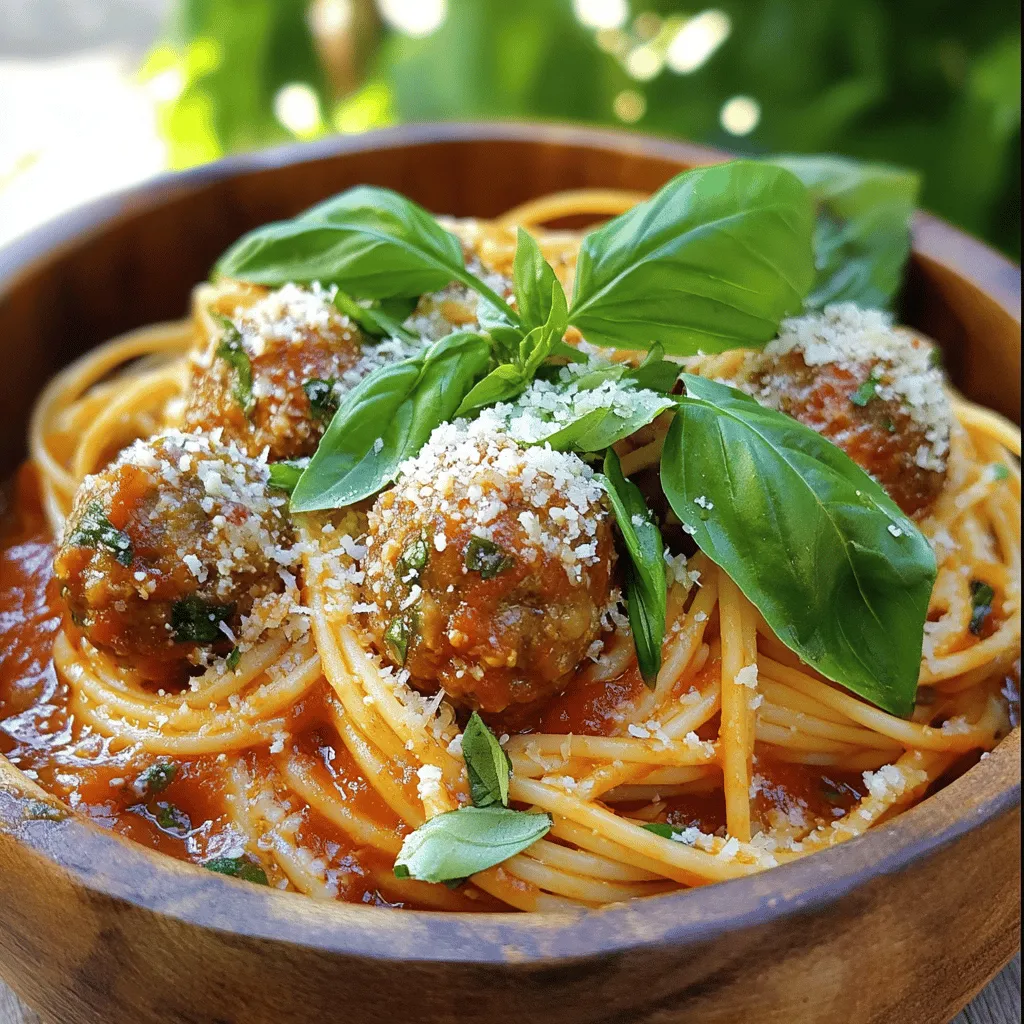 - 1 pound ground beef (or turkey) - 1/2 cup breadcrumbs - 1/4 cup grated Parmesan cheese - 1 large egg - 2 cloves garlic, minced - 1 teaspoon dried oregano - 1 teaspoon salt - 1/2 teaspoon black pepper - 1 jar (24 oz) marinara sauce - 2 cups water - 12 ounces spaghetti - Fresh basil leaves for garnish