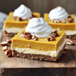 To make these tasty pumpkin cheesecake bars, you need the following main ingredients: - 1 ½ cups graham cracker crumbs - ½ cup unsalted butter, melted - 1/3 cup sugar - 16 oz cream cheese, softened - 1 cup canned pumpkin puree - 1 cup sugar (additional) - 3 large eggs - 1 teaspoon vanilla extract - 1 teaspoon ground cinnamon - ½ teaspoon ground nutmeg - ½ teaspoon salt - ¼ teaspoon ground ginger - 1 cup whipped cream (for serving) - Optional: Chopped pecans for garnish
