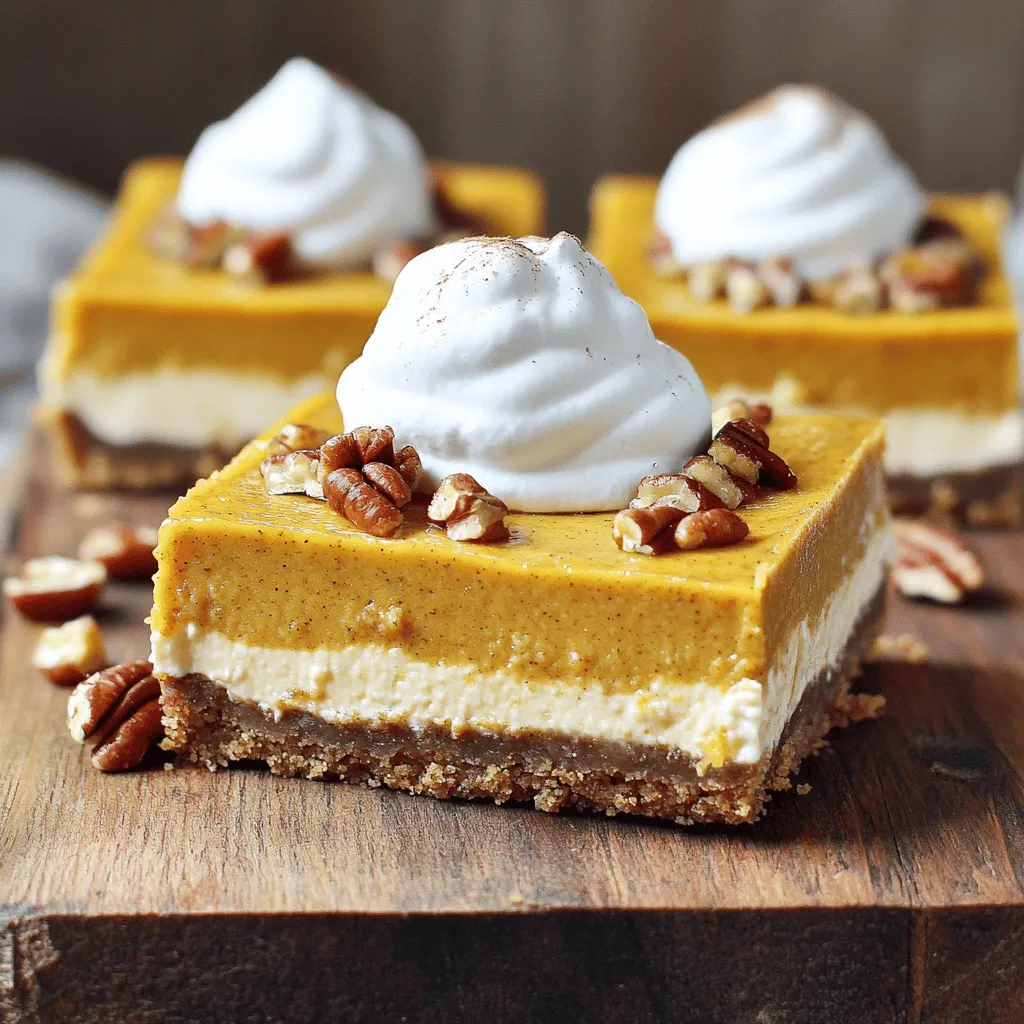 To make these tasty pumpkin cheesecake bars, you need the following main ingredients: - 1 ½ cups graham cracker crumbs - ½ cup unsalted butter, melted - 1/3 cup sugar - 16 oz cream cheese, softened - 1 cup canned pumpkin puree - 1 cup sugar (additional) - 3 large eggs - 1 teaspoon vanilla extract - 1 teaspoon ground cinnamon - ½ teaspoon ground nutmeg - ½ teaspoon salt - ¼ teaspoon ground ginger - 1 cup whipped cream (for serving) - Optional: Chopped pecans for garnish