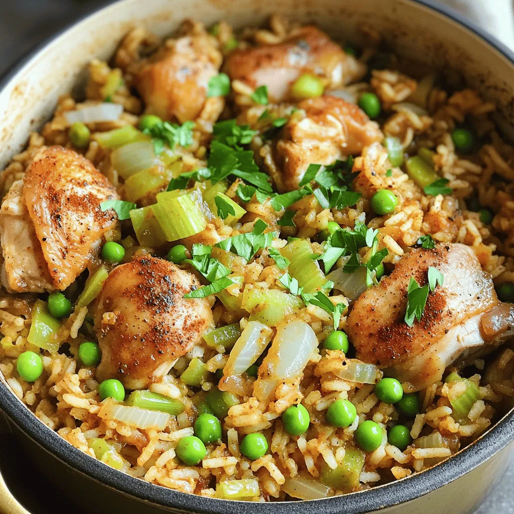 To make One Pot Chicken and Dirty Rice, you need some key ingredients. Here’s what you should gather: - 2 tablespoons olive oil - 1 pound boneless, skinless chicken thighs, cut into bite-sized pieces - 1 small onion, finely chopped - 2 cloves garlic, minced - 1 green bell pepper, diced - 1 stalk celery, diced - 1 cup long-grain rice - 2 cups chicken broth - 1 tablespoon Cajun seasoning - 1 teaspoon smoked paprika - 1/2 teaspoon dried thyme - Salt and pepper to taste These items form the base of this dish. The chicken provides protein and flavor, while the rice absorbs all the delicious juices. The vegetables add texture and nutrients. You can boost the taste even more with some optional ingredients. Consider these add-ins: - 1 cup frozen peas - 1 tablespoon fresh parsley, chopped (for garnish) Adding peas gives a nice color and sweetness. The parsley is a fresh touch that brightens the dish. To cook this meal, you will need a few tools. Here’s a simple list: - Large pot or Dutch oven - Cutting board - Chef’s knife - Measuring cups and spoons - Wooden spoon or spatula Using the right tools makes cooking easier. A large pot helps everything cook evenly, while a good knife ensures you chop quickly and safely. For the full recipe, check out the guide linked in the article. To start, heat the olive oil in a large pot. Use medium-high heat for best results. Once hot, add the chicken pieces. Season them with salt and pepper. Cook until they turn a nice golden brown, which takes about 5-7 minutes. This gives the chicken a lovely flavor. When done, remove the chicken from the pot and set it aside. This step is key for a great taste in your dish. Next, keep the pot on the heat and add the onion, garlic, green bell pepper, and celery. Sauté these veggies for about 4-5 minutes. You want them to soften and release their flavors. Stir them well to avoid sticking. The smell will fill your kitchen and make you hungry! This mix creates a tasty base for the rice and chicken. Now, it’s time to add the rice. Pour it into the pot along with the Cajun seasoning, smoked paprika, and thyme. Stir well so the rice gets coated with all those delicious flavors. Next, pour in the chicken broth and bring it to a boil. Once boiling, return the chicken to the pot. Lower the heat to let it simmer. Cover the pot and cook for about 20-25 minutes. This allows the rice to soak up all the liquid and flavors. If you want to add peas, toss them in the last 5 minutes of cooking. After cooking, let it sit for a few minutes. Fluff the rice with a fork and add chopped parsley for a fresh touch. You can find the full recipe for One Pot Chicken and Dirty Rice in the earlier section. Enjoy your meal! To get fluffy rice, rinse it before cooking. This removes excess starch. Use long-grain rice for the best texture. Make sure to measure your liquid carefully. Too much broth can make the rice mushy. It’s also key to let the rice rest after cooking. This helps it absorb any remaining moisture. Add fresh herbs for a burst of flavor. Parsley or cilantro works well. You can also use lemon juice for brightness. A splash of hot sauce adds a nice kick. For more depth, try using homemade chicken broth. If you want a smoky flavor, add more smoked paprika. Sometimes, a bay leaf during cooking can enhance the taste, too. One common mistake is stirring the rice while it cooks. This can make it gummy. Always check your seasoning as you cook. If it tastes bland, adjust with salt or spices. Avoid skipping the resting step after cooking. This is when the rice settles and fluffs up. Lastly, don’t rush the cooking time. Patience leads to a perfect dish. For the full recipe, check out the details above. {{image_2}} You can spice things up by adding andouille sausage. The sausage brings heat and flavor. Slice the sausage into bite-sized pieces. Brown it in the pot before adding the chicken. This adds depth and a smoky taste. Adjust the Cajun seasoning to match your spice level. This version is perfect for those who love a kick! If you want a meat-free meal, try using plant-based protein. Options like tempeh or tofu work well here. Cut them into cubes and sauté them until golden. Use vegetable broth instead of chicken broth for flavor. The rice will still soak up all the good seasonings. You get a hearty dish that everyone can enjoy. You can change the veggies based on what’s fresh. In summer, add zucchini or corn. In fall, try sweet potatoes or carrots. Just chop them into even pieces. Sauté them with the onion and garlic for a robust taste. This keeps the dish vibrant and seasonal. It’s a great way to enjoy what nature offers. After you enjoy your One Pot Chicken and Dirty Rice, store leftovers in an airtight container. Let the dish cool down first. This helps keep the flavors fresh. You can keep it in the fridge for up to three days. Make sure to label the container with the date. When you want to reheat your dish, use the stove for the best flavor. Put it in a pot over low heat. Add a splash of water or broth to keep it moist. Stir it often until it warms up. This keeps the rice fluffy and tasty. You can also use the microwave. Just cover it to prevent drying out. Heat in short bursts, stirring in between. If you want to save some for later, freezing is a great option. Divide the cooled dish into portions. Use freezer-safe containers or bags. Squeeze out excess air to prevent freezer burn. It can last up to three months in the freezer. When you’re ready to eat, thaw it in the fridge overnight. Reheat as mentioned above for the best results. Enjoy this meal at your convenience! You can use chicken breast instead of thighs. Chicken breast cooks faster, so check for doneness early. You could also try turkey or tofu for a different taste. Both options will give you a tasty meal. Cooking dirty rice takes about 20 to 25 minutes once you add the rice and broth. Ensure the rice absorbs all the liquid for the best texture. Keep an eye on it to avoid burning. Yes, you can make One Pot Chicken and Dirty Rice in advance. Just cook it and let it cool. Store it in an airtight container in the fridge for up to three days. Great sides include garlic bread or a fresh green salad. You could also serve it with coleslaw for some crunch. Each option adds different flavors to your meal. You can find the full recipe for One Pot Chicken and Dirty Rice in the recipe section above. It has all the steps you need to make this delightful dish. One Pot Chicken and Dirty Rice is simple and tasty. I guided you through essential ingredients, tips, and mistakes to avoid. You learned how to cook chicken and rice together for maximum flavor. Don’t forget to try variations, like the spicy version or vegetarian options. Proper storage helps keep your dish fresh. With these skills, you can easily make this meal for any occasion. Enjoy cooking!