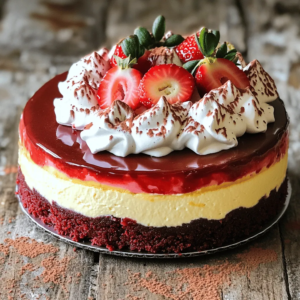 - <strong>Red Velvet Cake Crust</strong> – 1 ½ cups crushed red velvet cake (store-bought or homemade) – ½ cup melted butter” /></p>
</p>
<h2>Variations</h2>
</p>
<h3>Alternative Flavors</h3>
</p>
<p>You can change the flavors in your cheesecake. Try using different berries, like raspberries or blueberries. These fruits add a fresh taste and bright color.</p>
</p>
<p>You can also add chocolate. Swirl in some melted chocolate for a rich flavor. Or, create layers with chocolate and cheesecake. This extra step makes each bite a delight.</p>
</p>
<h3>Crust Alternatives</h3>
</p>
<p>The crust is important for taste and texture. Instead of red velvet, use crushed graham crackers or Oreos. These options add a different flavor. They also create a nice contrast with the creamy filling.</p>
</p>
<p>If you need a gluten-free crust, use gluten-free graham crackers or almond flour. Both work well and keep the cheesecake tasty for everyone. You can easily find these ingredients in stores.</p>
</p>
</p>
<h2>Storage Info</h2>
</p>
<h3>How to Properly Store Cheesecake</h3>
</p>
<p>To keep your cheesecake fresh, refrigerate it. Place the cheesecake in an airtight container. If you do not have one, cover it with plastic wrap. This helps prevent it from absorbing strong smells from the fridge. Store it for up to five days.</p>
</p>
<p>You can also freeze your cheesecake. Slice it and wrap each piece tightly in plastic wrap. Then, place the wrapped slices in a freezer-safe bag. This way, you can enjoy a slice whenever you want! The cheesecake stays good in the freezer for about two months.</p>
</p>
<h3>Reheating and Serving After Storage</h3>
</p>
<p>When you’re ready to enjoy your stored cheesecake, take it out of the fridge or freezer. If it’s frozen, thaw it in the fridge overnight. To bring it back to life, let it sit at room temperature for 20 to 30 minutes. This helps the texture become creamy again.</p>
</p>
<p>For the best flavor, serve your cheesecake chilled. Add whipped cream and fresh strawberries as toppings. If it feels too firm, you can gently warm it in the microwave for a few seconds. This will help soften it while keeping the taste delightful. Enjoy your delicious creation!</p>
</p>
<h2>FAQs</h2>
</p>
<h3>Common Questions About Decadent Red Velvet Strawberry Cheesecake</h3>
</p>
<p><strong>Can I make this cheesecake ahead of time?</strong></p>
<p>Yes, you can make this cheesecake a day or two ahead. It tastes even better after chilling. Just store it in the fridge, covered, until you’re ready to serve.</p>
</p>
<p><strong>What can I use instead of cream cheese?</strong></p>
<p>If you need a substitute for cream cheese, try using mascarpone or Greek yogurt. Both will give your cheesecake a creamy texture. However, the taste will change slightly.</p>
</p>
<p><strong>How do I know when the cheesecake is done baking?</strong></p>
<p>Check for doneness by looking at the edges. They should be set, while the center has a slight jiggle. It will firm up as it cools.</p>
</p>
<p><strong>Can I use frozen strawberries for the puree?</strong></p>
<p>Yes, you can use frozen strawberries. Just thaw them first and drain any excess juice. This will help keep the cheesecake from being too watery.</p>
</p>
<p>For the full recipe, check out the complete guide to make this delightful dessert!</p>
</p>
<p>In this blog post, we explored how to make a decadent red velvet strawberry cheesecake. We discussed key ingredients, from the rich crust to the creamy filling, and shared measuring tips. Step-by-step instructions helped guide you through preparation, baking, and cooling.</p>
</p>
<p>Remember to be patient with cooling and to use room temperature ingredients for the best texture. Feel free to experiment with flavors and toppings. This delicious cheesecake is worth the effort. Enjoy creating and sharing this tasty dessert!</p>
</div>