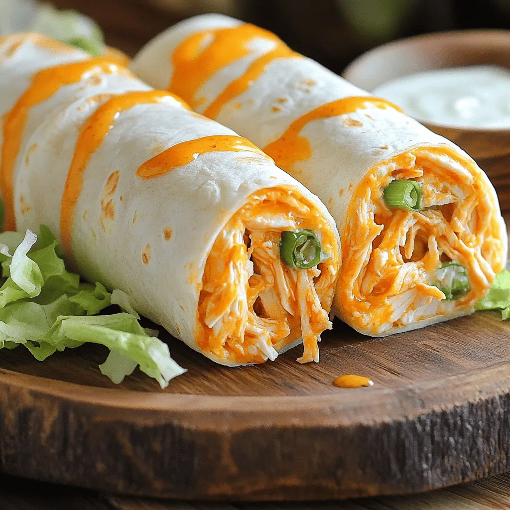 To make these tasty roll-ups, you need: - 2 cups cooked chicken, shredded - 1/2 cup buffalo sauce - 1 cup cream cheese, softened - 1/2 cup cheddar cheese, shredded - 1/4 cup green onions, finely chopped - 4 large flour tortillas - 1 cup lettuce, shredded - 1/2 cup ranch dressing (for dipping) - Salt and pepper to taste These ingredients create a great mix of flavors and textures. The chicken adds protein, while the buffalo sauce gives it a spicy kick. The cream cheese and cheddar make it creamy and rich. You can make these roll-ups your own with some fun additions. Here are a few ideas: - Sliced jalapeños for extra heat - Diced celery for crunch - Avocado slices for creaminess - Different cheeses like pepper jack or mozzarella - Fresh herbs like cilantro or parsley for freshness Feel free to explore and mix in ingredients that you love. This recipe is all about your taste! Using quality ingredients helps you get the best flavor. Here are some brands I trust: - For buffalo sauce, try Frank's RedHot or Texas Pete. - Use Philadelphia cream cheese for a smooth texture. - For tortillas, Mission or TortillaLand are great choices. - When it comes to ranch dressing, Hidden Valley is a classic option. These brands work well together and make your roll-ups shine. You can find them in most grocery stores. To start, you need to make the buffalo chicken mixture. Grab a mixing bowl. Add 2 cups of shredded chicken and 1/2 cup of buffalo sauce. Mix them well until the chicken is fully coated. You want every piece to have that spicy flavor. If you prefer, adjust the amount of buffalo sauce to make it milder or hotter. Once you are happy with the flavor, set it aside. Now, let's make the cream cheese spread. Take another bowl and add 1 cup of softened cream cheese. Then, mix in 1/2 cup of shredded cheddar cheese and 1/4 cup of finely chopped green onions. Don't forget to add a little salt and pepper. Use a hand mixer or a spatula to beat everything together until it is smooth. This creamy blend will balance the heat from the buffalo sauce. It's time to put it all together! Lay a large flour tortilla flat on your clean surface. Spread a generous layer of the cream cheese mixture over the tortilla, leaving a small border around the edges. On one side of the tortilla, place a few tablespoons of the buffalo chicken mixture. Top this with some shredded lettuce for crunch. Starting from the side with the filling, roll the tortilla tightly. Make sure to roll it up snugly, so it doesn't fall apart. Use a bit of the cream cheese mixture along the edge to seal it. Repeat this for the remaining tortillas. Once you finish, slice each roll into 1-inch thick pieces. Arrange them nicely on a platter. You can serve them with ranch dressing on the side for dipping. Enjoy your tasty buffalo chicken tortilla roll-ups! To get the best cream cheese mixture, use softened cream cheese. This helps it blend well. Mix it with cheddar cheese and green onions. You want it smooth and creamy. If it feels too thick, add a spoon of buffalo sauce. This gives it extra flavor and keeps it spreadable. To keep your tortillas from getting soggy, do not add too much filling. A few tablespoons of the chicken mixture work well. Also, use fresh tortillas. They hold up better than older ones. If you worry about moisture, consider heating the tortillas briefly. A quick warm-up makes them more pliable and less likely to tear. If you want to make these roll-ups ahead of time, it’s easy! Prepare them up to the rolling step. Wrap each roll in plastic wrap. Keep them in the fridge for a few hours. When ready to serve, just slice them. This saves time and keeps them fresh. For the best taste, serve with ranch dressing on the side. You can find the full recipe for these tasty roll-ups to guide you through! {{image_2}} If you want more heat, add extra buffalo sauce. You can also swap in hot sauce for buffalo sauce. This boosts the spice level. Try using jalapeños for an extra kick. Slice fresh jalapeños and add them to the roll-ups. You can also mix in diced pickled jalapeños for tangy heat. You can easily make these roll-ups vegetarian. Replace chicken with cooked quinoa or lentils. Use a mix of black beans and corn for a hearty filling. Add diced bell peppers for crunch. Cream cheese can be replaced with a vegan option. Look for plant-based cream cheese at your store. You can also use hummus for a tasty spread. These roll-ups pair well with many sides. Serve them with crunchy veggies like carrots and celery. Fresh fruit, like grapes or apple slices, adds a sweet touch. Don't forget a side of ranch dressing for dipping. For drinks, try a light soda or iced tea. This creates a balanced meal that everyone will love. For more ideas, check the Full Recipe for variations. To keep your Buffalo Chicken Tortilla Roll-Ups fresh, wrap them tightly. Use plastic wrap or aluminum foil. You can also place them in an airtight container. This will prevent drying out. Always store them in the fridge. These roll-ups stay good for about 3 days. After that, the flavors may fade. If you notice any change in smell or texture, it’s best to toss them. Always check before eating. To reheat, place the roll-ups in a microwave-safe dish. Cover them with a damp paper towel. Heat for about 30 seconds to 1 minute. Check to see if they are warm. You can also use an oven. Preheat it to 350°F (175°C). Wrap the roll-ups in foil and heat for 10-15 minutes. This keeps them soft and tasty. Enjoy your roll-ups with ranch dressing on the side. For the full recipe, check the linked section. Yes, you can use pre-cooked rotisserie chicken. It saves time and adds great flavor. Just shred the chicken and mix it with buffalo sauce. This method makes the recipe even easier. Rotisserie chicken is tasty and convenient, perfect for busy days. If you want a milder taste, try using barbecue sauce. You can mix hot sauce with honey for a sweet kick. Another option is to use a spicy ranch dressing. These substitutions still give you a fun flavor without the heat of buffalo sauce. Feel free to experiment with different sauces to find your favorite. Yes, these roll-ups freeze well. Wrap each roll tightly in plastic wrap. Then, place them in a freezer bag. They can stay in the freezer for up to three months. When you're ready to eat, thaw them in the fridge overnight. You can enjoy them cold or reheat them in the oven for a warm snack. Buffalo Chicken Tortilla Roll-Ups are fun and easy to make. You learned about main and optional ingredients, plus how to personalize your rolls. I shared step-by-step instructions so you can create these tasty treats. Tips on keeping your mixture perfect and avoiding sogginess help too! Getting creative with variations and knowing how to store leftovers can keep meals exciting. Now, it’s your turn to enjoy these roll-ups. Get cooking and impress your friends!