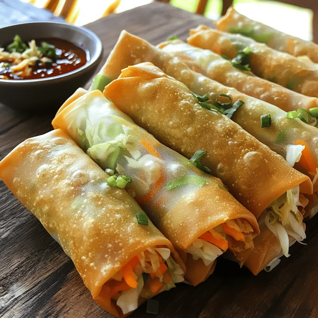 To make crispy vegetable spring rolls, you will need: - 1 cup shredded cabbage - 1 cup grated carrots - 1 bell pepper, finely sliced - 1 cup bean sprouts - 2 green onions, chopped - 2 cloves garlic, minced - 1 teaspoon ginger, grated - 2 tablespoons soy sauce - 1 tablespoon sesame oil - 12 spring roll wrappers - Oil for frying - Salt and pepper to taste Using fresh ingredients gives spring rolls a bright and crunchy taste. Fresh veggies look vibrant and add great flavor. You can use frozen veggies if you are short on time. They save prep work and still taste good. Just make sure to thaw and drain them well to avoid excess water. You will need a few tools to make these spring rolls: - A large mixing bowl for the filling - A sharp knife for chopping - A frying pan for stir-frying - A deep pan or fryer for frying - A slotted spoon to remove the rolls from oil - Paper towels for draining These tools make cooking easier and help you create a delicious dish. Feel free to explore the [Full Recipe] for more details on how to prepare and enjoy your crispy vegetable spring rolls! To make crispy vegetable spring rolls, start by mixing your veggies. You need 1 cup of shredded cabbage, 1 cup of grated carrots, 1 sliced bell pepper, 1 cup of bean sprouts, and 2 chopped green onions. Toss them all in a large bowl. Next, heat 1 tablespoon of sesame oil in a pan over medium heat. Add 2 minced garlic cloves and 1 teaspoon of grated ginger. Sauté for 1 minute until you smell the aroma. Then, add your veggie mix. Stir-fry for about 5 minutes, until they soften. Pour in 2 tablespoons of soy sauce and add salt and pepper. Cook for 2 more minutes, then take it off the heat. Let the filling cool for a few minutes. Now, take a spring roll wrapper and place about 2 tablespoons of the filling on the lower part. Roll it tightly and fold in the sides halfway. Use a bit of water to seal the edge. Repeat this with the rest of the wrappers and filling. Heat oil in a deep pan or fryer to 350°F (175°C). Fry the spring rolls in batches. They should take about 3-4 minutes until they turn golden and crispy. When done, remove them with a slotted spoon and drain them on paper towels. Serve these hot with your favorite dipping sauce, like sweet chili or soy sauce. When making spring rolls, avoid overfilling them. Too much filling can make them hard to wrap. Another mistake is frying in oil that’s not hot enough. If the oil is cool, the rolls may soak up too much oil and become greasy. Keep a close eye on cook time to prevent burning them. Finally, don’t skip letting the filling cool. Hot filling can tear the wrappers. 1. Place the Wrapper: Lay the wrapper down with a corner facing you. 2. Add Filling: Spoon your filling onto the lower part. 3. Fold: Bring the bottom corner up over the filling. 4. Fold Sides: Fold the sides in to keep the filling secure. 5. Roll: Roll tightly away from you until sealed. 6. Seal: Use a dab of water to seal the edge. By following these steps, you can master the art of wrapping spring rolls. Enjoy your cooking journey with this full recipe. To get the best crispiness in your spring rolls, use fresh wrappers. They hold together better. Keep your oil hot enough, around 350°F (175°C). If the oil is too cool, your rolls will soak up oil and become soggy. Fry in small batches. This helps maintain oil temperature. Always drain on paper towels after frying. This removes excess oil and keeps them crispy. When frying, lower each spring roll gently into the oil. This prevents oil splatter. Fry for 3 to 4 minutes, turning once. Look for a golden color. Use a slotted spoon to remove them. Always check the oil temperature with a thermometer. If you don’t have one, test with a piece of bread. It should bubble and brown in about 60 seconds. You can change the filling to fit your taste. Try adding mushrooms or zucchini for extra flavor. For a protein boost, add tofu or cooked shrimp. You can also spice it up with chopped chili or sriracha in the filling. The [Full Recipe] allows for many variations. Just remember to keep the moisture low to prevent sogginess. {{image_2}} You can mix and match vegetables in your spring rolls. Try adding zucchini, mushrooms, or spinach. These veggies give different tastes and textures. Use what you have on hand or what you love. Feel free to experiment! For a kick, add chili flakes or diced jalapeños to your filling. This gives your spring rolls a nice heat. You can also serve them with a spicy dipping sauce. Combine sriracha with soy sauce for a zesty dip. It's a fun way to spice up your dish! If you prefer baking, you can still enjoy crispy spring rolls. Brush the rolls with oil before baking. Set your oven to 400°F (200°C) and bake for about 20 minutes. Flip them halfway through for even crispiness. Baked spring rolls are a healthier choice, and they taste great too! For the full recipe, check out the Crispy Vegetable Spring Rolls section. To keep your leftover spring rolls fresh, place them in an airtight container. Line the bottom with a paper towel. This helps absorb extra moisture. Avoid stacking them directly on top of each other. This keeps them crispy. Store the container in the fridge. They will stay good for about 2-3 days. When reheating, aim to restore the crispiness. The oven works best for this. Preheat your oven to 350°F (175°C). Place the spring rolls on a baking sheet. Bake for about 10-15 minutes. Check to ensure they are hot and crispy. You can also use an air fryer. Set it to 350°F (175°C) for about 5-8 minutes. If you want to freeze spring rolls, do this before frying. Place the wrapped rolls on a baking sheet. Freeze them until solid, then transfer to a freezer bag. They can last up to 2 months. When you're ready to eat, do not thaw before frying. Just fry them straight from the freezer. This keeps them crispy and delicious. For the full recipe, check out the earlier section. You can enjoy spring rolls with many tasty sauces. Sweet chili sauce is a favorite. It adds a nice kick. Soy sauce is another classic choice. You can mix in some vinegar for a tangy touch. Peanut sauce also works well. It adds a rich flavor that many love. Feel free to try different sauces to find your favorite. Yes, you can make spring rolls ahead of time. Prepare the filling and roll them. Store them in the fridge for up to a day. Just cover them well to keep them fresh. Fry them when you are ready to serve. This way, you save time and still enjoy a hot snack. You can bake spring rolls for a healthier option. Preheat your oven to 400°F (200°C). Place the rolls on a baking sheet. Brush them lightly with oil for crispiness. Bake for about 20 minutes or until golden brown. Check them halfway through and flip for even cooking. This method gives you a lighter spring roll that still tastes great. You can use many veggies in spring rolls. Some popular choices are cabbage, carrots, and bell peppers. Bean sprouts add a nice crunch. You can also try mushrooms for extra flavor. Green onions give a fresh taste. Feel free to mix and match your favorites to make the filling unique. For the full recipe, check out the Crispy Vegetable Spring Rolls. You learned how to make delicious spring rolls from scratch. We covered key ingredients and essential tools. I shared step-by-step instructions to help you avoid common mistakes. You now know tips for perfect crispiness and how to customize your filling. We explored various vegetable options and storage tips for leftovers. Remember, making spring rolls is about being creative and having fun. Enjoy the process, and your spring rolls will taste amazing!