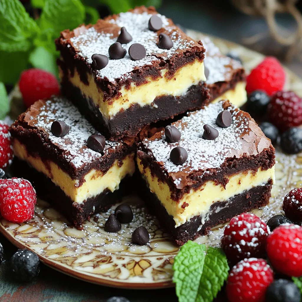 To make delicious cheesecake brownies, you need these key ingredients: - 1/2 cup (115g) unsalted butter, melted - 1 cup (200g) granulated sugar - 2 large eggs - 1 teaspoon vanilla extract - 1/3 cup (40g) unsweetened cocoa powder - 1/2 cup (65g) all-purpose flour - 1/4 teaspoon salt - 1/4 teaspoon baking powder - 8 oz (225g) cream cheese, softened - 1/4 cup (50g) granulated sugar (for cheesecake layer) - 1 large egg (for cheesecake layer) - 1 teaspoon vanilla extract (for cheesecake layer) - 1/2 cup (90g) chocolate chips (optional) These ingredients work together to create the rich, fudgy brownie base and smooth cheesecake layer. You can add some fun touches to your cheesecake brownies: - 1/2 cup (90g) chocolate chips for extra chocolatey goodness - 1/4 teaspoon almond extract for a unique twist - Fresh fruits like raspberries or strawberries for a fruity burst - Crushed nuts for added crunch These extras can enhance the flavor and texture of your dessert. If you need to swap ingredients, try these alternatives: - Replace unsalted butter with coconut oil or margarine. - Use brown sugar instead of granulated sugar for a deeper flavor. - Swap cream cheese for Greek yogurt for a lighter option. - For a gluten-free version, use almond flour in place of all-purpose flour. These substitutions can help you customize the recipe based on your needs. If you want the full recipe, check the complete instructions above. To make the brownie layer, start by preheating your oven to 350°F (175°C). Grease an 8x8 inch baking pan or line it with parchment paper. In a mixing bowl, combine 1/2 cup melted butter and 1 cup sugar. Stir it until well mixed. Next, add 2 large eggs and 1 teaspoon vanilla extract. Mix until everything is combined. Now, sift in 1/3 cup cocoa powder, 1/2 cup flour, 1/4 teaspoon salt, and 1/4 teaspoon baking powder. Stir gently until just combined. Be careful not to overmix! The batter should be thick and rich. In a separate bowl, beat 8 oz of softened cream cheese until smooth. Add 1/4 cup sugar, 1 egg, and 1 teaspoon vanilla extract. Mix until creamy and well combined. This layer adds that delicious tangy flavor that pairs perfectly with the brownie base. Pour half of the brownie batter into your prepared baking pan. Spread it evenly across the bottom. Now, dollop spoonfuls of the cheesecake mixture on top of the brownie layer. Use a knife or toothpick to swirl both layers together. This creates a beautiful marbled effect. Next, gently pour the remaining brownie batter on top. Spread it carefully so you do not disturb the cheesecake layer underneath. If you want extra decadence, sprinkle 1/2 cup chocolate chips on top. Bake in the preheated oven for 30-35 minutes. Check with a toothpick; it should come out with a few moist crumbs from the brownie part. Avoid the cheesecake area when testing. Once baked, let the brownies cool in the pan for about 10 minutes. Then, lift them out using the parchment paper and let them cool completely on a wire rack. Once cooled, cut into squares and enjoy. For extra flair, dust with powdered sugar and add fresh berries or mint leaves. For the complete recipe, refer to the Full Recipe. To create a stunning marble effect, use a knife or toothpick. After you dollop the cheesecake mix on the brownie layer, swirl it gently. Start from the center and move outward. Don't overdo it; a few swirls are enough. You want to see both layers. This contrast makes your dessert look beautiful and appetizing. Baking time is key to achieving the right texture. Use a toothpick to check for doneness. Insert it into the brownie part, not the cheesecake. Aim for a few moist crumbs on the toothpick. If it comes out clean, your brownies may be overbaked. Keep an eye on the clock and your brownies will turn out soft and chewy. Let your brownies cool in the pan for about ten minutes. This helps them set without falling apart. For best results, transfer them to a wire rack. Once fully cool, cut them into squares. Serve on a pretty plate, and add a dusting of powdered sugar. Fresh berries or mint leaves add a lovely touch. Enjoy your cheesecake brownies, and watch everyone smile! For the complete recipe, you can refer to the Full Recipe. {{image_2}} You can easily switch up the flavors in your cheesecake brownies. For a minty twist, add 1 teaspoon of mint extract to the cheesecake layer. This brings a refreshing taste that pairs well with chocolate. If you desire a coffee kick, mix in 1 tablespoon of instant espresso powder into the brownie batter. This adds depth and a rich flavor. Toppings can elevate your brownies. Try adding a sprinkle of crushed nuts, like walnuts or pecans, for crunch. You can also drizzle melted chocolate or caramel over the top for an extra sweet touch. For a fruity flavor, add fresh raspberries or strawberries as a garnish. These toppings make your brownies look as good as they taste. If you want a quicker method, try no-bake cheesecake brownies. Use the same brownie base, but for the cheesecake layer, mix 8 oz cream cheese, 1/4 cup sugar, and 1 teaspoon vanilla. Fold in 1 cup of whipped cream instead of eggs. Spread this layer on top of the cooled brownie base and chill for at least 4 hours. This gives you a creamy, cool dessert perfect for hot days. To keep your cheesecake brownies fresh, store them in an airtight container. This helps prevent them from drying out. I recommend placing parchment paper between layers to avoid sticking. You can keep them at room temperature for a day or two. If you want to keep them longer, refrigerate them. You can freeze cheesecake brownies for a tasty treat later. First, let them cool completely. Then, cut them into squares. Wrap each square tightly in plastic wrap. Place the wrapped brownies in a freezer-safe bag or container. Label the bag with the date. They will stay fresh in the freezer for up to three months. Cheesecake brownies can last for a week in the fridge. After that, the texture may change, but they will still taste good. If stored properly in the freezer, they can last for three months without losing flavor. Enjoy them fresh, or save some for later! You can find the full recipe for these delicious brownies and more tips on how to enjoy them. To cut cheesecake brownies, use a sharp knife. First, let them cool completely. For clean cuts, dip the knife in hot water. Wipe it dry after each cut. This helps prevent the layers from sticking together. You can also chill them for an hour before cutting. This makes it easier to slice through both layers. Yes, you can make cheesecake brownies ahead of time. They taste great when made a day in advance. Store them in an airtight container at room temperature. If you want to keep them longer, refrigerate them. Just remember to bring them back to room temperature before serving. If you need a substitute for cream cheese, try using Greek yogurt. It gives a similar creamy texture. You can also use mascarpone cheese, which adds a rich flavor. Silken tofu is another option for a dairy-free alternative. Just blend it well to ensure a smooth consistency in your cheesecake layer. For the best results, stick to these options to keep the taste close to the original. Cheesecake brownies combine rich brownie flavor with smooth cheesecake. We covered ingredients, including must-haves and tasty alternatives. Next, you learned how to prepare the batter, make the creamy layer, and bake. Tips for a perfect marble effect and baking techniques helped along the way. We explored fun variations, from mint to no-bake options, and discussed storage methods. Enjoy creating this treat that dazzles taste buds and impresses friends. Happy baking!