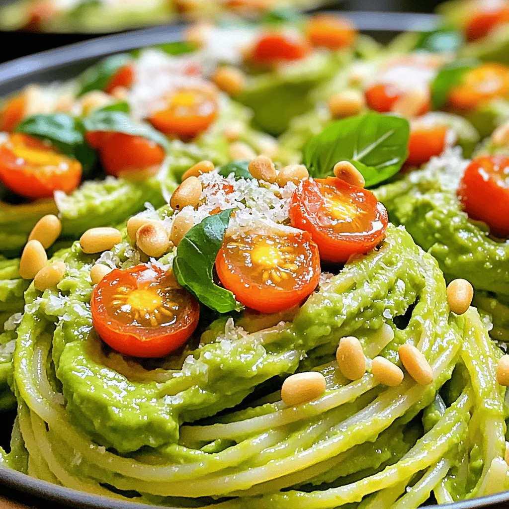 - 2 ripe avocados, pitted and peeled - 12 ounces pasta of choice (spaghetti or fettuccine) - 3 cloves of garlic, minced - 2 tablespoons lemon juice - 1/4 cup fresh basil leaves - 1/4 cup olive oil - Salt and pepper to taste The main ingredients make this dish shine. Ripe avocados add creaminess without dairy. Choose your favorite pasta for a nice bite. Garlic and lemon juice bring bold flavors. Fresh basil adds a hint of sweetness. Olive oil helps blend everything smoothly. - 1/2 cup cherry tomatoes, halved - 2 tablespoons pine nuts (toasted) - Grated Parmesan cheese (optional for serving) Optional ingredients can elevate your dish. Cherry tomatoes add color and sweetness. Toasted pine nuts bring a nice crunch. If you like cheese, add some Parmesan for extra flavor. - Gluten-free options available - Vegan-friendly substitutions possible You can make this dish fit your needs. Use gluten-free pasta for a gluten-free meal. Swap out cheese for nutritional yeast to keep it vegan. These small changes keep everyone happy at the table. For the full recipe, check [Full Recipe]. Start by boiling a large pot of water. Add a generous amount of salt; this flavors the pasta. Once the water is boiling, add 12 ounces of your choice pasta. I love using spaghetti or fettuccine, but you can pick what you like best. Cook the pasta according to the package instructions. You want it to be al dente, which means it should still have a slight bite. This usually takes around 8 to 10 minutes. When it's ready, reserve about 1 cup of that starchy pasta water. Then, drain the pasta in a colander and set it aside. Now, let’s make that creamy avocado sauce! Grab your food processor and add the ripe avocados, minced garlic, lemon juice, fresh basil leaves, and olive oil. Blend these ingredients until they are smooth and creamy. If the sauce feels too thick, don’t worry! Just add a little bit of the reserved pasta water. This helps you reach a nice, silky texture that coats the pasta perfectly. In a large mixing bowl, combine the hot pasta with your creamy avocado sauce. Toss everything together so the pasta is evenly coated. If the sauce is too thick, add more reserved pasta water until you get your desired consistency. Now, for some extra flavor and crunch, gently fold in the halved cherry tomatoes and toasted pine nuts. This adds a nice pop of color and texture to your dish. Serve immediately, and don’t forget to sprinkle some grated Parmesan cheese on top if you like! Enjoy your creamy avocado pasta! [Full Recipe] To get the best creamy texture for your avocado pasta, pay attention to the pasta water. This water is starchy and helps adjust the sauce's thickness. If your sauce feels too thick, add a little pasta water. This simple trick keeps your dish smooth and rich. For flavor, use olive oil at room temperature. Warm oil blends well with the other ingredients. It helps release the flavors in the garlic and basil. Just remember not to overheat it, as that can change the taste. You can easily spice up your avocado pasta. Adding red pepper flakes gives a nice kick. Fresh herbs like parsley or cilantro can also add a burst of flavor. Try mixing in a dash of smoked paprika for a hint of smokiness. For serving, squeeze fresh lemon juice on top. It adds brightness and balances the creaminess. You can also serve the pasta with a side salad to add freshness to your meal. Garnishing is key to making your dish appealing. Top your pasta with extra halved cherry tomatoes. A sprinkle of fresh basil adds color and flavor. You can also drizzle a bit of olive oil over the top for shine. Choose wide, shallow bowls for serving. These bowls allow your pasta to stand out. Arrange the dish beautifully, and it will impress your guests. Remember, a well-presented meal makes it taste even better! For the complete recipe, check out the [Full Recipe]. {{image_2}} You can use many types of pasta for creamy avocado pasta. Traditional options like spaghetti or fettuccine work well. However, if you need gluten-free pasta, try rice or chickpea pasta. These options keep the dish tasty and safe for gluten-free diets. Whole wheat pasta is also a great choice. It adds fiber and a nutty flavor. You might even explore alternative grains like quinoa or buckwheat. Each choice gives a new twist to this creamy dish. Want to spice things up? Add chili flakes to your avocado sauce. This brings a nice heat and makes the dish more exciting. For protein lovers, consider adding grilled chicken or shrimp. Both pair well with the creamy sauce and add a filling element. You can even mix in some cooked bacon bits for a savory crunch. Experimenting with flavors can turn this simple recipe into something truly special. Using seasonal ingredients can elevate your creamy avocado pasta. In the spring and summer, add fresh veggies like zucchini or asparagus. They add color and nutrition. In the fall, consider roasted butternut squash or Brussels sprouts. These add a sweet and earthy touch. Nuts can also change the dish’s texture. Try walnuts, almonds, or even pistachios for a delightful crunch. Each seasonal ingredient gives you a new way to enjoy this classic dish. For the full recipe, check out the Creamy Avocado Pasta section. To keep your creamy avocado pasta fresh, place it in an airtight container. This helps prevent air from spoiling the dish. Store it in the fridge. It stays good for about 2 days. After that, the taste may fade. You can also keep the pasta separate from the sauce. This will help keep both fresher for longer. If you want to save some for later, you can freeze avocado pasta. First, let it cool completely. Then, scoop portions into freezer bags. Squeeze out as much air as you can before sealing. To reheat, thaw it overnight in the fridge. Then, warm it on low heat. Add a splash of olive oil or pasta water to restore creaminess. To keep your avocado green, add a splash of lemon juice. This helps slow down browning. You can also wrap it tightly in plastic wrap. Another option is to place a piece of plastic directly on the sauce. This minimizes air exposure. If you want to preserve freshness, use a vacuum-sealed container. To make your avocado sauce smoother, you can use a food processor. Blend the ingredients well until you see a creamy texture. If needed, add a little reserved pasta water. This extra liquid helps adjust the thickness. Just add a small amount at a time until you reach your desired consistency. Yes, you can prepare this dish in advance! To do this, cook your pasta and blend the avocado sauce. Store them separately. Keep the sauce in the fridge. It stays fresh for about one day. When you are ready to eat, combine them. This helps the pasta stay firm and not soggy. Absolutely! This recipe is great for meal prep. You can make a big batch of the dish and store it in portions. Use airtight containers to keep it fresh. It’s best to consume within three days. A good tip is to keep the sauce separate until you are ready to serve. This keeps everything fresh and tasty. In this post, we explored how to make creamy avocado pasta. We covered key ingredients like ripe avocados, pasta, garlic, and olive oil. You learned how to cook the pasta, prepare the sauce, and combine the two. We shared tips for a perfect texture and flavor, plus creative variations. Lastly, we discussed storing leftovers and keeping your pasta fresh. This dish is not only delicious but also easy to customize. Enjoy making your creamy avocado pasta and impress your friends and family!