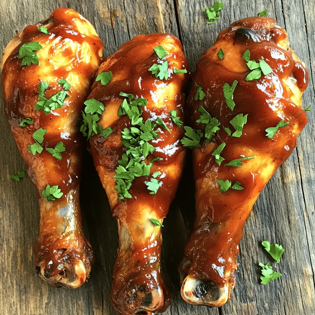 To make baked BBQ chicken drumsticks, you need a few key items. Here’s what you’ll need: - 10 chicken drumsticks - 1 cup BBQ sauce (store-bought or homemade) - 2 tablespoons honey - 1 tablespoon apple cider vinegar - 1 teaspoon smoked paprika - 1 teaspoon garlic powder - 1 teaspoon onion powder - 1/2 teaspoon cayenne pepper (adjust to taste) - Salt and pepper to taste - Fresh parsley, chopped (for garnish) These ingredients work well together. They give the chicken a great taste and texture. The honey adds sweetness, while the cayenne gives it a kick. You can change the flavor of your drumsticks with some optional ingredients. Here are a few ideas: - Fresh herbs like thyme or rosemary - Dijon mustard for a tangy twist - Liquid smoke for an added smoky flavor - Lime or lemon juice for brightness - Different spices like cumin or chili powder These options let you have fun with your dish. You can make it your own by adding flavors you love. Choosing the right BBQ sauce can change the whole dish. Here are some popular types you might like: - Sweet and tangy sauces for a classic taste - Spicy sauces for those who love heat - Smoky sauces for a rich flavor - Mustard-based sauces for a unique twist You can use any sauce you prefer. Just find one that fits your taste. For a great base, try the full recipe for sweet and spicy baked BBQ chicken drumsticks. Start by gathering all your ingredients. You will need 10 chicken drumsticks, BBQ sauce, honey, apple cider vinegar, smoked paprika, garlic powder, onion powder, cayenne pepper, salt, and pepper. Don't forget fresh parsley for garnish. Preheat your oven to 400°F (200°C). Line a baking sheet with aluminum foil for easy cleanup. Place a wire rack on top of the sheet. This helps air circulate around the drumsticks, making them crispy. In a large bowl, mix the BBQ sauce, honey, apple cider vinegar, smoked paprika, garlic powder, onion powder, cayenne pepper, salt, and pepper. Stir until all ingredients blend well. Add the chicken drumsticks to the bowl. Toss them in the marinade until they are fully coated. For the best flavor, let them marinate for at least 30 minutes. You can also let them sit in the fridge overnight for deeper flavor. Once marinated, arrange the drumsticks on the wire rack. Make sure to leave space between each piece for even cooking. Bake them in the preheated oven for 35-40 minutes. Check that the internal temperature reaches 165°F (75°C). For a nice caramelized finish, turn on the broiler for the last 3-5 minutes. Watch them closely to avoid burning. After baking, let the drumsticks rest for 5 minutes. Drizzle with any leftover BBQ sauce if you want. Garnish with chopped parsley before serving. For the full recipe, refer to the instructions provided above. To get the best BBQ flavor, you need a great marinade. Use a mix of BBQ sauce, honey, and spices. The honey adds a nice sweetness. The apple cider vinegar brings a little tang. Smoked paprika gives that smoky taste everyone loves. Make sure you let the drumsticks soak in the marinade for at least 30 minutes. For even more flavor, marinate them overnight in the fridge. Crispy skin is a must for great drumsticks. Start by drying the chicken well with paper towels. This helps the skin crisp up. When you place the drumsticks on a wire rack, it allows hot air to circulate around them. Bake them at 400°F (200°C) for 35-40 minutes. For an extra crispy finish, turn on the broiler for the last few minutes. Keep a close watch to avoid burning. Cook the drumsticks until they reach an internal temperature of 165°F (75°C). Use a meat thermometer to check. Baking them at 400°F (200°C) gives the best results. If you want to cook them faster, you can increase the temperature slightly. Just be careful not to dry them out. Always let the chicken rest for about 5 minutes after baking. This helps the juices settle and keeps the meat tender. {{image_2}} To make spicy baked BBQ chicken drumsticks, add more cayenne pepper or hot sauce. Mix these into the marinade. This will add a kick that spice lovers will enjoy. You can also try adding chili powder or crushed red pepper. These spices will give your chicken a nice heat. For a sweet twist, make honey garlic chicken drumsticks. Replace some BBQ sauce with honey. Add minced garlic to the marinade too. This combo will give your chicken a sweet and savory taste. The honey helps the chicken caramelize in the oven, creating a delightful glaze. You can cook these drumsticks in different ways. Grilling adds a smoky flavor. Just preheat your grill and cook the drumsticks over medium heat. Turn them often for even cooking. If you choose air frying, it’s fast and makes the skin crispy. Set your air fryer to 400°F (200°C) and cook for about 25 minutes. Flip halfway through for best results. Each method gives you delicious chicken, so try them all! For the full recipe, check out the sweet and spicy baked BBQ chicken drumsticks. To store leftover drumsticks, let them cool first. Place them in an airtight container. You can also wrap them tightly in plastic wrap. Make sure to keep them in the fridge. They will stay fresh for up to three days. When reheating drumsticks, I recommend using the oven. Set your oven to 350°F (175°C). Place the drumsticks on a baking sheet. Cover them with foil to keep them moist. Reheat for about 15-20 minutes. You can also check the internal temp; it should reach 165°F (75°C) to be safe. If you want to freeze drumsticks, wrap them tightly in foil. Place them in a freezer-safe bag or container. They can last for about three months in the freezer. When you’re ready to eat, thaw them in the fridge overnight. Then, reheat them in the oven for the best texture. For more details, check the Full Recipe. Yes, you can use other chicken cuts. Bone-in thighs or wings work well, too. Adjust the cooking time based on the cut. Thighs usually take a bit longer. Wings can cook faster, so watch them closely. Each cut brings its own taste and texture. Making BBQ sauce at home is easy and fun. Start with these simple ingredients: - 1 cup ketchup - 1/4 cup apple cider vinegar - 1/4 cup brown sugar - 1 tablespoon Worcestershire sauce - 1 teaspoon garlic powder - 1 teaspoon onion powder - Salt and pepper to taste Mix all the ingredients in a bowl. Adjust the sweetness or tanginess to your liking. Use this sauce in place of store-bought for a fresh taste! Baked BBQ chicken drumsticks pair well with many sides. Here are a few ideas: - Coleslaw for crunch - Cornbread for a sweet touch - Baked beans for heartiness - Grilled vegetables for color These sides balance the rich flavor of the drumsticks and make your meal complete. To check if the chicken is done, use a meat thermometer. The internal temperature should reach 165°F (75°C). You can also cut into the thickest part. The juices should run clear, not pink. Always ensure the chicken is cooked to avoid any health risks. In this guide, we explored making baked BBQ chicken drumsticks. We covered key ingredients, steps for marinating and baking, plus tips for perfect flavor. You learned variations like spicy or honey garlic drumsticks, and how to store leftovers. By using these tips, you’ll impress everyone with juicy, tasty drumsticks. Now, get ready to cook and enjoy a delicious meal!