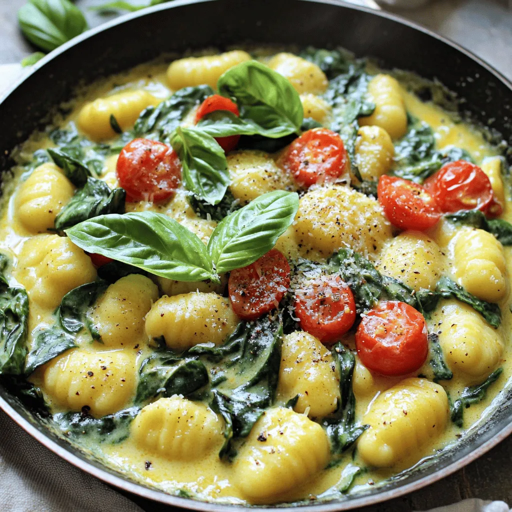 To make the 20-Minute One-Pan Spinach Gnocchi, you’ll need these simple ingredients: - 1 package (16 oz) of gnocchi (fresh or frozen) - 2 cups fresh spinach, chopped - 1 cup cherry tomatoes, halved - 2 cloves garlic, minced - 1 cup vegetable broth - 1/2 cup heavy cream - 1 teaspoon Italian seasoning - Salt and pepper to taste - 1/4 cup grated Parmesan cheese (optional) - 2 tablespoons olive oil - Fresh basil leaves for garnish Each ingredient plays a key role in creating a tasty dish. The gnocchi serves as the base, providing a soft and pillowy texture. Fresh spinach adds color and nutrition, while cherry tomatoes bring sweetness and acidity. Garlic adds depth, and the vegetable broth keeps everything moist. Heavy cream creates a rich and creamy sauce, while Italian seasoning adds a classic flavor. Salt and pepper enhance all the tastes. If you like cheese, sprinkle some Parmesan on top for extra creaminess. Finally, fresh basil brings a lovely aroma and fresh touch. You can find the full recipe in the article. Enjoy cooking! 1. Heat olive oil and sauté garlic Start by heating two tablespoons of olive oil in a large, non-stick skillet over medium heat. Add two cloves of minced garlic. Sauté for about 30 seconds. Watch closely, as garlic can burn easily. 2. Cook cherry tomatoes Next, stir in one cup of halved cherry tomatoes. Cook for 2 to 3 minutes, letting them soften a bit. This adds a sweet burst of flavor. 3. Add gnocchi and vegetable broth Now, add one package of gnocchi and pour in one cup of vegetable broth. Stir everything together. Bring the mix to a gentle simmer. 4. Simmer gnocchi until tender Cover the pan and let it simmer for 5 to 7 minutes. This step is key for cooking the gnocchi. They should be tender and cooked through. 5. Combine spinach and heavy cream Once the gnocchi are done, remove the lid. Add two cups of chopped spinach and half a cup of heavy cream. Stir well until the spinach wilts. 6. Season and garnish before serving Season with one teaspoon of Italian seasoning, salt, and pepper to taste. If you like, sprinkle in some grated Parmesan cheese. This adds creaminess and flavor. 7. Full Recipe Link For the complete recipe, check out the [Full Recipe](#). These steps help create a quick and tasty meal. Enjoy your cooking! - How to prevent burning garlic: To keep garlic from burning, cook it on medium heat. Add garlic to the pan only when the oil is hot. Stir it quickly for about 30 seconds until it smells good. If it starts to turn brown, remove it right away. - Ensuring perfect gnocchi texture: Use fresh or frozen gnocchi for best results. Cook gnocchi until they float, which means they are done. If you overcook them, they can get mushy. Simmer gently and keep an eye on them. - Balancing flavors with seasoning: Taste as you go. Add salt and pepper slowly. Italian seasoning adds great flavor, but don’t overdo it. Fresh basil at the end adds a nice touch and brightens the dish. - Presentation tips for an appealing dish: Serve the gnocchi right from the pan for a cozy look. For a fancier touch, place it in bowls. Drizzle olive oil on top and sprinkle more Parmesan cheese. Fresh basil leaves make a lovely garnish. - Pairing with side dishes or beverages: This dish pairs well with a crisp salad or garlic bread. A light white wine, like Pinot Grigio, complements the flavors nicely. For a non-alcoholic option, try sparkling water with lemon. You can find the full recipe [here](#). {{image_2}} If you want to swap out heavy cream, you have options. You can use coconut milk for a dairy-free choice. It adds a nice creaminess. Greek yogurt is another great option. It gives a tangy flavor and is lower in fat. For veggies, feel free to mix it up. You can add bell peppers, zucchini, or mushrooms. These will add color and extra nutrients. If you're keen on protein, consider adding cooked chicken or shrimp. Both will make this meal heartier. To boost flavor, try adding spices. Red pepper flakes can give it a nice kick. You can also use fresh herbs like thyme or oregano. They add freshness and depth to the dish. Cheese is also a fun way to change things up. Instead of Parmesan, try feta or goat cheese for a tangy twist. You can even mix in a bit of mozzarella for a cheesy pull. This will make your dish rich and creamy. For more details on this recipe, check out the Full Recipe. To keep your gnocchi fresh, store it in an airtight container. This helps prevent moisture loss and keeps flavors intact. Place the container in the fridge for up to three days. When you’re ready to reheat, use a skillet over medium heat. Add a splash of broth or cream to keep it moist. Stir gently until warmed through. This method brings back the lovely texture and flavor. If you want to save some for later, freezing is a great option. First, let the gnocchi cool completely. Then, place it in a freezer-safe bag. Try to remove as much air as possible to avoid freezer burn. You can freeze it for up to three months. To thaw, just put the bag in the fridge overnight. When ready to eat, heat it in a skillet with a bit of broth or cream. This keeps the dish tasty and creamy. For the full recipe, check out the link to make this quick meal! Yes, you can use frozen spinach. Just thaw and drain it first. This helps avoid excess water in your dish. You can use either fresh or frozen gnocchi. Both work well and have great taste. To make it vegan, swap heavy cream for coconut milk or cashew cream. Omit the cheese or use a plant-based alternative. Absolutely! You can add cooked chicken, shrimp, or chickpeas. These add flavor and make the meal heartier. It stays fresh for up to three days in the fridge. Store it in an airtight container for best results. For the full recipe, check the link above. This blog post shared a tasty gnocchi recipe. You learned about the ingredients needed, from spinach to Parmesan cheese. I provided step-by-step cooking instructions that make it easy to follow. Tips for perfecting the dish help you avoid common mistakes. You also discovered variations for different tastes and storage info for leftovers. I hope you feel inspired to cook this meal. Enjoy the simplicity and flavor it brings.