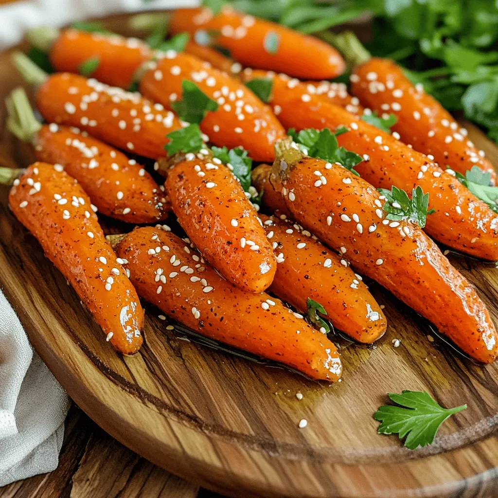 - 1 pound of baby carrots (or regular carrots, cut into sticks) - 2 tablespoons olive oil - 2 tablespoons honey - 1 teaspoon ground cinnamon - 1/2 teaspoon cayenne pepper (adjust for heat preference) - 1 teaspoon smoked paprika - Salt and pepper to taste The main ingredients for sweet and spicy roasted carrots are simple yet powerful. Carrots bring natural sweetness and a lovely crunch. I often choose baby carrots for their ease, but regular carrots work too. Just cut them into sticks for even cooking. Olive oil helps the spices stick and adds richness. Honey balances the heat from cayenne pepper, making each bite a delight. Ground cinnamon adds warmth, while smoked paprika gives a subtle smokiness. Don’t forget salt and pepper; they enhance all the flavors. - Fresh parsley for garnish - Sesame seeds for topping Garnishes can elevate your dish. Fresh parsley adds a burst of color and freshness. It also helps cut through the sweetness. If you want extra crunch, sprinkle sesame seeds on top. They add a nice texture and a hint of nuttiness. Both options make your roasted carrots look and taste even better. - Baking sheet - Parchment paper - Mixing bowl Having the right tools makes cooking easier. A baking sheet is essential for roasting. Parchment paper ensures your carrots don’t stick and makes cleanup simple. A mixing bowl is where all the magic happens. You’ll combine the glaze ingredients and coat your carrots in it. Having these tools ready will help you create a delicious dish without any hassle. For the full recipe, check out the detailed instructions. First, preheat your oven to 425°F (220°C). This high heat helps the carrots to caramelize nicely. Next, create the glaze mixture by combining olive oil, honey, ground cinnamon, cayenne pepper, smoked paprika, salt, and pepper in a large mixing bowl. Stir it well until everything blends together smoothly. Now it’s time to coat the carrots. Add your baby carrots into the bowl. Toss them gently in the glaze. Make sure each carrot is fully covered. This step ensures they soak up all that sweet and spicy flavor. After coating, line a baking sheet with parchment paper. It makes for easy cleanup later. Spread the coated carrots evenly on the baking sheet. You want them in a single layer for even cooking. Roast the carrots in the oven for 25-30 minutes. Remember to flip them halfway through. This helps them cook evenly and get that perfect caramelization. When they’re done, they should be tender and golden. For the full recipe, refer to the instructions above. Enjoy your delicious sweet and spicy roasted carrots! To get that rich, sweet flavor in your roasted carrots, aim for a roasting time of 25 to 30 minutes at 425°F (220°C). This heat helps the natural sugars in the carrots caramelize. To ensure even cooking, toss the carrots halfway through the roasting time. This step redistributes the glaze and promotes uniform browning, making each bite delicious. You can adjust the sweetness and heat in your dish. Add more honey for sweetness, or increase the cayenne if you like spice. Don't be afraid to experiment with different spices too. Try adding cumin for warmth or ginger for a fresh twist. Each change can create a new and exciting flavor profile. Make your dish pop with some garnishing. Chopped fresh parsley adds a bright color and fresh taste. For extra crunch, sprinkle sesame seeds on top. Serve these roasted carrots on a nice platter for special occasions, or just enjoy them as a side dish at dinner. They look great and taste even better! For the complete recipe, check out the [Full Recipe]. {{image_2}} You can use baby carrots or regular carrots for this dish. Baby carrots are sweet, tender, and easy to prepare. They just need a good wash before cooking. Regular carrots give a heartier texture when cut into sticks. Both types work well, so choose what you have on hand. If you want, you can even mix them for fun colors and textures. To boost the flavor of your roasted carrots, try adding garlic or ginger. Minced garlic brings a savory depth. Fresh ginger adds a zesty kick. You can toss these ingredients into the glaze for a delicious twist. Citrus zest, like lemon or orange, brightens the dish too. Just add a teaspoon or two before roasting for a fresh burst of flavor. Want to make this dish vegan-friendly? Simply replace honey with maple syrup or agave nectar. Both options add sweetness without animal products. For a low-sugar version, reduce the sweetener to your taste. You can also skip it altogether and let the natural sweetness of carrots shine. This way, you keep all the flavor while meeting your dietary needs. To keep your roasted carrots fresh, store them in an airtight container. This helps prevent moisture loss and keeps them tasty. You can keep them in the fridge for up to five days. If you want to enjoy them later, make sure they cool down fully before sealing. When you're ready to eat the leftovers, I suggest reheating them in the oven. Set your oven to 350°F (175°C). Spread the carrots on a baking sheet and heat for about ten minutes. This keeps them crispy and flavorful. You can also use a microwave. Just place them in a microwave-safe dish and heat for 1-2 minutes, checking often. Yes, you can freeze sweet and spicy roasted carrots! To do this, let them cool completely. Then, place them in a freezer bag, sealing it tightly to remove air. They can last up to three months in the freezer. When you're ready to use them, thaw them overnight in the fridge. Reheat as mentioned before to enjoy their delicious taste. Roasting carrots takes about 25 to 30 minutes at 425°F (220°C). This time allows them to become tender and caramelized. To get the best texture, toss the carrots halfway through cooking. This helps them cook evenly. Check for doneness by poking them with a fork. If they are soft, they are ready! Yes, you can swap in other veggies! Sweet potatoes, parsnips, or bell peppers work well. Each will add its own unique taste. Just remember to cut them into similar sizes for even cooking. You can also adjust the spices to match your chosen vegetable. This keeps the sweet and spicy flavors alive! These roasted carrots pair well with many dishes. Try serving them with grilled chicken, fish, or tofu for protein. They also go great with quinoa or rice for a hearty meal. Add a fresh salad on the side for a balanced plate. Don't forget to check the full recipe for more delicious ideas! Sweet and spicy roasted carrots make a simple yet tasty dish. We talked about the key ingredients: carrots, olive oil, honey, and spices. You learned how to prepare, roast, and present them. Plus, we covered tips for perfect carrots and ways to customize the recipe. Don't forget to check storage tips for leftovers. Enjoy experimenting with flavors and serving this dish at your next meal. Happy cooking!