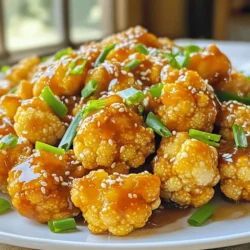 - 1 large head of cauliflower, cut into bite-sized florets - 1 cup cornstarch - 1/2 cup all-purpose flour - 1 teaspoon garlic powder - 1 teaspoon ginger powder - 1 teaspoon baking powder - 1/2 teaspoon salt - 1 cup water (adjust for consistency) - Oil for frying (vegetable or canola) - 2 tablespoons sesame oil - 4 green onions, chopped (white and green parts separated) - 2-3 cloves garlic, minced - 1-inch piece of fresh ginger, minced - 1/4 cup soy sauce (low sodium preferred) - 1/4 cup honey or maple syrup - 2 tablespoons rice vinegar - 1 tablespoon sriracha (adjust for heat preference) - Sesame seeds for garnish - Fresh cilantro for garnish - Additional vegetables like bell peppers or broccoli - Cashews or peanuts for crunch - Large bowl for batter mixing - Deep frying pan or wok for frying - Whisk for mixing ingredients - Slotted spoon for removing cauliflower - Paper towels for draining oil - Serving platter for presentation I love using fresh ingredients for this recipe. Each item plays a role in the taste and texture of the dish. For example, the cornstarch makes the cauliflower crispy. The sesame oil adds a nice nutty flavor. I also like to use low-sodium soy sauce, as it lets the other flavors shine without being too salty. Feel free to get creative! You can add optional ingredients like peanuts for a fun crunch. The equipment needed is simple and common. Most of us already have a frying pan and a bowl in our kitchens. You can find the full recipe to guide you through the cooking process. Enjoy! Rinse the cauliflower under cold water. Make sure to dry it well with a kitchen towel. Cut the cauliflower into bite-sized florets. This helps them cook evenly. You want each piece to be around the same size for a good fry. In a large bowl, combine the cornstarch, all-purpose flour, garlic powder, ginger powder, baking powder, and salt. Mix these dry ingredients well. Gradually pour in the water, whisking as you go. You want a smooth batter that lightly coats the back of a spoon. If it’s too thick, add a bit more water. Heat oil in a deep frying pan or wok over medium heat. Once the oil is hot, dip each cauliflower floret into the batter. Make sure to coat each piece well, but shake off any extra batter. Carefully add the florets to the hot oil in batches. Fry them for about 4-5 minutes until they turn golden brown and crispy. Use a slotted spoon to remove them and place them on a paper towel to drain. In another pan, heat the sesame oil over medium heat. Add the white parts of the chopped green onions, minced garlic, and ginger. Sauté these for about 1-2 minutes until they smell great. Then, pour in the soy sauce, honey (or maple syrup), rice vinegar, and sriracha. Stir this mixture for 2-3 minutes until the sauce thickens slightly. Add the fried cauliflower to the sauce. Toss gently, making sure each floret is well coated. Cook on low heat for about 2 more minutes. This allows the flavors to mingle nicely. Transfer the General Tso’s Cauliflower to a serving platter. Garnish it with the green parts of the chopped green onions and a sprinkle of sesame seeds. This adds a nice crunch and makes it look pretty. Enjoy this dish hot for the best taste! For the full recipe, check out the section above. To get that perfect crunch, start with dry florets. Rinse them well, then pat them dry with a towel. A dry surface helps the batter stick better. Use a mix of cornstarch and flour for the batter. Cornstarch gives a light, crispy texture. Fry in hot oil until golden brown. This usually takes about 4-5 minutes. Do you like heat? Adjust the sriracha in the sauce. You can add more or less based on your taste. For a milder dish, skip the sriracha or use a small amount. If you want more spice, try adding crushed red pepper flakes. Taste the sauce before you add the cauliflower. This way, you can control the spice level. When coating the cauliflower, dip each floret fully in the batter. Shake off extra batter to avoid clumps. A thin, even layer works best for frying. This helps the cauliflower cook evenly. You can also use a fork to help coat each piece. This method keeps your hands clean and makes the process quicker. For a fun twist, try adding spices to the batter. Garlic powder and ginger powder bring out amazing flavors in the dish. For the complete cooking experience, check out the Full Recipe. {{image_2}} You can easily make this dish vegan. Instead of honey, use maple syrup. Maple syrup adds a sweet taste without any animal products. It blends well with the sauce. You won't miss the honey at all. This swap keeps the dish tasty and friendly for all diets. To make General Tso's Cauliflower gluten-free, substitute all-purpose flour with a gluten-free blend. Look for a mix that works well in frying. Cornstarch is already gluten-free, so you're in good shape. Ensure your soy sauce is gluten-free as well, using tamari instead. This way, everyone can enjoy this crunchy dish. You can customize your General Tso's Cauliflower to fit your taste. Add bell peppers or broccoli for extra color and crunch. You can also toss in some cashews for a nutty twist. Feel free to adjust the spice level by adding more sriracha or red pepper flakes. Make it your own, and enjoy the fun of cooking! For a complete guide, check out the Full Recipe. After cooking, let your General Tso's Cauliflower cool down. Place it in an airtight container. It stays fresh for about 3 to 4 days in the fridge. Make sure to keep the dish away from strong-smelling foods. This helps avoid any flavor changes. When ready to eat, check for any signs of spoilage before reheating. To reheat, use an oven or an air fryer. Preheat your oven to 350°F (175°C). Spread the cauliflower on a baking sheet. Heat for about 10-15 minutes until crispy again. If using an air fryer, set it to 350°F and cook for 5 to 7 minutes. This method keeps your dish crunchy and tasty. Avoid using a microwave, as it can make the cauliflower soggy. You can freeze General Tso's Cauliflower for up to 2 months. First, let it cool completely. Then, place it in a freezer-safe bag or container. Squeeze out as much air as possible to avoid freezer burn. When ready to enjoy, thaw it in the fridge overnight. Reheat as mentioned earlier for the best texture. Yes, you can use frozen cauliflower. It is convenient and saves time. Just thaw the cauliflower first. Pat it dry to remove excess moisture. This helps the batter stick better. To make it spicier, add more sriracha to the sauce. You can also use red pepper flakes or fresh chili. Adjust the heat to fit your taste. Taste the sauce before adding more heat. General Tso's Cauliflower pairs well with rice or noodles. You can also serve it with a side of steamed veggies. For an easy meal, toss a fresh salad on the side. Yes, General Tso’s Cauliflower is a healthier option than fried chicken. Cauliflower is low in calories and high in fiber. The dish offers nutrients and flavor without excessive fat. To make it soy-free, replace soy sauce with coconut aminos. This swap keeps the umami flavor without soy. You can also use a homemade sauce with other seasonings. Check the other ingredients for hidden soy as well. For the full recipe, check out the detailed instructions above. You now know how to make General Tso's Cauliflower from start to finish. We covered ingredients, tools, and step-by-step instructions. Tips helped you achieve that perfect crunch. You explored variations for different diets and learned how to store leftovers. This dish is fun, tasty, and easy to make. Feel free to adjust spice levels to fit your taste. Enjoy your cooking adventure, and share it with friends for a hit at your next meal!