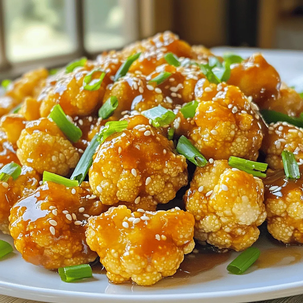 - 1 large head of cauliflower, cut into bite-sized florets - 1 cup cornstarch - 1/2 cup all-purpose flour - 1 teaspoon garlic powder - 1 teaspoon ginger powder - 1 teaspoon baking powder - 1/2 teaspoon salt - 1 cup water (adjust for consistency) - Oil for frying (vegetable or canola) - 2 tablespoons sesame oil - 4 green onions, chopped (white and green parts separated) - 2-3 cloves garlic, minced - 1-inch piece of fresh ginger, minced - 1/4 cup soy sauce (low sodium preferred) - 1/4 cup honey or maple syrup - 2 tablespoons rice vinegar - 1 tablespoon sriracha (adjust for heat preference) - Sesame seeds for garnish - Fresh cilantro for garnish - Additional vegetables like bell peppers or broccoli - Cashews or peanuts for crunch - Large bowl for batter mixing - Deep frying pan or wok for frying - Whisk for mixing ingredients - Slotted spoon for removing cauliflower - Paper towels for draining oil - Serving platter for presentation I love using fresh ingredients for this recipe. Each item plays a role in the taste and texture of the dish. For example, the cornstarch makes the cauliflower crispy. The sesame oil adds a nice nutty flavor. I also like to use low-sodium soy sauce, as it lets the other flavors shine without being too salty. Feel free to get creative! You can add optional ingredients like peanuts for a fun crunch. The equipment needed is simple and common. Most of us already have a frying pan and a bowl in our kitchens. You can find the full recipe to guide you through the cooking process. Enjoy! Rinse the cauliflower under cold water. Make sure to dry it well with a kitchen towel. Cut the cauliflower into bite-sized florets. This helps them cook evenly. You want each piece to be around the same size for a good fry. In a large bowl, combine the cornstarch, all-purpose flour, garlic powder, ginger powder, baking powder, and salt. Mix these dry ingredients well. Gradually pour in the water, whisking as you go. You want a smooth batter that lightly coats the back of a spoon. If it’s too thick, add a bit more water. Heat oil in a deep frying pan or wok over medium heat. Once the oil is hot, dip each cauliflower floret into the batter. Make sure to coat each piece well, but shake off any extra batter. Carefully add the florets to the hot oil in batches. Fry them for about 4-5 minutes until they turn golden brown and crispy. Use a slotted spoon to remove them and place them on a paper towel to drain. In another pan, heat the sesame oil over medium heat. Add the white parts of the chopped green onions, minced garlic, and ginger. Sauté these for about 1-2 minutes until they smell great. Then, pour in the soy sauce, honey (or maple syrup), rice vinegar, and sriracha. Stir this mixture for 2-3 minutes until the sauce thickens slightly. Add the fried cauliflower to the sauce. Toss gently, making sure each floret is well coated. Cook on low heat for about 2 more minutes. This allows the flavors to mingle nicely. Transfer the General Tso’s Cauliflower to a serving platter. Garnish it with the green parts of the chopped green onions and a sprinkle of sesame seeds. This adds a nice crunch and makes it look pretty. Enjoy this dish hot for the best taste! For the full recipe, check out the section above. To get that perfect crunch, start with dry florets. Rinse them well, then pat them dry with a towel. A dry surface helps the batter stick better. Use a mix of cornstarch and flour for the batter. Cornstarch gives a light, crispy texture. Fry in hot oil until golden brown. This usually takes about 4-5 minutes. Do you like heat? Adjust the sriracha in the sauce. You can add more or less based on your taste. For a milder dish, skip the sriracha or use a small amount. If you want more spice, try adding crushed red pepper flakes. Taste the sauce before you add the cauliflower. This way, you can control the spice level. When coating the cauliflower, dip each floret fully in the batter. Shake off extra batter to avoid clumps. A thin, even layer works best for frying. This helps the cauliflower cook evenly. You can also use a fork to help coat each piece. This method keeps your hands clean and makes the process quicker. For a fun twist, try adding spices to the batter. Garlic powder and ginger powder bring out amazing flavors in the dish. For the complete cooking experience, check out the Full Recipe. {{image_2}} You can easily make this dish vegan. Instead of honey, use maple syrup. Maple syrup adds a sweet taste without any animal products. It blends well with the sauce. You won't miss the honey at all. This swap keeps the dish tasty and friendly for all diets. To make General Tso's Cauliflower gluten-free, substitute all-purpose flour with a gluten-free blend. Look for a mix that works well in frying. Cornstarch is already gluten-free, so you're in good shape. Ensure your soy sauce is gluten-free as well, using tamari instead. This way, everyone can enjoy this crunchy dish. You can customize your General Tso's Cauliflower to fit your taste. Add bell peppers or broccoli for extra color and crunch. You can also toss in some cashews for a nutty twist. Feel free to adjust the spice level by adding more sriracha or red pepper flakes. Make it your own, and enjoy the fun of cooking! For a complete guide, check out the Full Recipe. After cooking, let your General Tso's Cauliflower cool down. Place it in an airtight container. It stays fresh for about 3 to 4 days in the fridge. Make sure to keep the dish away from strong-smelling foods. This helps avoid any flavor changes. When ready to eat, check for any signs of spoilage before reheating. To reheat, use an oven or an air fryer. Preheat your oven to 350°F (175°C). Spread the cauliflower on a baking sheet. Heat for about 10-15 minutes until crispy again. If using an air fryer, set it to 350°F and cook for 5 to 7 minutes. This method keeps your dish crunchy and tasty. Avoid using a microwave, as it can make the cauliflower soggy. You can freeze General Tso's Cauliflower for up to 2 months. First, let it cool completely. Then, place it in a freezer-safe bag or container. Squeeze out as much air as possible to avoid freezer burn. When ready to enjoy, thaw it in the fridge overnight. Reheat as mentioned earlier for the best texture. Yes, you can use frozen cauliflower. It is convenient and saves time. Just thaw the cauliflower first. Pat it dry to remove excess moisture. This helps the batter stick better. To make it spicier, add more sriracha to the sauce. You can also use red pepper flakes or fresh chili. Adjust the heat to fit your taste. Taste the sauce before adding more heat. General Tso's Cauliflower pairs well with rice or noodles. You can also serve it with a side of steamed veggies. For an easy meal, toss a fresh salad on the side. Yes, General Tso’s Cauliflower is a healthier option than fried chicken. Cauliflower is low in calories and high in fiber. The dish offers nutrients and flavor without excessive fat. To make it soy-free, replace soy sauce with coconut aminos. This swap keeps the umami flavor without soy. You can also use a homemade sauce with other seasonings. Check the other ingredients for hidden soy as well. For the full recipe, check out the detailed instructions above. You now know how to make General Tso's Cauliflower from start to finish. We covered ingredients, tools, and step-by-step instructions. Tips helped you achieve that perfect crunch. You explored variations for different diets and learned how to store leftovers. This dish is fun, tasty, and easy to make. Feel free to adjust spice levels to fit your taste. Enjoy your cooking adventure, and share it with friends for a hit at your next meal!