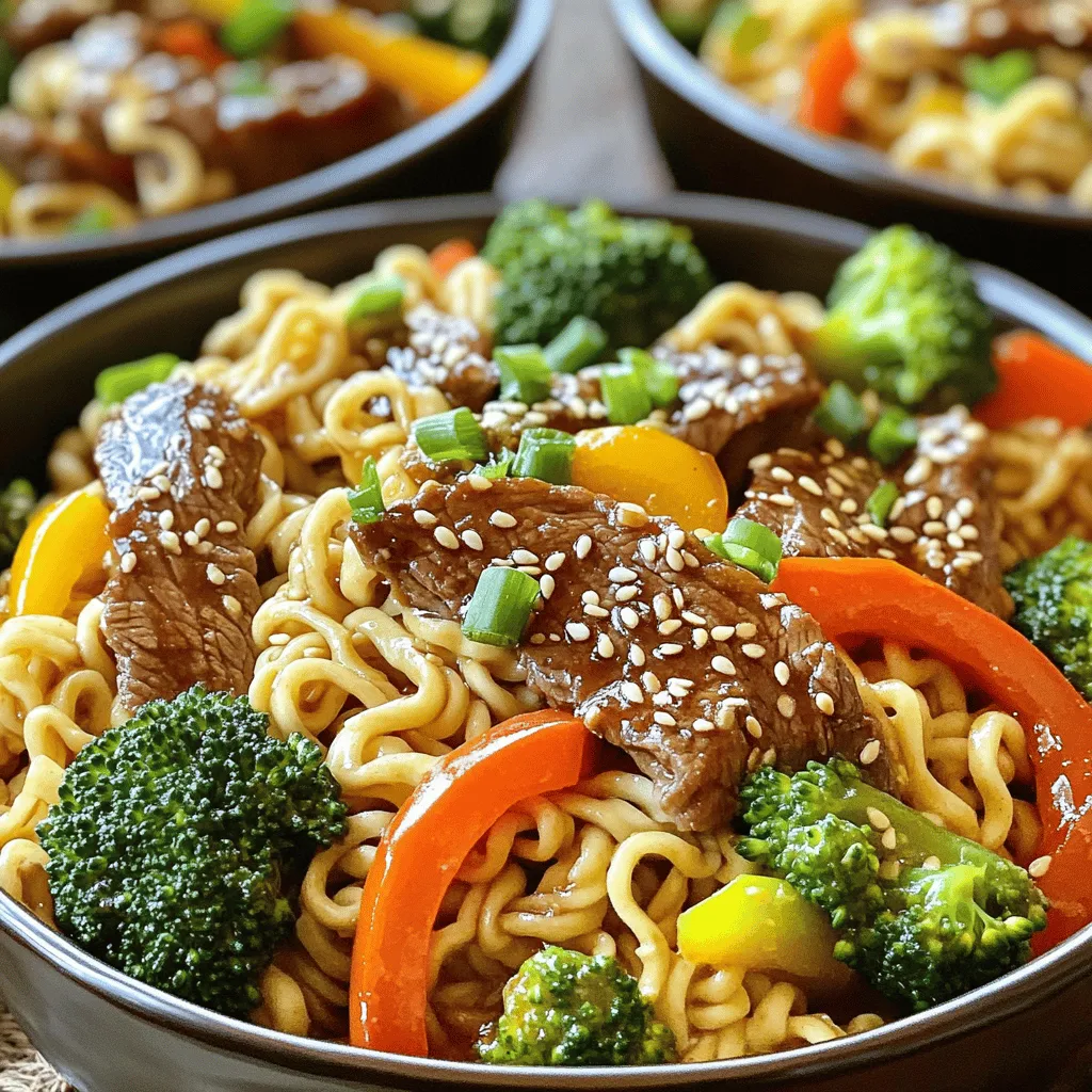 - 8 oz egg noodles - 1 lb flank steak, thinly sliced - 3 tablespoons soy sauce - 1 tablespoon oyster sauce - 1 tablespoon hoisin sauce - 2 tablespoons brown sugar - 1 teaspoon ginger, minced - 2 cloves garlic, minced - 1 bell pepper, sliced - 1 cup broccoli florets - 3 green onions, chopped (white and green parts separated) - 2 tablespoons vegetable oil - 1 teaspoon cornstarch - Salt and pepper to taste - Sesame seeds for garnish - Additional vegetables (carrots, snap peas) The main ingredients create a rich and savory flavor. You need egg noodles for a great base. Flank steak adds protein and a nice texture. The soy sauce gives saltiness, while oyster and hoisin sauces add depth. Brown sugar balances the savory flavors with a touch of sweetness. Ginger and garlic bring warmth and zest. Using fresh vegetables like bell peppers and broccoli makes the dish colorful and adds crunch. Green onions add a slight bite. Vegetable oil helps with cooking, while cornstarch thickens the sauce. Adjust salt and pepper to fit your taste. You can also add sesame seeds for a nice crunch. Other veggies like carrots or snap peas can boost nutrition and flavor. The Full Recipe shows how to combine these ingredients for a delightful meal. To make Mongolian Beef Noodles, you need some basic equipment. Grab a skillet or wok, a cutting board, and a pot for cooking noodles. These tools help you create this tasty dish with ease. 1. Prepare the Noodles: First, cook the egg noodles as the package says. Drain them and set them aside. 2. Marinate the Beef: In a bowl, mix soy sauce, oyster sauce, hoisin sauce, brown sugar, minced ginger, and minced garlic. Add the thinly sliced flank steak to the bowl. Toss it well to coat and let it sit for at least 15 minutes. 3. Cook the Beef: Heat 1 tablespoon of vegetable oil in your skillet or wok over medium-high heat. Take the flank steak out of the marinade (but keep the marinade). Stir-fry the beef for about 3-4 minutes. Cook it until it is browned and just right for you. Remove the beef from the skillet and set it aside. 4. Stir-Fry the Vegetables: In the same skillet, add the other tablespoon of vegetable oil. Toss in the white parts of the green onions, bell pepper slices, and broccoli florets. Stir-fry these for about 5 minutes. You want them to be tender yet still crisp. 5. Combine and Sauce: Put the cooked beef back into the skillet with the vegetables. Pour the reserved marinade over this mix. Combine cornstarch with 1 tablespoon of water and add it to the skillet. Stir everything together. Let the sauce thicken for about 2-3 minutes. 6. Toss in Noodles: Add the cooked egg noodles into the skillet. Toss well to mix all the ingredients. Allow the noodles to soak up the sauce flavors. Season with salt and pepper to taste. 7. Serve: Once everything is mixed, take it off the heat. Plate your Mongolian Beef Noodles. Garnish with the green parts of the chopped green onions. When serving, use large bowls for a great look. Top with extra chopped green onions and a sprinkle of sesame seeds. This adds a nice touch to your meal. To get tender flank steak, marinate it for at least 15 minutes. This helps break down the meat fibers. You can also use a meat mallet to pound it gently. When stir-frying, use a hot skillet or wok. Heat the oil until it shimmers before adding your beef. Cook in small batches to avoid steaming the meat. The sauce can be customized to fit your taste. Add a dash of sesame oil for a nutty flavor. You can also mix in chili sauce for a kick. Adding fresh herbs like cilantro or basil can brighten the dish. For an extra layer of flavor, try adding a splash of rice vinegar. A common mistake is overcooking the beef. This can make it chewy and tough. Cook it just until it's browned. Another mistake is not allowing the noodles to soak in the sauce. Toss them well to let them absorb all the delicious flavors. Enjoy your meal! {{image_2}} You can easily swap the beef for chicken, shrimp, or tofu. Each option brings a unique taste. For chicken, use thinly sliced chicken breast. Cook it just like the beef. Shrimp cooks quickly, so add it in the last few minutes. Tofu is a great choice for a vegetarian option. Press and cube firm tofu, then sauté until golden. Each protein works well with the same savory sauce. To make a fully vegetarian Mongolian noodles recipe, use more vegetables. Replace the beef with extra veggies like bell peppers, carrots, and snap peas. A mix of mushrooms adds a nice umami flavor. Use vegetable broth in place of meat sauces for depth. You can also add soy sauce or tamari for that rich taste. This way, you get all the flavors without any meat. If you love heat, add chili paste or crushed red pepper. Start with a small amount, then taste as you go. This way, you control the spice level. Mix the chili paste into the sauce for a bold kick. Crushed red pepper can be sprinkled on top right before serving. This small change can take your dish from mild to fiery. To keep your Mongolian Beef Noodles fresh, store them in airtight containers. Make sure to cool down the noodles first. You can refrigerate them for up to three days. For longer storage, freeze them in freezer-safe bags. Remove as much air as you can to prevent freezer burn. This helps keep the flavors intact. When it's time to eat your leftovers, reheat them gently. The best method is using a skillet over medium heat. Add a splash of water or broth to help steam the noodles. This keeps them from drying out. Stir frequently until heated through. You can also use the microwave, but cover the dish to trap steam. Heat in short bursts, stirring in between. Mongolian Beef Noodles can last in the fridge for about three days. In the freezer, they can stay good for about two months. Be sure to label your containers with the date. This way, you will always know how long they have been stored. Enjoy your delicious meal at its best! You can use other meats if you want. Here are some good options: - Sirloin steak - Skirt steak - Chicken breast - Pork tenderloin - Tofu for a vegetarian option Each option adds its own flavor and texture. Sirloin is tender and juicy. Chicken is lean and absorbs flavors well. Tofu is great for a meat-free dish. Choose what fits your diet and taste. Yes, you can! Here are some tips for meal prep and storage: - Cook the noodles and beef ahead of time. - Store them in separate containers. - Keep veggies fresh by adding them later. When ready to eat, just reheat in a pan. If you want to keep the taste, add a splash of soy sauce. This dish tastes just as good the next day! Mongolian Beef Noodles are not very spicy. They focus on sweet and savory flavors. If you want some heat, you can add: - Chili paste - Crushed red pepper - Fresh jalapeños Start with a little and add more if needed. This way, you can make it just right for your taste. Adjusting spice levels is simple and fun! In this article, I broke down the recipe for Mongolian Beef Noodles. I covered the main ingredients, cooking steps, and tips for the best flavor. You learned about variations, storage, and troubleshooting common mistakes. Mongolian Beef Noodles are both tasty and easy to make. This dish fits any taste, whether you prefer beef, chicken, or a spicy kick. Enjoy cooking and experimenting with your own twist!