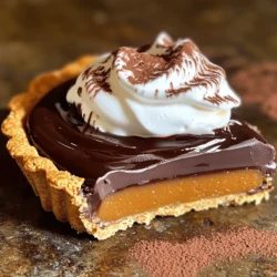 The Dark Chocolate Pumpkin Tart combines rich chocolate with creamy pumpkin. This tart is perfect for any occasion. It marries sweet and savory in a wonderful way. You can enjoy it at parties or as a cozy dessert at home. Here are the key ingredients you need for this recipe: - 1 ½ cups graham cracker crumbs - ½ cup unsalted butter, melted - ¼ cup brown sugar - 1 cup pumpkin puree (canned or fresh) - 1 cup heavy cream - 6 oz dark chocolate (70% cacao), chopped - ½ cup granulated sugar - 3 large eggs - 1 teaspoon vanilla extract - 1 teaspoon cinnamon - ½ teaspoon nutmeg - ¼ teaspoon salt These ingredients create a beautiful blend of flavors. The dark chocolate adds richness. The pumpkin brings a warm, comforting taste. You can enhance your tart with some fun toppings: - Whipped cream - Cocoa powder These garnishes add a nice touch. They make the tart look even more tempting. You can also play with flavors by adding nuts or fresh fruit. Enjoy making this tart your own! Start by making the crust. In a medium bowl, mix together the graham cracker crumbs, melted butter, and brown sugar. Stir until it looks like wet sand. Press this mixture firmly into the bottom and sides of a 9-inch tart pan. Bake the crust in a preheated oven at 350°F (175°C) for about 10 minutes. Once baked, take it out and let it cool. Next, melt the dark chocolate. Take a small saucepan and set it over low heat. Add the chopped dark chocolate and half a cup of heavy cream. Stir gently until the chocolate is fully melted and smooth. Remove it from the heat and let it cool for a bit. Now it's time to mix the filling. In a large bowl, combine the pumpkin puree, the rest of the heavy cream, granulated sugar, eggs, vanilla extract, cinnamon, nutmeg, and salt. Whisk this mixture until it is smooth and well mixed. Once the filling is ready, gently stir in the melted chocolate. Make sure you mix until the chocolate is fully combined with the pumpkin filling. This will give your tart a rich flavor. Pour the filling into the cooled crust. Smooth the top with a spatula. Bake the tart in the oven for 30 to 35 minutes. It is done when the filling is set, and a toothpick inserted in the center comes out mostly clean. After baking, let the tart cool at room temperature for about 1 hour. Then, place it in the refrigerator for at least 2 hours, or overnight if you can wait. This will help the flavors come together. Now, you have a delicious dark chocolate pumpkin tart waiting for you. For the complete steps, check out the Full Recipe. To melt dark chocolate well, use low heat. Start by chopping the chocolate into small pieces. This helps it melt evenly. Place the chopped chocolate in a small saucepan. Add half a cup of heavy cream. Heat it slowly, stirring often. When it is smooth, remove it from the heat. Let it cool slightly before mixing it into the pumpkin filling. This keeps the chocolate from cooking the eggs later. For a creamy pumpkin filling, use quality pumpkin puree. You can use canned or fresh. If using fresh, steam or roast the pumpkin until soft, then blend it well. Mix the pumpkin with eggs, sugar, and spices until smooth. Whisking helps combine all the ingredients and adds air. This makes the filling light and fluffy. Avoid lumps for a perfect texture. To make a flaky crust, opt for cold butter. Cut the butter into small cubes. Mix it quickly with the graham cracker crumbs and brown sugar. Press the mixture firmly into the tart pan. Don't overwork it; this keeps the crust light. Bake the crust until it's golden brown. This step adds flavor and holds the filling well. For extra crispness, let it cool completely before adding the filling. For the full recipe, check out the complete guide above. {{image_2}} You can make this dark chocolate pumpkin tart healthier. Swap the graham cracker crust for an almond flour crust. This change cuts carbs and adds healthy fats. Use coconut oil instead of butter. It gives a nice flavor. You can also use maple syrup instead of granulated sugar. This keeps the sweetness but adds a hint of caramel. Adding spices can elevate your tart. Consider using ginger or allspice along with cinnamon. They add warmth and depth. A splash of orange zest can brighten the flavors. You can also try using different extracts. Almond or hazelnut extract adds a unique twist. Serve this tart with whipped cream or ice cream. A drizzle of caramel sauce makes it even more special. For a crunchy texture, sprinkle chopped nuts on top. You can also serve it with fresh fruit like raspberries or strawberries. This adds color and freshness to each bite. For the full recipe, check the details above. To keep your dark chocolate pumpkin tart fresh, wrap it well. Use plastic wrap or foil to cover it. Place the tart in the fridge for up to five days. Make sure it stays sealed to avoid drying out. If you have individual slices, you can store them in an airtight container too. You can freeze this tart for longer storage. Wrap it tightly in plastic wrap. Then, put it in a freezer-safe container. This way, it can last up to two months. When you are ready to enjoy it, thaw the tart in the fridge overnight. This keeps it from getting soggy. For the best taste, eat the tart cold or at room temperature. If you prefer it warm, heat individual slices in the microwave. Use low power and heat for about 15-20 seconds. Avoid overheating, as it can change the texture. Enjoy your dark chocolate pumpkin tart from the fridge or warmed up! Yes, you can use milk chocolate. However, it will change the tart's flavor. Milk chocolate is sweeter and less rich than dark chocolate. If you decide to use it, reduce the sugar in the recipe. This adjustment will help balance the sweetness. The tart lasts about five days in the fridge. Make sure to cover it well. Use plastic wrap or an airtight container to keep it fresh. This way, you can enjoy each slice without losing quality. Absolutely! You can prepare this tart a day ahead. Just follow the full recipe, then chill it overnight. This allows the flavors to deepen and become more delicious. It’s a great way to save time before a gathering. You can use sweet potato puree or butternut squash puree. Both options provide a similar texture and flavor. Make sure to choose a natural puree, not a flavored one. This keeps the tart true to its taste. Yes, you can make a gluten-free crust. Use gluten-free graham cracker crumbs or almond flour instead. Mix it with melted butter and sugar just like the original recipe. This way, everyone can enjoy the tart! This blog post covered the key ingredients and steps to create a delicious tart. We explored how to prepare the crust, melt the chocolate, and mix the pumpkin filling. I shared tips for a perfect result and discussed tasty variations to try. As you make this tart, remember to enjoy the process. Use this recipe as a guide to spark your creativity in the kitchen. Can't wait to see how your tart turns out!