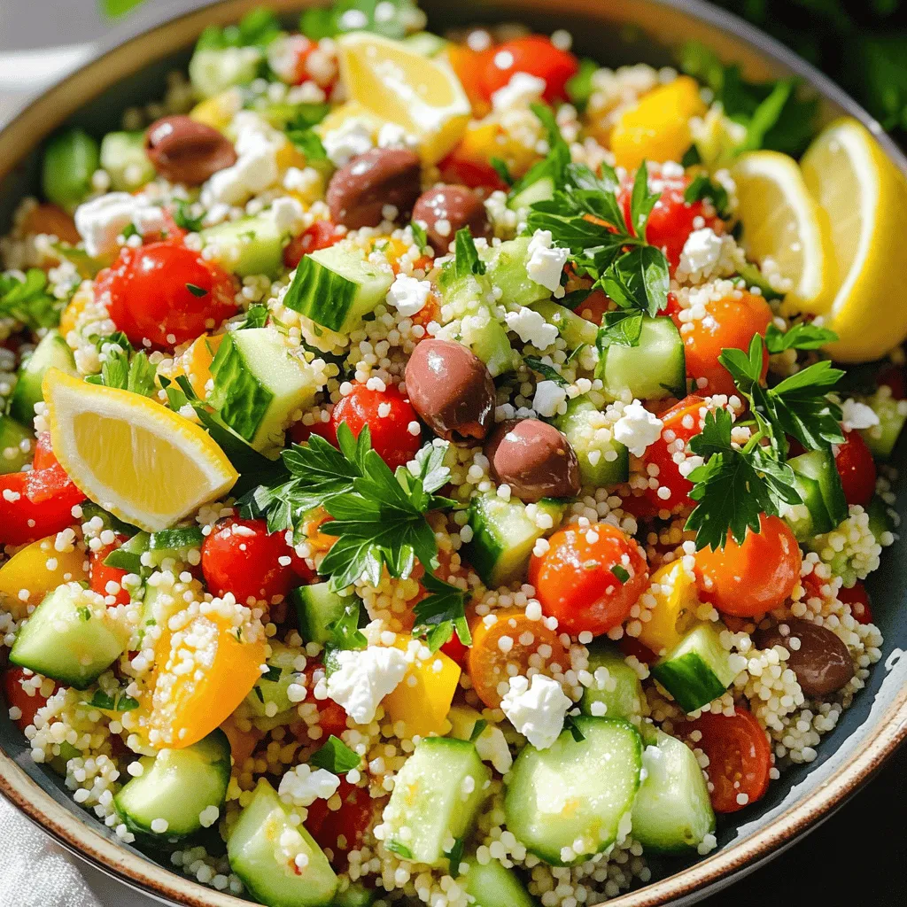 To make this fresh and tasty Mediterranean Couscous Salad, you will need: - 1 cup couscous - 1 1/4 cups vegetable broth - 1 cucumber, diced - 1 cup cherry tomatoes, halved - 1 red bell pepper, diced - 1/4 cup red onion, finely chopped - 1/2 cup kalamata olives, pitted and sliced - 1/2 cup feta cheese, crumbled - 1/4 cup fresh parsley, chopped - 2 tablespoons olive oil - 2 tablespoons lemon juice - 1 teaspoon dried oregano - Salt and pepper to taste You can add more flavor with these toppings: - Avocado slices - Toasted pine nuts - Roasted chickpeas - Fresh mint leaves These toppings bring a new twist to the salad. Feel free to mix and match based on your taste. Don’t have everything? No problem! Here are some swaps: - Quinoa can replace couscous for a gluten-free option. - Any fresh herb can take the place of parsley. Try basil or cilantro! - Use any cheese instead of feta, like goat cheese or mozzarella. - You can swap in any nut or seed for olives if you don’t like them. These substitutions help you personalize the salad to suit your needs. You can find the full recipe for easy reference. To cook the couscous, start by boiling 1 1/4 cups of vegetable broth in a medium saucepan. Once it reaches a rolling boil, stir in 1 cup of couscous. Cover the pan and remove it from the heat. Let it sit for about 5 minutes. This allows the couscous to soak up all the broth. After 5 minutes, fluff the couscous gently with a fork. This step prevents clumping. Allow it to cool completely before mixing it with other ingredients. While the couscous cools, you can prep the vegetables. Dice 1 cucumber, halve 1 cup of cherry tomatoes, and chop 1 red bell pepper into small pieces. Next, finely chop 1/4 cup of red onion. Slice 1/2 cup of pitted kalamata olives. Finally, chop 1/4 cup of fresh parsley. Set these vegetables aside in a large mixing bowl. Their bright colors and fresh flavors will make your salad pop. In a small bowl, whisk together the dressing. Combine 2 tablespoons of olive oil, 2 tablespoons of lemon juice, and 1 teaspoon of dried oregano. Add salt and pepper to taste. Make sure to mix well until all ingredients blend together smoothly. Once the couscous and vegetables are ready, pour the dressing over the salad. Toss gently to ensure everything is evenly coated. The dressing brings all the flavors together beautifully. Let the salad rest for at least 15 minutes. This helps the flavors meld together nicely. For the full recipe, refer to the section above. To cook perfect couscous, start with the right ratio of liquid. I use 1 1/4 cups of vegetable broth for every cup of couscous. Bring the broth to a boil in a medium saucepan. Once it boils, stir in the couscous. Cover the pot and remove it from heat. Let it sit for five minutes. This allows the couscous to absorb all the liquid. After five minutes, fluff it with a fork. Let it cool completely before mixing it with other ingredients. To boost the flavor of your Mediterranean couscous salad, try adding herbs. Fresh parsley adds a nice touch. You can also include mint for a fresh twist. A squeeze of lemon juice brightens the dish. I like to use both olive oil and lemon juice in the dressing. This combination gives the salad a rich, tangy taste. Don’t forget to season with salt and pepper. This simple step makes a big difference. Serve your Mediterranean couscous salad in a large bowl. Garnish it with extra parsley and lemon wedges. This adds color and freshness. You can also serve it as a side dish or a light main course. It pairs well with grilled chicken or fish. For a picnic, pack it in a container. The flavors meld beautifully after resting for 15 minutes. You can find the full recipe for this delightful dish above. {{image_2}} You can boost your Mediterranean couscous salad with protein. Chicken, shrimp, or chickpeas work well. For chicken, grill or roast it first. Then, slice it and mix it in. Shrimp can be sautéed with garlic and olive oil. If you prefer chickpeas, use canned ones for ease. They add texture and protein without meat. To make this salad vegan, skip the feta cheese. Instead, use avocado for creaminess. You can also add nuts, like almonds or walnuts, for crunch. Some firms tofu can replace feta. Just season it with a bit of salt and lemon juice. These swaps still keep the dish fresh and flavorful. Seasons bring different ingredients. In spring, add fresh peas or asparagus. In summer, include sweet corn or zucchini. In fall, roasted butternut squash or pumpkin can shine. Winter calls for hearty greens like kale or spinach. Each swap offers a new taste and keeps your salad exciting. To store your Mediterranean Couscous Salad, use an airtight container. Place the salad in the container and seal it tightly. This keeps the salad fresh longer. You can store it in the fridge for best results. When kept in the fridge, this salad lasts about three to five days. After that, the veggies may start to lose their crunch. If you notice any change in smell or texture, it's best to toss it. You can eat this salad cold or at room temperature. If you prefer it warm, heat it gently. Use a pan on low heat and stir often. Avoid using the microwave, as it can make the salad soggy. Enjoy your Mediterranean Couscous Salad fresh, vibrant, and full of flavor! For the complete recipe, check out the Full Recipe section. Couscous comes from durum wheat. It is a type of pasta, shaped into tiny granules. The wheat is steamed and dried, which gives it its unique texture. You can find it in most grocery stores. It cooks quickly and absorbs flavors well. Yes, you can make Mediterranean Couscous Salad in advance. It tastes even better after sitting for a bit. Just keep it in the fridge for up to two days. This allows the flavors to blend nicely. Make sure to add any fresh herbs just before serving. No, traditional couscous contains gluten. So, this salad is not gluten-free. However, you can use gluten-free grains instead. Quinoa or rice make great substitutes. They provide a similar texture and taste. You can mix many ingredients into couscous salad. Try adding grilled chicken or chickpeas for protein. Roasted vegetables also work well. For a twist, add fruits like raisins or pomegranate seeds. Each version brings a new flavor to the dish. For the full recipe, check out the detailed instructions above. Mediterranean couscous salad is easy and fun to make. You can use fresh veggies, tasty dressings, and many toppings. Remember to try different proteins or vegan options to suit your taste. Keep leftovers in the fridge for later enjoyment. This dish is versatile and stays fresh for a few days. With these tips and ideas, you can create a colorful meal that everyone will love. Enjoy your cooking and get creative with your salad!