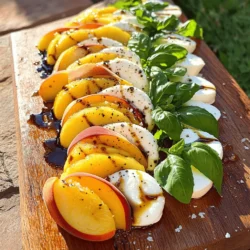 - Ripe peaches - Fresh mozzarella - Fresh basil leaves - Balsamic glaze - Extra virgin olive oil - Salt and pepper For a perfect Peach Caprese Salad, you need ripe peaches. Look for peaches that smell sweet and yield slightly when you press them. Fresh mozzarella adds a creamy touch. Choose mozzarella that is soft and moist for the best flavor. Fresh basil leaves are key for that aromatic burst. Balsamic glaze ties everything together with its sweet and tangy flavor. Use high-quality extra virgin olive oil for a rich finish. Lastly, salt and pepper enhance the taste. This simple list creates a colorful and tasty salad. Each ingredient plays a role. The sweet peaches pair nicely with the mild mozzarella. The basil adds a fresh note. Drizzle balsamic glaze and olive oil over the top for a zing. Don't forget to season with salt and pepper for balance. You can find the full recipe to make this delightful dish at the end of the article. Start with the peaches. Wash them well under cool water. This helps remove dirt and any chemicals. Next, slice the peaches into wedges. Aim for even slices so they look nice. Thin slices work best for a fresh bite. Now, grab the fresh mozzarella. Slice it into rounds. Make sure the mozzarella is similar in size to the peach slices. This keeps every bite balanced and tasty. Take a large serving platter. Start by arranging the peach slices and mozzarella rounds. Alternate them to create a colorful pattern. The bright colors will catch everyone’s eye. Next, add fresh basil leaves. Tuck them in between the peach and mozzarella. This adds a pop of green and fresh flavor. Each bite will taste even better with the basil's aroma. Now for the fun part! Drizzle extra virgin olive oil over the salad. This adds richness and depth. Then, add balsamic glaze. It brings a sweet and tangy punch. Make sure to cover the salad evenly. Finally, season with salt and pepper. Just a pinch will enhance the flavors. You want the sweetness of the peaches and the creaminess of the mozzarella to shine. For the best taste, serve the salad right away. You can also chill it in the fridge for 30 minutes. This keeps it fresh and cool. Enjoy your Peach Caprese Salad, a summer delight! For the complete recipe, refer to the Full Recipe section. To make a great Peach Caprese Salad, you need ripe peaches. Look for peaches that feel slightly soft when you squeeze them. They should smell sweet and fruity too. A peach that is too firm won't taste as good. Fresh peaches have smooth skin without bruises. Check for a warm golden color. This indicates ripeness. If they are green, they are not ready yet. Choose peaches that are heavy for their size; this shows juiciness. To make your salad even better, consider adding a few extra ingredients. Try adding thinly sliced red onion for a crunchy bite. You can also sprinkle some toasted pine nuts for extra texture. Balancing flavors is key. The sweetness of the peaches pairs well with the tang of the balsamic glaze. A little salt enhances the flavors too. Use fresh ground black pepper to add a hint of spice. How you serve the salad matters. A rustic wooden board makes a great backdrop. It highlights the colors of the peaches and basil. A large white plate also works well, making the colors pop. For garnishing, try adding extra basil leaves on top. This adds a fresh look and more flavor. You can also drizzle a bit more balsamic glaze on top for a striking finish. For the best effect, serve right away to keep everything fresh. Check the [Full Recipe] for all the details to create this beautiful dish! {{image_2}} You can switch up the cheese in your Peach Caprese Salad. Try burrata for a creamy twist. The soft texture of burrata adds richness to the dish. You might also like adding crunchy nuts or seeds. Toasted pine nuts or pistachios give a nice texture and flavor contrast. Peach Caprese Salad is not just for summer. You can mix in other fruits based on the season. In summer, ripe tomatoes pair well with peaches. In spring, try strawberries for a fresh taste. Each fruit adds its own unique flavor and color to the salad. If you're vegan, use plant-based mozzarella for a dairy-free version. There are many great options in stores. For a gluten-free option, this salad is naturally gluten-free. Just ensure your balsamic glaze is gluten-free as well. Making these adjustments keeps the salad delicious for everyone. For the full recipe, check out the [Full Recipe]. To keep your Peach Caprese salad fresh, store it in an airtight container. Place a layer of paper towels in the container before adding the salad. This helps absorb excess moisture. Refrigerate it right away to maintain flavor and texture. Peach Caprese salad lasts about 1 to 2 days in the fridge. The peaches may soften, but the taste should still be good. For the best experience, enjoy it within the first day. Freezing mozzarella and peaches is not ideal for this dish. The textures will change when thawed. If you want to prepare for gatherings, make the salad without the peaches and mozzarella. You can slice and store them separately. Assemble the salad fresh just before serving. This keeps the flavors and textures at their best. For a quick meal, try using leftover mozzarella and peaches in other dishes. You can pair this salad with many meals. Here are some great options: - Grilled chicken for a hearty meal - Shrimp skewers for a light touch - A crusty baguette for some crunch - Quinoa or rice for a filling side - A glass of chilled white wine to enhance the flavors These choices make your meal more fun and tasty. They balance well with the fresh flavors of the Peach Caprese salad. Yes, you can prep parts of this salad ahead. Here are some tips: - Slice the peaches and mozzarella a few hours before serving. - Keep them in the fridge to stay fresh. - Add the basil right before serving to keep it bright. - Drizzle the olive oil and balsamic glaze just before you eat. This way, you save time and still enjoy fresh flavors. Caprese salad comes from Italy, specifically the island of Capri. It dates back to the early 20th century. The bright colors represent the Italian flag: red, white, and green. This dish is simple but shows off fresh, high-quality ingredients. It celebrates the flavors of summer. Today, many enjoy Caprese salad with a twist, like adding peaches for a sweet touch. Peach Caprese salad combines fresh peaches, mozzarella, and basil for a tasty dish. We explored key ingredients, preparation steps, and creative serving ideas. I shared tips for choosing ripe peaches and balancing flavors. You can also adapt this salad to fit different diets and seasons, making it versatile. For storage, I provided easy tips for leftovers or long-term use. Enjoy making this refreshing salad, perfect for any gathering! Your culinary adventure starts here.