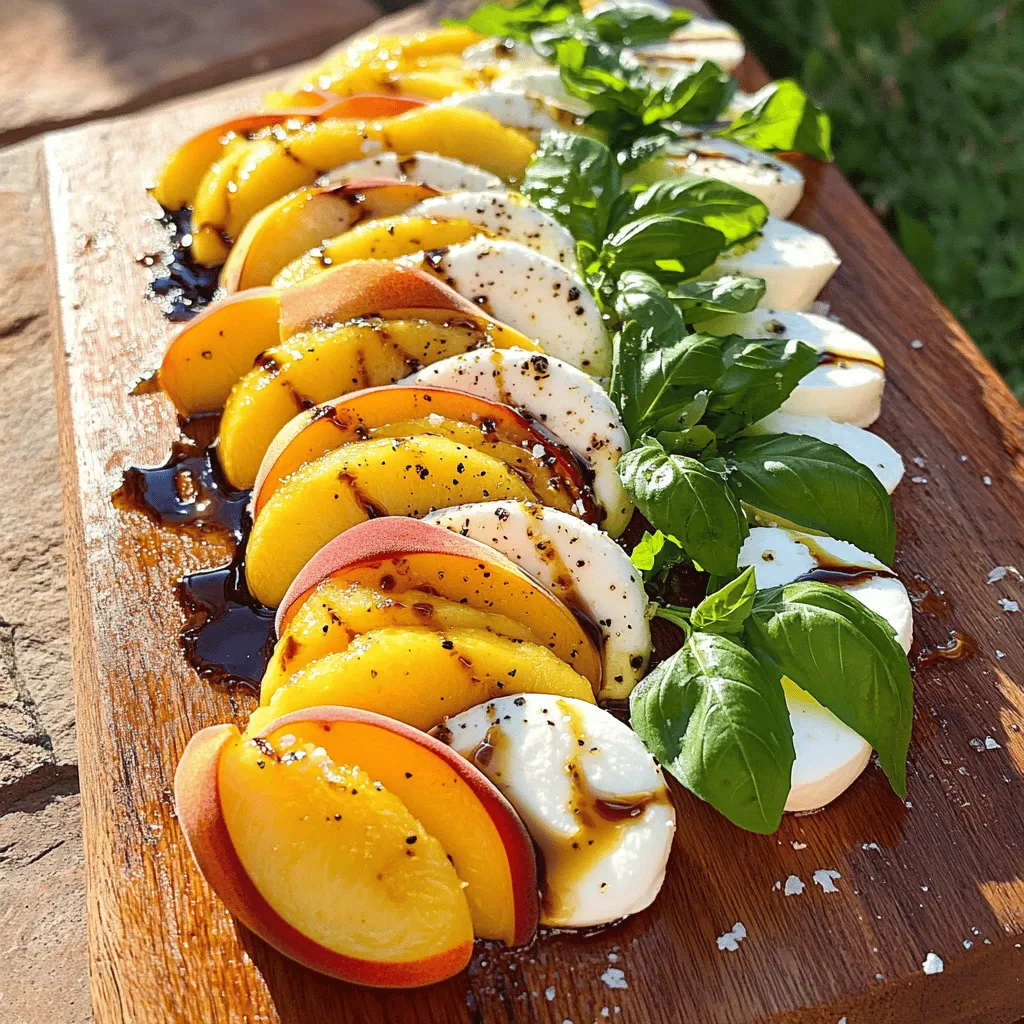 - Ripe peaches - Fresh mozzarella - Fresh basil leaves - Balsamic glaze - Extra virgin olive oil - Salt and pepper For a perfect Peach Caprese Salad, you need ripe peaches. Look for peaches that smell sweet and yield slightly when you press them. Fresh mozzarella adds a creamy touch. Choose mozzarella that is soft and moist for the best flavor. Fresh basil leaves are key for that aromatic burst. Balsamic glaze ties everything together with its sweet and tangy flavor. Use high-quality extra virgin olive oil for a rich finish. Lastly, salt and pepper enhance the taste. This simple list creates a colorful and tasty salad. Each ingredient plays a role. The sweet peaches pair nicely with the mild mozzarella. The basil adds a fresh note. Drizzle balsamic glaze and olive oil over the top for a zing. Don't forget to season with salt and pepper for balance. You can find the full recipe to make this delightful dish at the end of the article. Start with the peaches. Wash them well under cool water. This helps remove dirt and any chemicals. Next, slice the peaches into wedges. Aim for even slices so they look nice. Thin slices work best for a fresh bite. Now, grab the fresh mozzarella. Slice it into rounds. Make sure the mozzarella is similar in size to the peach slices. This keeps every bite balanced and tasty. Take a large serving platter. Start by arranging the peach slices and mozzarella rounds. Alternate them to create a colorful pattern. The bright colors will catch everyone’s eye. Next, add fresh basil leaves. Tuck them in between the peach and mozzarella. This adds a pop of green and fresh flavor. Each bite will taste even better with the basil's aroma. Now for the fun part! Drizzle extra virgin olive oil over the salad. This adds richness and depth. Then, add balsamic glaze. It brings a sweet and tangy punch. Make sure to cover the salad evenly. Finally, season with salt and pepper. Just a pinch will enhance the flavors. You want the sweetness of the peaches and the creaminess of the mozzarella to shine. For the best taste, serve the salad right away. You can also chill it in the fridge for 30 minutes. This keeps it fresh and cool. Enjoy your Peach Caprese Salad, a summer delight! For the complete recipe, refer to the Full Recipe section. To make a great Peach Caprese Salad, you need ripe peaches. Look for peaches that feel slightly soft when you squeeze them. They should smell sweet and fruity too. A peach that is too firm won't taste as good. Fresh peaches have smooth skin without bruises. Check for a warm golden color. This indicates ripeness. If they are green, they are not ready yet. Choose peaches that are heavy for their size; this shows juiciness. To make your salad even better, consider adding a few extra ingredients. Try adding thinly sliced red onion for a crunchy bite. You can also sprinkle some toasted pine nuts for extra texture. Balancing flavors is key. The sweetness of the peaches pairs well with the tang of the balsamic glaze. A little salt enhances the flavors too. Use fresh ground black pepper to add a hint of spice. How you serve the salad matters. A rustic wooden board makes a great backdrop. It highlights the colors of the peaches and basil. A large white plate also works well, making the colors pop. For garnishing, try adding extra basil leaves on top. This adds a fresh look and more flavor. You can also drizzle a bit more balsamic glaze on top for a striking finish. For the best effect, serve right away to keep everything fresh. Check the [Full Recipe] for all the details to create this beautiful dish! {{image_2}} You can switch up the cheese in your Peach Caprese Salad. Try burrata for a creamy twist. The soft texture of burrata adds richness to the dish. You might also like adding crunchy nuts or seeds. Toasted pine nuts or pistachios give a nice texture and flavor contrast. Peach Caprese Salad is not just for summer. You can mix in other fruits based on the season. In summer, ripe tomatoes pair well with peaches. In spring, try strawberries for a fresh taste. Each fruit adds its own unique flavor and color to the salad. If you're vegan, use plant-based mozzarella for a dairy-free version. There are many great options in stores. For a gluten-free option, this salad is naturally gluten-free. Just ensure your balsamic glaze is gluten-free as well. Making these adjustments keeps the salad delicious for everyone. For the full recipe, check out the [Full Recipe]. To keep your Peach Caprese salad fresh, store it in an airtight container. Place a layer of paper towels in the container before adding the salad. This helps absorb excess moisture. Refrigerate it right away to maintain flavor and texture. Peach Caprese salad lasts about 1 to 2 days in the fridge. The peaches may soften, but the taste should still be good. For the best experience, enjoy it within the first day. Freezing mozzarella and peaches is not ideal for this dish. The textures will change when thawed. If you want to prepare for gatherings, make the salad without the peaches and mozzarella. You can slice and store them separately. Assemble the salad fresh just before serving. This keeps the flavors and textures at their best. For a quick meal, try using leftover mozzarella and peaches in other dishes. You can pair this salad with many meals. Here are some great options: - Grilled chicken for a hearty meal - Shrimp skewers for a light touch - A crusty baguette for some crunch - Quinoa or rice for a filling side - A glass of chilled white wine to enhance the flavors These choices make your meal more fun and tasty. They balance well with the fresh flavors of the Peach Caprese salad. Yes, you can prep parts of this salad ahead. Here are some tips: - Slice the peaches and mozzarella a few hours before serving. - Keep them in the fridge to stay fresh. - Add the basil right before serving to keep it bright. - Drizzle the olive oil and balsamic glaze just before you eat. This way, you save time and still enjoy fresh flavors. Caprese salad comes from Italy, specifically the island of Capri. It dates back to the early 20th century. The bright colors represent the Italian flag: red, white, and green. This dish is simple but shows off fresh, high-quality ingredients. It celebrates the flavors of summer. Today, many enjoy Caprese salad with a twist, like adding peaches for a sweet touch. Peach Caprese salad combines fresh peaches, mozzarella, and basil for a tasty dish. We explored key ingredients, preparation steps, and creative serving ideas. I shared tips for choosing ripe peaches and balancing flavors. You can also adapt this salad to fit different diets and seasons, making it versatile. For storage, I provided easy tips for leftovers or long-term use. Enjoy making this refreshing salad, perfect for any gathering! Your culinary adventure starts here.