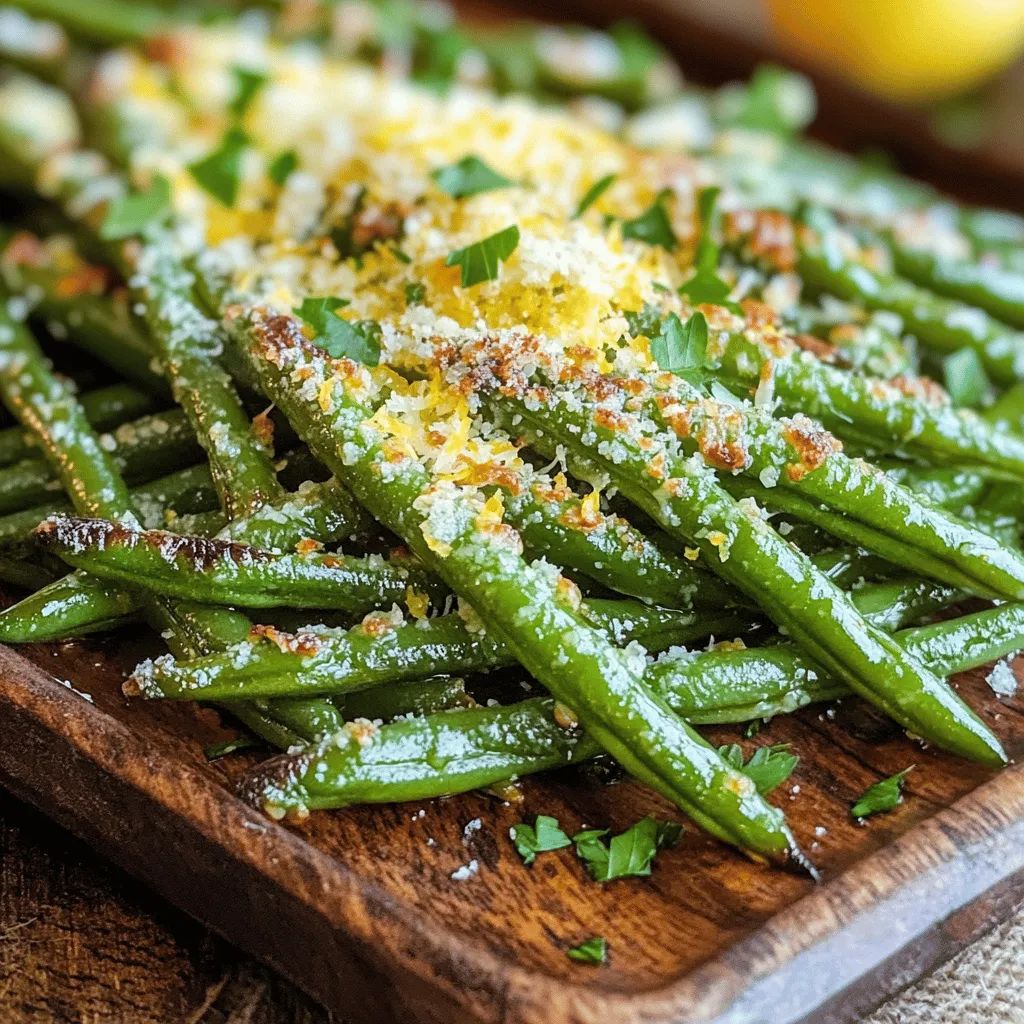 This dish is simple and quick, taking just 30 minutes to make. You will need fresh green beans, olive oil, and Parmesan cheese. The flavors blend well, giving you a tasty side. For this recipe, start with 1 pound of fresh green beans. Choose ones that are bright green and firm. Trim the ends to remove any tough parts. Rinse them under cold water and dry with a towel. Fresh beans give the best taste and texture. You will need a few more items for flavor. Gather these ingredients: - 2 tablespoons olive oil - 1 teaspoon garlic powder - ½ teaspoon red pepper flakes (optional) - Salt and pepper to taste - 1 tablespoon lemon zest - ½ cup grated Parmesan cheese - 2 tablespoons chopped fresh parsley (for garnish) Mix these items well. The olive oil helps the beans roast nicely. Garlic powder adds depth. Red pepper flakes give a hint of heat. Finish with lemon zest and parsley for a fresh touch. For the full recipe, check out the detailed instructions later. Start by preheating your oven to 425°F (220°C). This high heat helps the green beans cook quickly. You want that perfect crispy outside! Next, rinse 1 pound of fresh green beans under cold water. This cleans them and removes dirt. Trim off the ends of the beans. Use a clean kitchen towel to pat them dry. This step is key; dry beans roast better. In a large mixing bowl, combine the green beans with 2 tablespoons of olive oil, 1 teaspoon of garlic powder, and optional ½ teaspoon of red pepper flakes. Add salt and pepper to taste. Toss everything well, so the beans are coated. Now, spread the seasoned green beans on a baking sheet in a single layer. Roast them in the oven for 15-20 minutes. Make sure to toss the beans halfway through for even cooking. They should be tender and slightly crispy when done. Take out the baking sheet and sprinkle ½ cup of grated Parmesan cheese over the beans. Place them back in the oven for another 5 minutes. This melts the cheese and gives it a nice golden color. Finally, sprinkle 1 tablespoon of lemon zest over the roasted beans. This adds a fresh, bright flavor. Transfer the beans to a serving dish and garnish with 2 tablespoons of chopped fresh parsley. Your roasted Parmesan green beans are ready to enjoy! For the full recipe, check the earlier section. When picking green beans, look for bright, firm beans. They should snap easily when bent. Avoid beans that look dull or have brown spots. Fresh green beans taste better and have more nutrients. You can also ask your local farmer's market for the freshest options. To get that perfect crunch, spread the green beans out on the baking sheet. If they touch, they will steam instead of roast. Roast them at high heat, around 425°F (220°C). This helps them cook evenly and get crispy. Toss them halfway through to ensure all sides get that nice brown color. Use olive oil to coat the beans well. This helps the seasoning stick. Garlic powder adds great flavor, while red pepper flakes give a little kick. Don’t forget to season with salt and pepper. A sprinkle of lemon zest at the end brightens the dish. For a fresh finish, add chopped parsley as a garnish. For the full recipe, check the section above. {{image_2}} You can switch out Parmesan for other tasty cheeses. Try using Pecorino Romano for a sharper taste. If you want a creamier texture, use mozzarella. For a fun twist, add crumbled feta. Each cheese changes the flavor, making it fun to experiment. Want to kick it up a notch? Add fresh garlic for a richer taste. You can toss in some cherry tomatoes for a pop of color and sweetness. For a smoky hint, try adding bacon bits. If you like heat, mix in chopped jalapeños. These extras boost flavor and make the dish unique. Serve these green beans beside grilled chicken or salmon for a full meal. They also pair well with rice or quinoa. For a holiday feast, include them next to mashed potatoes and turkey. You can even use them in a salad for crunch. Enjoy the versatility of this simple side! You can keep leftover roasted Parmesan green beans in an airtight container. Store them in the fridge for up to three days. Make sure they cool down first to keep them fresh. If you want to enjoy them later, do not add the Parmesan until you reheat them. To reheat, place the green beans on a baking sheet. Preheat your oven to 350°F (175°C). Bake them for about 10 to 15 minutes. This will help keep them crispy. You can also use a microwave. Heat in short bursts, checking often so they don’t get soggy. You can freeze roasted green beans for later use. First, let them cool completely. Then, place them in a freezer-safe bag. Remove as much air as possible. They can last up to three months in the freezer. When ready to eat, thaw them in the fridge overnight before reheating. Enjoy them as a quick side dish! For the full recipe, check out the earlier sections. Yes, you can use frozen green beans. Just make sure to thaw them first. Drain any extra water to avoid sogginess. Frozen beans may cook faster, so check them often while roasting. You want them tender but a little crisp. To make this dish healthier, try using less cheese. You can also add more veggies. Consider mixing in carrots or bell peppers for added nutrients. Use a light spray of olive oil instead of two tablespoons. This cut helps reduce calories while keeping flavor. Roasted Parmesan green beans pair well with many dishes. They complement grilled chicken or fish nicely. You can also serve them with beef or pork. For a vegetarian option, mix them with quinoa or rice. These beans add color and flavor to any plate. For the full recipe, check the details above. This article covered how to make delicious roasted Parmesan green beans. We discussed the fresh ingredients, simple steps, and tips for perfect results. I shared ways to vary the recipe and storage tips to keep leftovers. Enjoy experimenting with flavors and make this dish your own. Roasted green beans can be a fun and tasty side for any meal. You can now confidently prepare a dish that impresses and delights!