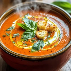 To make creamy tomato basil soup, gather these ingredients: - 2 tablespoons olive oil - 1 small onion, diced - 3 cloves garlic, minced - 1 can (28 oz) whole peeled tomatoes - 1 cup vegetable broth - 1 cup heavy cream - 1 teaspoon sugar (optional) - Salt and pepper to taste - 1/4 cup fresh basil, chopped - 1 tablespoon balsamic vinegar - Croutons and fresh basil leaves for garnish These simple items create a rich and comforting soup. If you need alternatives, here are some ideas: - Use coconut milk instead of heavy cream for a lighter version. - Swap olive oil with butter for a different flavor. - Try fresh tomatoes instead of canned; just add more broth for moisture. - You can replace vegetable broth with chicken broth for added depth. - Use dried basil if fresh is not available, but use less since dried is stronger. These swaps help you adapt based on what you have at home. Using fresh ingredients offers great taste, but canned ingredients work well too. - Fresh tomatoes: They give brightness but take longer to cook down. - Canned tomatoes: They are picked at peak ripeness and often taste sweeter. - Fresh basil: It adds a vibrant punch, while dried basil gives a more muted flavor. Both options can lead to a delicious soup. Choose what fits your time and taste! For the detailed recipe, check the [Full Recipe]. Making creamy tomato basil soup is simple. You will need a pot and a blender. This recipe is quick and takes about 30 minutes. You will sauté, simmer, and blend the ingredients to create a rich flavor. 1. Start by heating 2 tablespoons of olive oil in a large pot over medium heat. 2. Add 1 small diced onion and sauté for about 5 minutes. You want it to be soft and translucent. 3. Next, stir in 3 minced garlic cloves. Cook for another minute until you smell the garlic. 4. Pour in 1 can of whole peeled tomatoes along with 1 cup of vegetable broth. Bring this to a gentle simmer. 5. Let the soup cook for about 15 minutes. This helps the flavors mix well. 6. Remove the pot from the heat. Use a blender or an immersion blender to puree the soup until it is smooth. 7. Return the soup to the pot over low heat. Add 1 cup of heavy cream and stir well. 8. If you like, add 1 teaspoon of sugar to balance the acidity. Season with salt and pepper to taste. 9. Finally, fold in 1/4 cup of chopped fresh basil and 1 tablespoon of balsamic vinegar. Heat through for about 5 minutes. Using a blender gives a super smooth texture. You can blend in batches if needed. An immersion blender is easier and less messy. Just be careful not to splash. Both methods will work well for this recipe. Choose the one you feel most comfortable with. This creamy tomato basil soup is a comforting dish, perfect for any meal. You can find the full recipe above. To make creamy tomato basil soup shine, seasoning is key. Start with salt and pepper. This simple step lifts the flavors. You can also add a pinch of red pepper flakes for some heat. If your soup tastes too acidic, a teaspoon of sugar helps balance it. Fresh herbs like thyme or oregano can deepen the flavor. Just add them in small amounts, so they don’t overpower the basil. Trust your taste buds and adjust as needed. Achieving that perfect creamy texture is easy. Use heavy cream for richness. When you blend the soup, make sure it’s fully pureed. This helps eliminate chunks. An immersion blender is great for this. If you use a regular blender, do it in batches. This prevents spills. For an even creamier soup, try adding a bit of cream cheese or mascarpone. These add smoothness without altering the flavor too much. Presentation matters! Serve the soup in warm bowls. A drizzle of cream on top looks nice. Sprinkle fresh basil for color and flavor. Croutons add a crunchy texture. You can also pair the soup with a grilled cheese sandwich. This classic combo makes a lovely meal. Another option is to serve it with a simple green salad. Each choice brings its own comfort to the table. For the full recipe, check out the complete guide! {{image_2}} You can make this creamy tomato basil soup vegan. Instead of heavy cream, use coconut milk or cashew cream. Both options keep the soup rich and smooth. Swap vegetable broth for a homemade version to enhance flavor. Use 1 tablespoon of nutritional yeast to add a cheesy taste without dairy. Want to add protein to your soup? Consider using lentils or chickpeas. They blend well and boost nutrition. Cook them before mixing into the soup. You can also add cooked chicken or diced tofu for a heartier meal. Just stir them in at the end to warm through. If you like heat, add crushed red pepper flakes or a dash of hot sauce. Stir them in while cooking to infuse flavor. You can also add veggies like spinach or bell peppers. These will add color and nutrition to your soup. For a twist, try stirring in pesto or a splash of lemon juice for extra zing. Each variation brings a new taste to your bowl of comfort. Check the Full Recipe for more ideas! After you make the creamy tomato basil soup, let it cool. Then, store it in an airtight container. This soup lasts about 3 to 5 days in the fridge. When you serve it again, check for any off smells or changes in color. You can freeze this soup for later use. Pour cooled soup into freezer-safe containers. Leave some space at the top, as it will expand when frozen. It stays fresh for up to 3 months in the freezer. When you’re ready to eat, thaw it overnight in the fridge. Reheat the soup on the stove over low heat. Stir it often to avoid sticking. You can also use a microwave. Heat it in short bursts, stirring in between. If it seems too thick, add a splash of vegetable broth or water to reach your desired consistency. Enjoy it warm and comforting! For the full recipe, check the detailed instructions above. You can serve many tasty things with creamy tomato basil soup. Grilled cheese sandwiches are a classic choice. Their crisp and cheesy taste pairs well with the smooth soup. You can also try crusty bread or garlic bread for dipping. A fresh salad adds a nice crunch and balance. For a fun twist, serve it with mini quesadillas or savory pastries. Creamy tomato basil soup stays fresh in the fridge for about 3 to 5 days. Make sure to store it in an airtight container to keep it from drying out. If you see any signs of spoilage, it's best to toss it. When reheating, warm it gently on the stove or in the microwave for the best taste. Yes, you can make creamy tomato basil soup ahead of time. It tastes even better after the flavors blend together. Just let it cool and store it in the fridge. You can also freeze it for up to 3 months. When you are ready to eat, thaw it in the fridge overnight and reheat. For the full recipe, check the earlier section. This post covered everything about creamy tomato basil soup. We explored the complete ingredient list and smart substitutes. I shared step-by-step cooking tips for a perfect texture and flavor. You learned about different options, like vegan alternatives and protein add-ins. We also discussed how to store, freeze, and reheat your soup safely. Remember, this dish is versatile and simple. So, have fun experimenting with flavors. Your creamy tomato basil soup can be a hit!