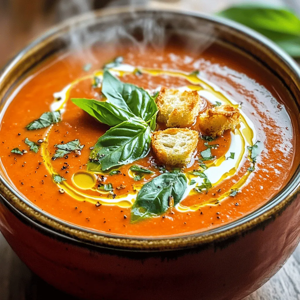To make creamy tomato basil soup, gather these ingredients: - 2 tablespoons olive oil - 1 small onion, diced - 3 cloves garlic, minced - 1 can (28 oz) whole peeled tomatoes - 1 cup vegetable broth - 1 cup heavy cream - 1 teaspoon sugar (optional) - Salt and pepper to taste - 1/4 cup fresh basil, chopped - 1 tablespoon balsamic vinegar - Croutons and fresh basil leaves for garnish These simple items create a rich and comforting soup. If you need alternatives, here are some ideas: - Use coconut milk instead of heavy cream for a lighter version. - Swap olive oil with butter for a different flavor. - Try fresh tomatoes instead of canned; just add more broth for moisture. - You can replace vegetable broth with chicken broth for added depth. - Use dried basil if fresh is not available, but use less since dried is stronger. These swaps help you adapt based on what you have at home. Using fresh ingredients offers great taste, but canned ingredients work well too. - Fresh tomatoes: They give brightness but take longer to cook down. - Canned tomatoes: They are picked at peak ripeness and often taste sweeter. - Fresh basil: It adds a vibrant punch, while dried basil gives a more muted flavor. Both options can lead to a delicious soup. Choose what fits your time and taste! For the detailed recipe, check the [Full Recipe]. Making creamy tomato basil soup is simple. You will need a pot and a blender. This recipe is quick and takes about 30 minutes. You will sauté, simmer, and blend the ingredients to create a rich flavor. 1. Start by heating 2 tablespoons of olive oil in a large pot over medium heat. 2. Add 1 small diced onion and sauté for about 5 minutes. You want it to be soft and translucent. 3. Next, stir in 3 minced garlic cloves. Cook for another minute until you smell the garlic. 4. Pour in 1 can of whole peeled tomatoes along with 1 cup of vegetable broth. Bring this to a gentle simmer. 5. Let the soup cook for about 15 minutes. This helps the flavors mix well. 6. Remove the pot from the heat. Use a blender or an immersion blender to puree the soup until it is smooth. 7. Return the soup to the pot over low heat. Add 1 cup of heavy cream and stir well. 8. If you like, add 1 teaspoon of sugar to balance the acidity. Season with salt and pepper to taste. 9. Finally, fold in 1/4 cup of chopped fresh basil and 1 tablespoon of balsamic vinegar. Heat through for about 5 minutes. Using a blender gives a super smooth texture. You can blend in batches if needed. An immersion blender is easier and less messy. Just be careful not to splash. Both methods will work well for this recipe. Choose the one you feel most comfortable with. This creamy tomato basil soup is a comforting dish, perfect for any meal. You can find the full recipe above. To make creamy tomato basil soup shine, seasoning is key. Start with salt and pepper. This simple step lifts the flavors. You can also add a pinch of red pepper flakes for some heat. If your soup tastes too acidic, a teaspoon of sugar helps balance it. Fresh herbs like thyme or oregano can deepen the flavor. Just add them in small amounts, so they don’t overpower the basil. Trust your taste buds and adjust as needed. Achieving that perfect creamy texture is easy. Use heavy cream for richness. When you blend the soup, make sure it’s fully pureed. This helps eliminate chunks. An immersion blender is great for this. If you use a regular blender, do it in batches. This prevents spills. For an even creamier soup, try adding a bit of cream cheese or mascarpone. These add smoothness without altering the flavor too much. Presentation matters! Serve the soup in warm bowls. A drizzle of cream on top looks nice. Sprinkle fresh basil for color and flavor. Croutons add a crunchy texture. You can also pair the soup with a grilled cheese sandwich. This classic combo makes a lovely meal. Another option is to serve it with a simple green salad. Each choice brings its own comfort to the table. For the full recipe, check out the complete guide! {{image_2}} You can make this creamy tomato basil soup vegan. Instead of heavy cream, use coconut milk or cashew cream. Both options keep the soup rich and smooth. Swap vegetable broth for a homemade version to enhance flavor. Use 1 tablespoon of nutritional yeast to add a cheesy taste without dairy. Want to add protein to your soup? Consider using lentils or chickpeas. They blend well and boost nutrition. Cook them before mixing into the soup. You can also add cooked chicken or diced tofu for a heartier meal. Just stir them in at the end to warm through. If you like heat, add crushed red pepper flakes or a dash of hot sauce. Stir them in while cooking to infuse flavor. You can also add veggies like spinach or bell peppers. These will add color and nutrition to your soup. For a twist, try stirring in pesto or a splash of lemon juice for extra zing. Each variation brings a new taste to your bowl of comfort. Check the Full Recipe for more ideas! After you make the creamy tomato basil soup, let it cool. Then, store it in an airtight container. This soup lasts about 3 to 5 days in the fridge. When you serve it again, check for any off smells or changes in color. You can freeze this soup for later use. Pour cooled soup into freezer-safe containers. Leave some space at the top, as it will expand when frozen. It stays fresh for up to 3 months in the freezer. When you’re ready to eat, thaw it overnight in the fridge. Reheat the soup on the stove over low heat. Stir it often to avoid sticking. You can also use a microwave. Heat it in short bursts, stirring in between. If it seems too thick, add a splash of vegetable broth or water to reach your desired consistency. Enjoy it warm and comforting! For the full recipe, check the detailed instructions above. You can serve many tasty things with creamy tomato basil soup. Grilled cheese sandwiches are a classic choice. Their crisp and cheesy taste pairs well with the smooth soup. You can also try crusty bread or garlic bread for dipping. A fresh salad adds a nice crunch and balance. For a fun twist, serve it with mini quesadillas or savory pastries. Creamy tomato basil soup stays fresh in the fridge for about 3 to 5 days. Make sure to store it in an airtight container to keep it from drying out. If you see any signs of spoilage, it's best to toss it. When reheating, warm it gently on the stove or in the microwave for the best taste. Yes, you can make creamy tomato basil soup ahead of time. It tastes even better after the flavors blend together. Just let it cool and store it in the fridge. You can also freeze it for up to 3 months. When you are ready to eat, thaw it in the fridge overnight and reheat. For the full recipe, check the earlier section. This post covered everything about creamy tomato basil soup. We explored the complete ingredient list and smart substitutes. I shared step-by-step cooking tips for a perfect texture and flavor. You learned about different options, like vegan alternatives and protein add-ins. We also discussed how to store, freeze, and reheat your soup safely. Remember, this dish is versatile and simple. So, have fun experimenting with flavors. Your creamy tomato basil soup can be a hit!