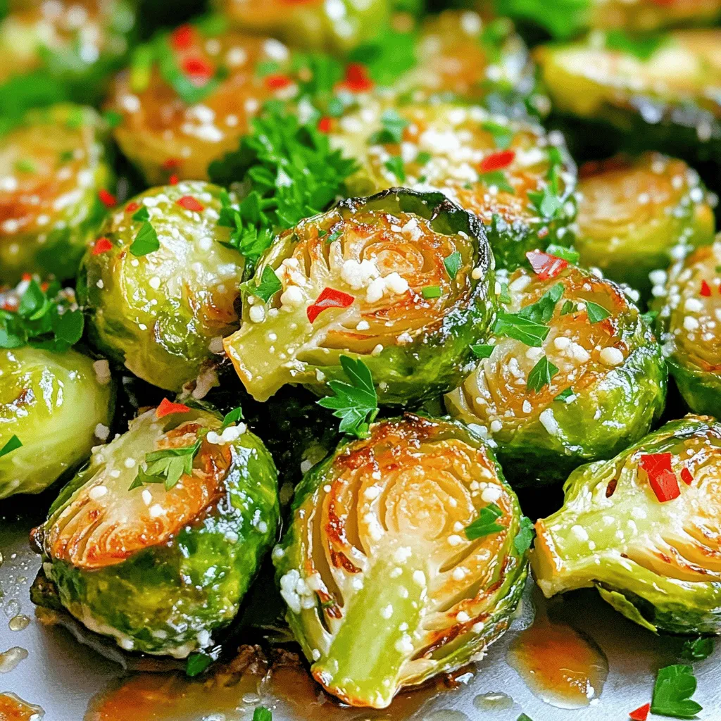 - 1 pound Brussels sprouts, trimmed and halved - 3 tablespoons olive oil - 4 cloves garlic, minced - 1/2 cup grated Parmesan cheese - 1 teaspoon garlic powder - 1 teaspoon onion powder - 1 teaspoon salt - 1/2 teaspoon black pepper - 1/4 teaspoon red pepper flakes (optional) - Fresh parsley for garnish To make Garlic Parmesan Roasted Brussels Sprouts, you need fresh, vibrant Brussels sprouts. They should be firm and free from dark spots. Use good-quality olive oil for the best flavor. Fresh garlic adds a nice punch, but garlic powder enhances the taste too. Parmesan cheese brings a salty, creamy finish. Each serving of this dish has about 180 calories. The macronutrient breakdown is roughly: - 12 grams of fat - 12 grams of carbohydrates - 6 grams of protein Brussels sprouts are rich in vitamins like C and K. They also contain important minerals like iron and potassium. Garlic adds its own health benefits, such as boosting the immune system. Enjoying these sprouts gives you a tasty way to eat healthy! For the full recipe, check out the detailed steps to bring this dish to life. - Preheat your oven to 425°F (220°C). This high heat helps the sprouts become crispy. - In a large bowl, mix the halved Brussels sprouts with olive oil and minced garlic. - Add garlic powder, onion powder, salt, black pepper, and red pepper flakes if you like heat. Toss until all sprouts are well coated. - Spread the Brussels sprouts on a baking sheet, cut side down. This helps them brown nicely. - Roast in the oven for 20-25 minutes. Check halfway and shake the pan for even cooking. Look for a golden brown color. - When done, take them out and sprinkle grated Parmesan cheese on top. The heat will melt it a bit. - Put the baking sheet back in the oven for 2-3 minutes. This step adds a lovely cheesy flavor. - Serve hot and sprinkle with fresh chopped parsley for a nice touch. You can find the Full Recipe to make your own Garlic Parmesan Roasted Brussels Sprouts! To make Garlic Parmesan Roasted Brussels Sprouts shine, start with a good coating. Toss the halved sprouts in olive oil and seasonings in a large bowl. This ensures each piece gets flavor. Next, spread them out on the baking sheet. Place them cut side down. This helps them caramelize nicely. Roasting at 425°F (220°C) for 20-25 minutes gives you a crispy texture. Remember to shake the pan halfway for even cooking. A common mistake is overcrowding the baking sheet. When you pack too many sprouts together, they steam instead of roast. This results in soggy sprouts, not the crispy ones you want. Another mistake involves cooking times. Different ovens may cook at various rates. Keep an eye on your sprouts. If they are not brown and tender in 25 minutes, give them a few more minutes. Always trust your eyes to judge doneness. {{image_2}} You can boost the taste of Garlic Parmesan Roasted Brussels Sprouts in fun ways. One great option is to add bacon or pancetta. The salty, smoky flavor of bacon pairs well with the sprouts. Just cook the bacon first, then toss it in with the Brussels sprouts before roasting. Another way to switch it up is to substitute Parmesan cheese with other cheese options. Try using Pecorino Romano for a sharper taste. You might also enjoy a mix of mozzarella and cheddar for a creamy, melty effect. Don't be afraid to experiment with your favorite cheese! If you want to make this dish vegan, it's simple! Just skip the Parmesan cheese and use nutritional yeast instead. It gives a cheesy flavor without dairy. You can also use olive oil to keep it plant-based. For gluten-free considerations, rest easy. This recipe is already gluten-free! Just be sure to check that any additional ingredients you use, like bacon or cheese, are also gluten-free. Enjoy your delicious meal without worry! To keep your Garlic Parmesan Roasted Brussels Sprouts fresh, store them in the refrigerator. Place them in an airtight container. Make sure to cool them down first. They will last for about 3 to 5 days in the fridge. For longer storage, you can freeze them. Spread the cooled sprouts on a baking sheet. Freeze them for about an hour, then transfer them to a freezer bag. This way, they won’t stick together. They can stay in the freezer for up to 3 months. When it’s time to enjoy your leftovers, reheating is key. The best way to keep them crispy is to use an oven. Preheat your oven to 350°F (175°C). Spread the sprouts on a baking sheet and reheat for about 10-15 minutes. This method keeps them crunchy and tasty. If you're in a hurry, you can use a microwave. Place the sprouts on a microwave-safe plate. Heat them for about 1-2 minutes. For best results, cover the plate with a damp paper towel. This keeps the moisture in but may not make them crispy. How long do Garlic Parmesan Roasted Brussels Sprouts last in the fridge? Garlic Parmesan Roasted Brussels Sprouts last about 3 to 5 days in the fridge. Store them in an airtight container. This keeps them fresh and tasty for your next meal. Can I prepare Brussels sprouts ahead of time? Yes, you can prepare Brussels sprouts ahead of time. You can wash, trim, and halve them a day before. Just keep them in the fridge in a sealed bag. This saves time when you are ready to cook. What can I use instead of Parmesan cheese? If you need a substitute for Parmesan, try Pecorino Romano or nutritional yeast for a vegan option. Both add a nice, cheesy flavor to your dish. How to substitute fresh garlic with garlic powder? You can use garlic powder in place of fresh garlic. Use 1/8 teaspoon of garlic powder for each clove of fresh garlic. This works well in most recipes, including the Garlic Parmesan Roasted Brussels Sprouts. What if my Brussels sprouts are not roasting evenly? If your Brussels sprouts are not roasting evenly, make sure they are in a single layer on the baking sheet. Shake the pan halfway through cooking to ensure they brown nicely. How can I tell when Brussels sprouts are done cooking? Brussels sprouts are done when they are golden brown and tender. You can poke them with a fork to check for softness. If they are crispy on the outside, they are ready to enjoy! This blog post covered making Garlic Parmesan Roasted Brussels Sprouts. We looked at the key ingredients, their nutrition, and helpful tips for cooking. Be mindful of common mistakes to ensure perfect sprouts. You can also try variations like adding bacon or using different cheeses. Proper storage and reheating methods help maintain freshness. Experiment with this recipe and enjoy the delicious flavors it brings. Happy cooking!