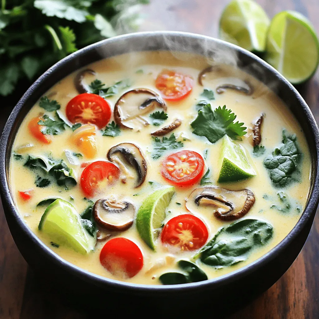 To make a great Thai coconut soup, you need some key ingredients. Here’s what you will need: - 1 can (14 oz) coconut milk - 2 cups vegetable broth - 1 cup mushrooms, sliced - 1 cup cherry tomatoes, halved - 1 red bell pepper, sliced - 1 cup baby spinach - 1 tablespoon fresh ginger, grated - 2 cloves garlic, minced - 1 tablespoon lime juice - 2 tablespoons red curry paste - 1 tablespoon soy sauce - 1 tablespoon olive oil - Fresh cilantro and lime wedges for garnish - Salt to taste These ingredients work together to create a creamy and flavorful soup. The coconut milk adds richness, while the broth gives depth. You can make this soup your own by adding optional ingredients. Try these out: - Tofu for protein - Chicken or shrimp for a meatier dish - Carrots for extra crunch - Green onions for a fresh touch - Peas for a pop of sweetness Using these extras can change the soup’s flavor and texture. Feel free to mix and match based on your taste. Spices play a big role in Thai cooking. Here are the key spices in this recipe: - Red curry paste: This is the heart of the soup. It adds heat and flavor. - Ginger: It brings warmth and a little zing. - Garlic: This adds depth and aroma. These spices help create the vibrant taste that makes Thai coconut soup special. Using fresh spices ensures the best flavor. Start by gathering all your ingredients. This will make cooking easy and fun. You need a large pot, a cutting board, and a sharp knife. Make sure your workspace is clean and organized. This helps you stay focused and keeps your food safe. Set your stove to medium heat. 1. Heat the Olive Oil: In your large pot, add the olive oil. Let it warm up for a minute. 2. Add Garlic and Ginger: Toss in the minced garlic and grated ginger. Stir them for 1-2 minutes until they smell great. 3. Mix in Red Curry Paste: Add the red curry paste. Cook it for another minute. This helps release all the tasty flavors. 4. Combine Broth and Coconut Milk: Pour in the vegetable broth and coconut milk. Stir well to mix everything. Bring it to a gentle simmer. 5. Add Vegetables: Put in the sliced mushrooms and red bell pepper. Let them cook for 5-7 minutes. They should become tender and flavorful. 6. Stir in Cherry Tomatoes and Spinach: Add the halved cherry tomatoes and baby spinach. Cook for another 2-3 minutes. The spinach will wilt nicely. 7. Finish with Lime and Soy Sauce: Add lime juice and soy sauce. Taste and adjust the salt as needed. Stir everything together well. To get the best texture, watch the cooking time. Don't overcook your vegetables. They should be soft but still bright and fresh. If the soup is too thick, add a bit more vegetable broth. For a creamier soup, use full-fat coconut milk. Garnish with fresh cilantro and lime wedges. This adds a nice touch and extra flavor. For the full recipe, check out the complete instructions. One common mistake is not using fresh ingredients. Fresh herbs, like cilantro, add so much flavor. Avoid overcooking your vegetables. They should stay bright and crisp. If you add too much salt, it can overpower the dish. Use salt sparingly and taste as you go. Fresh ingredients make this soup shine. Use fresh lime juice for a zesty kick. Add grated ginger and minced garlic for warmth. Sliced mushrooms give a nice texture. Cherry tomatoes burst with flavor when cooked. Red bell pepper adds sweetness and color. Always choose ripe, fresh produce for the best taste. Start by heating the oil before adding garlic and ginger. This brings out their flavors. Stir in the red curry paste well to mix it into the oil. Pour in the vegetable broth and coconut milk slowly. This helps them blend without clumping. Simmer gently to allow the flavors to develop. Serve with fresh cilantro and lime wedges. This adds a nice touch and makes the soup look great. If you want to dive deeper, check out the Full Recipe for a complete guide. {{image_2}} You can easily make this soup vegan. Simply replace the chicken broth with vegetable broth. The coconut milk keeps the soup creamy. Use tofu or chickpeas as your protein. They absorb flavors well. Try adding extra veggies like carrots or zucchini for more texture. If you want a heartier meal, add protein. Shrimp, chicken, or fish all work great. Cook shrimp until it turns pink. Add chicken once the soup simmers. For fish, use firm types like salmon or cod. Cut them into bite-sized pieces for even cooking. You can adjust the spice level based on your taste. For a mild soup, use less red curry paste. Start with a teaspoon and taste as you go. For a spicy kick, add chopped fresh chili peppers. You can also use chili flakes for extra heat. Enjoy customizing your Thai coconut soup to fit your mood! To keep your Thai Coconut Soup fresh, use airtight containers. Let the soup cool down to room temperature first. Then, pour it into the containers. Store the soup in the fridge for up to three days. If you want to keep it longer, consider freezing it. When you’re ready to enjoy your leftovers, reheat the soup gently. Pour it into a pot over low heat. Stir often to help it warm evenly. You can also use a microwave. Heat in short bursts, stirring in between. This keeps the flavors bright and fresh. Freezing is a great way to save extra soup. Pour the cooled soup into freezer-safe bags. Make sure to remove as much air as possible before sealing. Label the bags with the date. You can freeze the soup for up to three months. When you are ready to eat it, thaw it in the fridge overnight. Then, reheat as mentioned above. Enjoy your tasty Thai Coconut Soup anytime! Thai Coconut Soup, or Tom Kha, comes from Thailand. It blends many flavors. Thai cooks use fresh herbs and spices. This soup highlights the creamy taste of coconut milk. The dish often features lemongrass and galangal. These ingredients give it a bright, zesty flavor. Each region in Thailand has its own twist on this soup. Yes, you can make Thai Coconut Soup ahead of time. Just store it in the fridge. It stays tasty for about three days. When you reheat, do it gently over low heat. This keeps the flavor fresh and bright. If you add leafy greens, add them just before serving. They will stay crisp and vibrant. You can serve many things with Thai Coconut Soup. Here are some ideas: - Steamed jasmine rice - Fresh spring rolls - Grilled shrimp or chicken - Crispy wontons - A simple green salad These sides add great texture and taste. They also balance the soup's creaminess. To adjust the spice level, change the red curry paste amount. Start with less if you want it milder. You can always add more later. Another option is to add fresh chili peppers. Slice them and stir them in. If it gets too spicy, add more coconut milk. This will cool it down. Yes, Thai Coconut Soup can be very healthy. It uses fresh vegetables and herbs. Coconut milk has healthy fats. The soup is also low in calories. You can add proteins like chicken or tofu for a balanced meal. Plus, it’s full of vitamins from the veggies. You can find authentic Thai Coconut Soup recipes in many places. Cookbooks focused on Thai cuisine are great. Websites and food blogs feature many versions, too. I recommend looking for trusted chefs who specialize in Thai food. You can also check local Thai restaurants for inspiration. For an easy-to-follow recipe, refer to the Full Recipe I shared above. In this blog post, we covered the vital ingredients and steps for making Thai Coconut Soup. You learned about essential and optional ingredients, key spices, and tips to enhance flavor. We discussed variations like vegan options and how to store leftovers. Remember, cooking is about joy and creativity in the kitchen. Don’t be afraid to modify the recipe. With practice, you will create a delicious, comforting soup that suits your taste. Enjoy your cooking adventure!