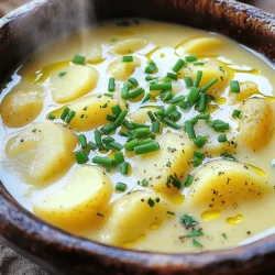 To make your Easy Creamy Potato Soup, you need a few simple ingredients. Here’s what you will need: - 4 large russet potatoes, peeled and diced - 1 medium onion, finely chopped - 2 cloves garlic, minced - 4 cups vegetable broth - 1 cup heavy cream (or coconut milk for a vegan option) - 2 tablespoons olive oil - 1 teaspoon dried thyme - Salt and pepper to taste - Fresh chives or parsley for garnish These ingredients create a warm and comforting flavor. The russet potatoes give the soup its creamy base. The onion and garlic add depth and a lovely aroma. Olive oil helps sauté the onions, making them sweet and soft. The vegetable broth brings everything together, enhancing the taste. Heavy cream adds richness, while coconut milk is a great choice for those who want a vegan option. Dried thyme gives a nice herbal note, and fresh chives or parsley add a pop of color and freshness. To prepare this soup, you will need a few handy tools: - Large pot - Immersion blender - Measuring cups and spoons Having these tools ready will make your cooking process smooth. The large pot is perfect for cooking all the ingredients together. An immersion blender lets you blend the soup right in the pot, saving time and making cleanup easy. Measuring cups and spoons ensure you add the right amounts of each ingredient. For the full recipe, see the [Full Recipe]. Sautéing the onions and garlic Start by heating the olive oil in a large pot over medium heat. Add the chopped onion and minced garlic. Sauté them until the onion turns soft and clear, which should take about 5 minutes. This step builds a solid flavor base for your soup. Cooking the potatoes Next, toss in the diced russet potatoes. Stir them well to coat with the oil and mix with the onion and garlic. Cook for another 2 to 3 minutes. After that, pour in the vegetable broth and add dried thyme. Bring the mixture to a boil, then reduce the heat to a simmer. Cover the pot and cook for about 15 to 20 minutes. The potatoes should become tender during this time. Pureeing the soup Once the potatoes are soft, it's time to blend. Use an immersion blender to puree the soup until it is smooth. If you don’t have an immersion blender, you can carefully transfer the soup to a regular blender in batches. Just remember to let it cool a bit to avoid splattering! Adding cream and seasoning Return the smooth soup to the pot. Stir in the heavy cream and heat it over low for about 5 minutes. This adds richness and creaminess to your soup. After that, season with salt and pepper to taste. If you find the soup too thick, add a bit more vegetable broth to reach your desired consistency. Bowl presentation ideas Ladle the creamy potato soup into bowls. For a nice touch, sprinkle freshly chopped chives or parsley on top. This not only adds color but also enhances the flavor. Accompaniments for the soup Serve your soup with some warm, crusty bread or a side salad. These will balance the meal and make it even more satisfying. For the full recipe, check out the detailed steps above. Enjoy your cooking journey! To make your soup shine, use fresh herbs. Chives or parsley add a burst of flavor. You can also use thyme. It blends well with potatoes. Adding spices brings depth. Try a pinch of paprika or cayenne for warmth. A dash of nutmeg can add a nice twist too. If your soup is too thick, adjust it with broth. Just add a bit more until it's right. For freezing, let it cool first. Store in airtight containers. It can last up to three months. When reheating, do it slowly on low heat. Stir often to keep the texture smooth. A key mistake is overcooking the potatoes. This can make them mushy and lose flavor. Always check them for doneness. Another mistake is not seasoning well. Taste as you go and add salt and pepper. A well-seasoned soup will always be more delicious. For the full recipe, visit the [Full Recipe]. {{image_2}} For a creamy vegan soup, use coconut milk instead of heavy cream. Coconut milk adds a rich, smooth texture. It also brings a hint of sweetness. This change makes the soup both creamy and dairy-free. You can enjoy it without missing out on flavor. Feel free to swap in other vegetables. Carrots, celery, or leeks will add variety. You can even try sweet potatoes for a unique taste. Each choice gives the soup a new twist. You can also use different stocks. If you want a deeper flavor, try a mushroom or chicken stock. This can enhance the soup's taste and make it more satisfying. For a heartier soup, add bacon or ham. These meats bring a savory punch. Just cook them before adding to the soup. They will make each bite more enjoyable. Cheese can also enrich the flavor. Cheddar, gouda, or parmesan can create a cheesy delight. Stir in your choice just before serving. This adds a creamy finish that everyone will love. Explore these variations to find your perfect creamy potato soup. Each change can make the dish feel new and exciting. For the full recipe, check out the details above! You can keep the creamy potato soup in the fridge for three to five days. Make sure to store it in an airtight container. This helps keep it fresh and tasty. If you want to enjoy it later, label the container with the date. This way, you always know when to eat it. Freezing soup is easy and smart! To freeze, let the soup cool down first. Pour it into freezer-safe bags or containers. Leave some space at the top for expansion. You can freeze it for up to three months. When you're ready to eat, just take it out and let it thaw in the fridge overnight. When reheating your creamy potato soup, do it slowly. Use a pot on low heat. Stir often so it warms evenly. If the soup seems too thick, add a splash of broth or water. This keeps the texture creamy. Avoid using the microwave, as it can change the soup's smoothness. Enjoy your meal as if it was freshly made! For the full recipe, check out the details above. You can add heat by mixing in red pepper flakes or cayenne pepper. Start with a small amount and taste as you go. If you want a fresh kick, add diced jalapeños or hot sauce. You can also use spicy sausage or bacon for a meaty flavor. Spicy soup makes a great twist on this creamy classic. Yes, you can use other potatoes. Yukon Gold potatoes add a buttery taste. Sweet potatoes offer a sweeter, earthy flavor. Fingerling potatoes keep their shape well but may need more blending. Each type changes the soup's texture and taste. Try different potatoes to find your favorite version. This soup pairs well with many sides. A slice of crusty bread is perfect for dipping. You can also serve it with a fresh salad or roasted veggies. For a heartier meal, add grilled cheese or a sandwich. These options enhance the soup experience and make it more filling. If you want the complete recipe, check the Full Recipe. This blog post covered how to make creamy potato soup. You learned about the key ingredients, tools, and step-by-step prep. I shared tips to boost flavor and avoid common mistakes. We explored variations to fit your tastes and discussed storage methods. Making this soup is simple and fun. Customize it to fit your needs and enjoy. Now, gather your ingredients and start cooking. You'll have a warm, tasty meal in no time!