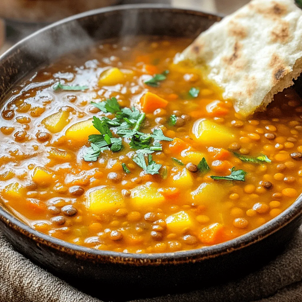 To make a great Iraqi lentil soup, you need a few key ingredients: - 1 cup red lentils, rinsed - 1 medium onion, finely chopped - 2 cloves garlic, minced - 1 medium carrot, diced - 1 medium potato, diced - 2 tablespoons olive oil - 1 teaspoon ground cumin - 1 teaspoon turmeric - 1/2 teaspoon paprika - 4 cups vegetable broth - Salt and pepper to taste - Fresh coriander or parsley for garnish - Juice of 1 lemon These ingredients create a base full of flavor. The red lentils cook quickly and blend nicely. The spices add warmth and depth, making this soup truly comforting. You can also add a few optional ingredients to boost the taste: - Additional vegetables like bell peppers or celery - Extra spices such as coriander or cayenne pepper - Homemade vegetable broth for a richer flavor These optional items can make your soup even more special. Feel free to mix and match based on what you have at home. The goal is to create a soup that you love! For the full recipe, check out the detailed steps on how to make this delightful dish. To start, rinse your red lentils under cold water. This helps remove any dust. Next, chop your onion, carrot, and potato into small pieces. The smaller they are, the quicker they cook. In a large pot, heat olive oil over medium heat. Once hot, add the chopped onion. Sauté it for about 5 minutes. You want it to turn soft and translucent. Then, add minced garlic and cook for just 1 more minute. This will make your kitchen smell great! Now, toss in the diced carrot and potato. Stir them around and cook for an extra 3 to 4 minutes. After that, sprinkle in the ground cumin, turmeric, and paprika. Stir everything to coat the veggies in spices. Let it cook for 1 minute. This step helps bring out all those great flavors. Add the rinsed lentils to your pot. Then pour in the vegetable broth. Bring everything to a boil. Once it boils, lower the heat to let it simmer. Leave it uncovered for about 25 to 30 minutes. This will soften the lentils and veggies. When it's time, you can blend the soup for a smooth texture. Use an immersion blender for ease. If you want it chunkier, blend less. If you prefer, transfer the soup in batches to a regular blender. Finally, season with salt and pepper. Add the juice of one lemon and mix well. For a beautiful presentation, serve the soup in deep bowls. Drizzle a little olive oil on top. Add a sprinkle of fresh coriander or parsley for color. This soup pairs well with warm pita bread. You can also serve it with a side salad for a complete meal. Enjoy your comforting bowl of Iraqi lentil soup! For the full recipe, check the detailed instructions earlier in this article. To make a great Iraqi lentil soup, texture is key. Start by choosing the right lentils. Red lentils cook quickly and break down nicely, giving the soup a creamy feel. Rinse them well before use to remove any dust. When you cook the soup, sauté your onions until they are soft. This builds a strong base of flavor. After adding garlic, let it cook just until fragrant. If you want a thicker soup, blend a portion of it after cooking. This gives you that comforting, creamy texture without losing all the chunks of veggies. Always taste your soup as you cook. Adjust the seasonings if needed. You can add more salt, pepper, or spices to make it just right for you. A squeeze of lemon juice at the end adds brightness. Busy days call for smart cooking. Use pre-prepped ingredients when possible. You can find ready-chopped onions and garlic in stores. They save you time and effort. Cooking in a batch is another great idea. Make a large pot and store leftovers in the fridge. The flavors only get better after a day. You can also freeze portions for quick meals later. Just reheat on the stove or microwave when you're ready to enjoy. For the full recipe, check out the [Full Recipe] for more details. {{image_2}} You can easily swap out lentils if you want. Green or brown lentils work well, but they take longer to cook. For vegetables, try adding spinach or zucchini instead of carrots and potatoes. This gives your soup a fresh twist. For spices, consider adding a pinch of cinnamon or cardamom. This can create a warm, aromatic flavor. You might also try smoked paprika for a deeper taste. Feel free to mix and match spices to find your favorite flavor profile. This soup is vegan and naturally gluten-free, making it a great choice for many diets. If you want to make it heartier, add chickpeas or quinoa. Both add protein and texture. For allergies, you can omit garlic or onion. Use vegetable broth that is free from allergens. Always read labels to ensure all ingredients are safe for your needs. You can enjoy this soup without worry, knowing it fits your dietary needs. Don’t forget to check the [Full Recipe] for more details on making this comforting dish! To keep your Iraqi lentil soup fresh, follow these tips: - Refrigerate: Store leftovers in an airtight container. This way, they stay safe and tasty. The soup lasts up to 5 days in the fridge. - Freeze: For longer storage, freeze the soup. Use freezer-safe containers or bags. This soup can last up to 3 months in the freezer. To ensure the best freshness, let the soup cool before storing it. Always label your containers with the date. Reheating soup can be easy if you follow these steps: - Stovetop Method: Pour the soup into a pot. Heat it over medium heat. Stir often to avoid sticking. This method helps maintain the soup's flavor. - Microwave Method: Use a microwave-safe bowl. Heat in short bursts, stirring in between. This keeps the soup warm without overcooking it. When reheating, check the consistency. If it’s too thick, add a splash of broth or water. This will help keep the flavors rich and the texture just right. What can I use instead of red lentils? If you can't find red lentils, you can use yellow lentils. They cook similarly and create a nice flavor. You can also try split peas, but they may change the soup's texture a bit. How long does it take to cook Iraqi Lentil Soup? Cooking this soup takes about 40 minutes total. You will spend about 10 minutes prepping and 30 minutes cooking. This time allows the lentils and veggies to become tender and delicious. What's the origin of Iraqi Lentil Soup? Iraqi Lentil Soup has deep roots in Middle Eastern cuisine. It reflects the region's love for lentils, which are healthy and filling. This dish has been made for generations, often shared among families. Traditional occasions for serving this dish People often serve this soup during special gatherings, holidays, or even daily meals. It is a comforting dish that brings people together, making it a staple in many Iraqi homes. Can I make this soup ahead of time? Yes, you can make this soup ahead of time. It tastes even better the next day as the flavors meld together. Just store it in the fridge for up to three days. How to modify portions for meal prep To modify portions, simply double or triple the recipe. This way, you can have leftovers for busy days. Divide the soup into smaller containers for easy meals. For the full recipe, check out the detailed instructions above! Iraqi Lentil Soup is a simple, tasty dish. We covered the key ingredients, cooking steps, and tips to perfect the recipe. You can customize flavors and ingredients to suit your taste. Whether you serve it fresh or store it for later, this soup fits many diets. I hope you feel inspired to cook this healthy meal, share it, and enjoy it with your loved ones. Cooking should be fun and rewarding, so dive into making your own bowl of warm comfort!