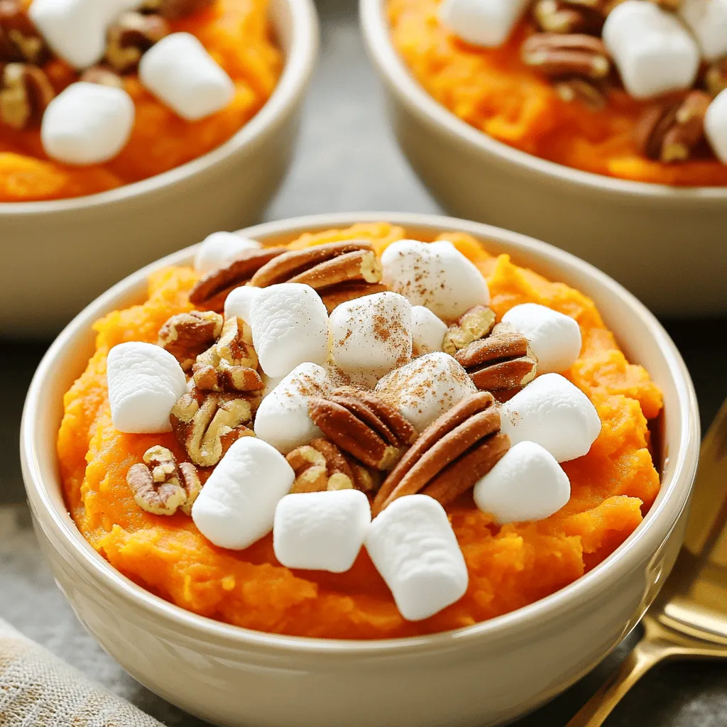 - 4 large sweet potatoes, peeled and cubed - 1/2 cup brown sugar - 1/4 cup granulated sugar - 1/2 teaspoon cinnamon - 1/4 teaspoon nutmeg - 1/2 cup unsalted butter, melted - 1/2 cup milk - 2 large eggs - 1 teaspoon vanilla extract - 2 cups mini marshmallows - 1/2 cup chopped pecans (optional for topping) Sweet potatoes bring a natural sweetness to the dish. Look for firm, smooth potatoes. Brown sugar adds a rich flavor. If you want more sweetness, you can add more granulated sugar. Cinnamon and nutmeg add warmth and depth. Unsalted butter helps control the salt level in the dish. Milk makes the filling creamy. Eggs bind the mix together and add structure. Vanilla extract enhances the sweet notes. Mini marshmallows melt perfectly on top. If you love crunch, pecans are a great addition. You will need a few tools for this recipe: - A large pot for boiling sweet potatoes - A mixing bowl for combining ingredients - A potato masher or fork for mashing - A 9x13 inch baking dish for baking the casserole - An oven to cook the dish - Measuring cups and spoons for accuracy This recipe is all about making sweet potato casserole with marshmallows. For a full recipe, check out the details above. First, gather all your ingredients. You will need four large sweet potatoes, brown sugar, granulated sugar, cinnamon, nutmeg, butter, milk, eggs, and vanilla. You can also use mini marshmallows and pecans if you like. Next, peel and cube the sweet potatoes. Then, bring a large pot of water to a boil. Add the sweet potatoes and cook for about 15-20 minutes until they are soft. Drain them and let them cool for a few minutes. Now, mash the sweet potatoes until they are smooth. In a big bowl, add the brown sugar, granulated sugar, cinnamon, nutmeg, melted butter, milk, eggs, and vanilla. Mix all these ingredients together until creamy. Preheat your oven to 350°F (175°C). Grease a 9x13 inch baking dish. Spread the sweet potato mixture evenly in the dish. Bake in the oven for 25 minutes. After 25 minutes, take the dish out of the oven. Carefully sprinkle the mini marshmallows on top. If you want, add chopped pecans for some crunch. Place the dish back in the oven. Bake for another 10-15 minutes until the marshmallows are golden and slightly melted. Keep an eye on the marshmallows. They can brown quickly, so check often. If you notice they are too dark, you can cover them with foil. Let the casserole cool for a few minutes before serving. This will help the marshmallows set a bit. Serve the warm casserole in bowls. A sprinkle of cinnamon on top adds extra flavor. For the full recipe, you can refer to the earlier section. Enjoy this delightful dish at your next gathering! To get the best sweet potato casserole, start with fresh sweet potatoes. Choose ones that are firm and smooth. When you mash them, make sure to get a smooth texture. This makes the casserole creamy. Mix in the sugars and spices well. This gives it a rich flavor. For a richer taste, use unsalted butter. It adds a nice touch without being too salty. One common mistake is overcooking the sweet potatoes. This can make them watery, ruining the casserole’s texture. Always check for tenderness with a fork, but don’t let them turn mushy. Another mistake is not mixing the ingredients enough. Make sure everything is well combined for even flavor. If you skip the pecans, you miss out on a nice crunch. Finally, keep an eye on the marshmallows. You want them golden, not burnt. Serve this sweet potato casserole warm for the best taste. Use individual bowls for a nice presentation. Top each serving with a sprinkle of cinnamon. This adds extra flavor and looks great. Pair it with roasted turkey or ham for a perfect holiday meal. You can also enjoy it as a side dish for a family dinner. For the full recipe, visit the [Full Recipe] section. {{image_2}} If you want to switch things up, you can easily swap some ingredients. Here are a few ideas: - Use maple syrup instead of brown sugar for a richer taste. - Swap granulated sugar for coconut sugar for a healthier choice. - Instead of butter, use coconut oil for a dairy-free option. - You can replace milk with almond milk or oat milk for a vegan twist. To make your sweet potato casserole pop, consider these flavor boosters: - Add a pinch of cayenne pepper for a bit of heat. - Mix in some chopped fresh herbs like rosemary or thyme for a savory note. - Stir in crushed pineapple for a tropical flair that balances the sweetness. - Top with crushed graham crackers instead of marshmallows for a new texture. Catering to different diets? No problem! Here’s how to adapt the recipe: - For a gluten-free option, just ensure that your sugars and toppings are certified gluten-free. - To make it vegan, use flax eggs and a plant-based milk. - Reduce sugar by using mashed bananas or applesauce to sweeten the dish naturally. - For keto followers, consider using a sugar substitute like erythritol or monk fruit sweetener. These variations allow you to personalize your sweet potato casserole while keeping the essence of this delightful dish. Check out the full recipe for more details! To keep your sweet potato casserole fresh, let it cool. Place it in an airtight container. Make sure to store it in the fridge. It can last up to four days this way. If you have more than you can eat, consider freezing it. When you are ready to enjoy your leftovers, preheat the oven to 350°F. Place the casserole in an oven-safe dish. Cover it with foil to keep it moist. Heat for about 20-25 minutes. If you want the marshmallows to be gooey again, remove the foil for the last five minutes. For freezing, wrap the casserole tightly in plastic wrap. Then, place it in a freezer bag or container. It will stay good for up to three months. When you want to eat it, thaw it in the fridge overnight. After that, follow the reheating tips to warm it up. Enjoy your sweet potato casserole with marshmallows! Check the Full Recipe for more details. To make this dish, start with sweet potatoes. Boil them until tender, which takes about 15-20 minutes. Then, mash the sweet potatoes in a bowl. Next, add brown sugar, granulated sugar, cinnamon, nutmeg, melted butter, milk, eggs, and vanilla extract. Mix until creamy. Spread this mixture in a greased baking dish. Bake for 25 minutes at 350°F. After that, add mini marshmallows on top and bake again until they turn golden brown. You can find the full recipe for more details. Yes, you can prepare this casserole ahead of time. Just make the sweet potato mixture and store it in the fridge. Cover it well to keep it fresh. When you are ready to eat, spread the marshmallows on top and bake. This makes it easy to serve at gatherings. If you don’t want to use marshmallows, there are great alternatives. You can use toasted nuts for crunch. Try chopped pecans or walnuts. Another option is using coconut flakes for a sweet touch. You can also drizzle maple syrup or honey on top for extra sweetness. These choices keep the dish tasty and fun! This blog post detailed how to make a sweet potato casserole. We covered the key ingredients, tools you need, and step-by-step instructions. I shared tips for perfecting your dish, common mistakes to avoid, and ways to enhance flavors. We also looked at storage methods and answered common questions. Now, you can create a delicious casserole that everyone will love. Don’t forget to experiment with variations to make it your own! Enjoy your cooking adventure!