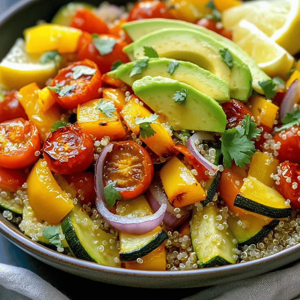 - Quinoa and vegetable broth - 1 cup quinoa, rinsed - 2 cups vegetable broth or water Quinoa is a great base for this bowl. It is high in protein and gluten-free. The vegetable broth adds flavor to the quinoa as it cooks. This makes it more tasty. - Fresh vegetables - 1 red bell pepper, diced - 1 zucchini, sliced - 1 yellow squash, sliced - 1 cup cherry tomatoes, halved - 1 red onion, cut into wedges Using a mix of colorful vegetables makes your bowl look pretty. Each vegetable brings its own taste and texture. You can choose any fresh veggies you like. - Seasonings and garnishes - 2 tablespoons olive oil - 1 teaspoon dried oregano - 1 teaspoon garlic powder - Salt and pepper to taste - 1 avocado, sliced - Fresh cilantro or parsley for garnish - Lemon wedges for serving Seasonings boost the flavor of the vegetables. Olive oil helps them roast nicely. The avocado adds creaminess to the dish. Fresh herbs and lemon give it a bright finish. For the full recipe, check out the details above. To cook the quinoa, start by rinsing it under cold water. This step removes the bitter coating. Next, combine 1 cup of quinoa with 2 cups of vegetable broth or water in a medium pot. Bring this mix to a boil over high heat. Once it boils, reduce the heat to low. Cover the pot and let it simmer for about 15 minutes. The quinoa should absorb all the liquid. When it's done, fluff it with a fork. This helps separate the grains. Perfect quinoa is light and fluffy, not mushy. If you want a nutty flavor, you can toast the quinoa in the pot for a few minutes before adding the liquid. While the quinoa cooks, focus on the veggies. Choose fresh, colorful vegetables for your bowl. I like using red bell peppers, zucchini, yellow squash, cherry tomatoes, and red onion. Chop them into bite-sized pieces. In a large bowl, toss the chopped veggies with olive oil. Use about 2 tablespoons. Add 1 teaspoon of dried oregano, 1 teaspoon of garlic powder, and salt and pepper to taste. Make sure each piece is coated well for the best flavor. This step makes your roasted vegetables taste amazing. Now it’s time to roast the vegetables. Preheat your oven to 400°F (200°C). Spread the seasoned veggies evenly on a baking sheet. Roast them for 25-30 minutes. Halfway through, stir the vegetables to ensure even cooking. You want them to be tender and slightly caramelized. Checking for doneness is key. If they are golden brown and soft, they’re ready. This roasting brings out their natural sweetness. Once done, you can mix them with your quinoa for a delicious bowl. For the full recipe, refer to the previous section. To make your roasted vegetable quinoa bowl stand out, try these tips: - DIY flavor boosts: Use different herbs like thyme or basil. A dash of balsamic vinegar adds depth. For heat, try red pepper flakes or a splash of hot sauce. - Optimal vegetable combinations: Mix sweet and savory. Pair bell peppers, zucchini, and carrots with onions and garlic. Seasonal veggies like Brussels sprouts or asparagus work great, too. Meal prep saves time and effort. Here’s how to store and prepare: - Storing leftovers effectively: Keep leftovers in airtight containers. They last up to four days in the fridge. For longer storage, freeze portions in freezer-safe bags. - Making ahead for busy days: Cook a big batch on the weekend. Portion it out for quick lunches or dinners. Just reheat and enjoy. Presentation matters! Here’s how to make your bowl look inviting: - Assembling the bowl attractively: Start with a base of quinoa. Layer colorful roasted veggies on top. Add avocado slices for creaminess. Finish with fresh herbs and lemon wedges. - Pairing ideas for additional protein: Add grilled chicken, chickpeas, or black beans for extra protein. Tofu or tempeh also works well for a plant-based option. For the full recipe, check the Rainbow Roasted Vegetable Quinoa Bowl 🥗. {{image_2}} You can change grains and veggies in this recipe. If you want to try other grains, use brown rice, farro, or barley. These grains add texture and taste. For veggies, swap out the zucchini and yellow squash for broccoli or carrots. Each option brings its own flavor. You can also mix in spinach or kale for extra greens. This recipe can fit your diet. Use vegetable broth for a vegan bowl. For a non-vegan option, add cheese or yogurt. This adds creaminess and richness. Spicing up your bowl is easy. Try adding cumin, paprika, or chili powder for a warm kick. You can also drizzle balsamic glaze or tahini for a nutty flavor. Mix in beans like black beans or chickpeas for more protein. They make the bowl hearty and filling. You can also add nuts or seeds for crunch. Change the recipe with the seasons. In spring, use asparagus and peas for freshness. Summer is great for adding corn and bell peppers. In fall, use root veggies like sweet potatoes or butternut squash. Winter calls for hearty veggies like Brussels sprouts or cauliflower. Using seasonal produce keeps your bowl fresh and tasty. To keep your roasted vegetable quinoa bowl fresh, store it in the fridge. Use an airtight container. This helps maintain flavor and texture. The bowl stays good in the fridge for up to four days. If you want to save it for longer, freezing is a great option. Allow the bowl to cool completely. Then, place it in a freezer-safe container. You can freeze it for up to three months. Label the container with the date to track freshness. When reheating, aim to keep the texture nice. Use the microwave for quick warming. Heat in short bursts, stirring in between. This helps avoid sogginess. Another option is the oven. Preheat it to 350°F (175°C). Place the bowl in an oven-safe dish and cover it with foil. Bake for about 15 minutes. This method keeps the veggies crisp. For serving, add fresh toppings like avocado or herbs after reheating. You can also squeeze a lemon wedge over the top for added zest. Enjoy your meal! How long can I store a roasted vegetable quinoa bowl? You can store a roasted vegetable quinoa bowl in the fridge for about 4 days. Just make sure to use an airtight container. This helps keep it fresh and tasty. Can I use other grains instead of quinoa? Yes, you can use other grains like brown rice, farro, or barley. Each grain brings its own flavor and texture. Adjust cooking times based on the grain you choose. Caloric content and nutritional breakdown A serving of this roasted vegetable quinoa bowl has about 350 calories. It contains protein, fiber, and healthy fats. Quinoa is high in protein, while veggies add vitamins and minerals. Health benefits of the ingredients used - Quinoa: Good for muscle health and full of fiber. - Vegetables: Packed with vitamins A and C. - Olive oil: Contains healthy fats that support heart health. These ingredients together make a balanced meal. Can I make this recipe gluten-free? Yes, this recipe is naturally gluten-free thanks to quinoa and fresh veggies. Just check any seasoning or broth labels to ensure they are gluten-free. How can I spice it up for more flavor? You can add spices like cumin or paprika for a kick. Try adding a splash of hot sauce or a sprinkle of feta cheese for extra flavor. Experiment with your favorite spices to make it your own. For the full recipe, check out the Rainbow Roasted Vegetable Quinoa Bowl 🥗. In this blog post, we explored how to create a delicious roasted vegetable quinoa bowl. We covered key ingredients, step-by-step cooking methods, and valuable tips for perfection. You learned about storage and reheating techniques. This meal is not only healthy but also easy to customize. Take these ideas and make this dish your own. Enjoy the process and experiment with flavors. You will create a wholesome bowl every time. Remember, cooking is fun and offers endless choices!