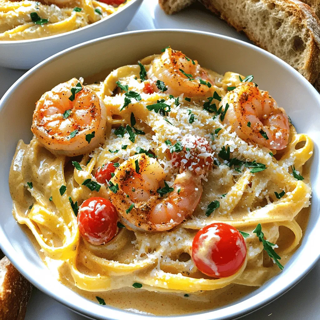 To make creamy Cajun shrimp pasta, you will need these ingredients: - 8 ounces fettuccine pasta - 1 pound large shrimp, peeled and deveined - 2 tablespoons Cajun seasoning - 2 tablespoons olive oil - 4 cloves garlic, minced - 1 cup heavy cream - 1 cup chicken broth - 1 cup cherry tomatoes, halved - 1/2 cup grated Parmesan cheese - 1/4 cup chopped fresh parsley - Salt and pepper to taste Using the right amounts of each ingredient matters for flavor and texture. Too much Cajun seasoning can make it too spicy. Too little cream may leave your sauce too thin. Accurate measurements ensure you enjoy a balanced dish. I always recommend using a kitchen scale for the best results, especially with pasta and shrimp. If you're missing an ingredient, here are some great swaps: - Fettuccine: You can use penne or spaghetti instead. - Large shrimp: Medium shrimp work well too. - Heavy cream: Substitute with half-and-half for a lighter version. - Chicken broth: Vegetable broth can be used for a vegetarian option. - Parmesan cheese: Try Pecorino Romano for a different flavor. These substitutes keep your dish tasty while allowing for flexibility in your kitchen! For more details, check out the Full Recipe. Start by gathering all your ingredients. Having everything ready makes cooking smooth. You will need fettuccine pasta, shrimp, Cajun seasoning, olive oil, garlic, heavy cream, chicken broth, cherry tomatoes, Parmesan cheese, parsley, salt, and pepper. This recipe takes about 30 minutes to make. Fill a large pot with water and add salt. Bring it to a boil. Once boiling, add the fettuccine. Cook according to the package instructions until it is al dente, which means firm to the bite. This usually takes around 8 to 10 minutes. After cooking, drain the pasta and set it aside. In a medium bowl, mix the shrimp with Cajun seasoning. Make sure each shrimp is coated well. In a large skillet, heat olive oil over medium heat. Add the shrimp and cook for about 2 to 3 minutes on each side, until they turn pink. Remove the shrimp and set them aside. In the same skillet, add minced garlic. Sauté it for one minute until you smell its aroma. Next, pour in the chicken broth and heat it until it simmers. Slowly add the heavy cream and halved cherry tomatoes. Let the sauce simmer for 3 to 5 minutes. It should thicken slightly. Now, add the cooked pasta and shrimp back to the skillet. Toss everything well so it is coated in the creamy sauce. Stir in grated Parmesan cheese until it melts. Season with salt and pepper to your taste. Finish by garnishing with chopped parsley before serving. For the full recipe, check out the [Full Recipe]. To enhance the flavor of your creamy Cajun shrimp pasta, use a good Cajun seasoning. Fresh spices give the best taste. You can also add a pinch of smoked paprika for depth. When cooking, let the garlic cook until fragrant but not brown. This gives a rich flavor to the sauce. Cherry tomatoes add sweetness and a pop of color. Don't skip the Parmesan cheese; it adds creaminess and a salty finish. Cooking shrimp is simple, but timing is key. Heat your oil on medium. Add shrimp and cook for about 2-3 minutes per side. They should turn pink and opaque. Overcooking makes shrimp rubbery, which is not tasty. Always remove them from the skillet when done. This keeps them tender and juicy. For serving, use deep bowls. This keeps the pasta in place and looks nice. I like to garnish with fresh parsley and a sprinkle of Parmesan. Serve with crusty bread on the side. It helps soak up that creamy sauce. For a twist, try adding a squeeze of lemon juice before serving. It brightens up the dish and adds a fresh taste. You can find the full recipe to guide you through these steps easily. {{image_2}} You can make this dish lighter without losing taste. Swap heavy cream for low-fat milk or Greek yogurt. This keeps the creaminess while cutting calories. You can also use whole grain pasta instead of regular fettuccine. This adds fiber and nutrients to your meal. To make this dish gluten-free, choose gluten-free pasta made from rice or quinoa. For a dairy-free option, replace heavy cream with coconut milk. This gives a nice flavor and keeps it creamy. You can also skip the cheese or use a plant-based cheese to stay dairy-free. Adjust the spice level to fit your taste. If you like it hot, add more Cajun seasoning or a pinch of cayenne pepper. For a milder dish, reduce the seasoning or use a sweet paprika. You can also mix in other veggies like bell peppers or spinach for extra color and taste. Each tweak brings a new flavor, making this dish your own. For the full recipe, check the link! After you enjoy your meal, let the pasta cool down. Place leftovers in an airtight container. This keeps them fresh. Store the container in the fridge for up to three days. If you want to keep it longer, consider freezing the pasta. To reheat, use a microwave or a skillet. If using a microwave, cover the dish to keep moisture in. Heat until warm, stirring halfway through. If using a skillet, add a splash of chicken broth or cream. This helps to bring back the creamy texture. Stir over low heat until heated through. To freeze, place the cooled pasta in a freezer-safe container. Seal it tightly and label it with the date. It can last up to three months in the freezer. When ready to eat, thaw in the fridge overnight. Then, reheat as described above for the best taste. For the full recipe, check out the Creamy Cajun Shrimp Pasta ! To make the dish spicier, you can add more Cajun seasoning. Start with an extra teaspoon and taste as you go. You can also add chopped fresh jalapeños for a fresh kick. If you want more heat, try crushed red pepper flakes. A dash of hot sauce can also boost the spice level without changing the dish's flavor too much. Just remember, spice can build quickly, so adjust slowly. If you don’t have fettuccine, you can use other pasta types. Penne or rigatoni work well because they hold the sauce nicely. Spaghetti is another option, but it may not hold the creamy sauce as well. For a gluten-free option, try rice pasta or zucchini noodles. These choices still taste great with the creamy sauce and shrimp. Yes, you can use raw shrimp for this recipe. Just make sure to clean and devein them first. Cook the raw shrimp until they are pink and opaque, which usually takes about 2-3 minutes per side. This will ensure they are tender and flavorful. If you want an easy option, you can also use frozen shrimp. Just thaw them before cooking. For the full recipe, check out the details above. In this post, we covered all you need for Creamy Cajun Shrimp Pasta. We detailed ingredients, measuring tips, and tasty substitutes. You learned step-by-step how to cook the pasta and make the creamy sauce. We shared tips to enhance flavors and cook shrimp just right. You also discovered variations for different diets and preferences. Remember, cooking is both fun and flexible. Use these insights to create your perfect dish. Enjoy your meal, and don't forget to share it!