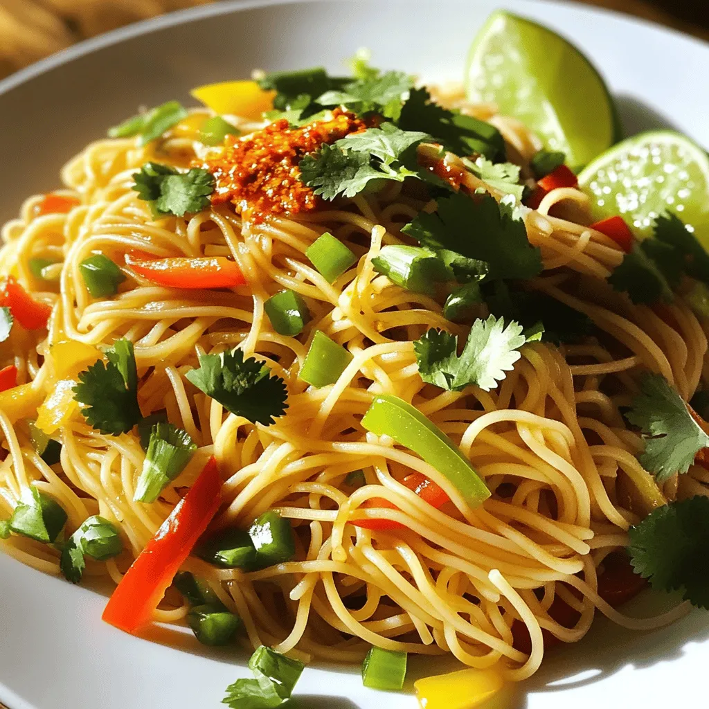 - 200g noodles (egg or rice noodles) - 3 tablespoons vegetable oil - 5 cloves garlic, minced - 2 tablespoons fresh ginger, grated - 2-3 tablespoons chili paste (adjust to taste) - 1 tablespoon soy sauce - 1 tablespoon sesame oil - 1 teaspoon sugar - 1 bell pepper, thinly sliced - 2 green onions, chopped - Fresh cilantro for garnish - Lime wedges for serving In my kitchen, the process to make chili garlic noodles starts with the essential ingredients. You want to use 200 grams of noodles. Egg or rice noodles work well. Next, grab three tablespoons of vegetable oil. This oil helps to fry the garlic and ginger. Garlic is key in this dish. You will need five cloves, minced. Then, use two tablespoons of fresh ginger, grated. The next star is chili paste. Use two to three tablespoons, depending on how spicy you like it. You will also need one tablespoon of soy sauce and one tablespoon of sesame oil. Sugar adds a nice touch. Just one teaspoon will do. For crunch and color, slice one bell pepper thinly. Add two green onions, chopped, for more flavor. Don’t forget fresh cilantro for garnish and lime wedges for serving! These bright flavors make the dish pop. - Additional vegetables (carrots, snap peas) - Protein options (chicken, shrimp, tofu) If you want to mix it up, you can add more vegetables. Carrots and snap peas are great choices. For protein, try chicken, shrimp, or tofu. These options make your meal more filling and nutritious. For the full recipe, check out the [Full Recipe]. 1. Boil a pot of water on the stove. 2. Add the noodles and cook them according to the package instructions. 3. Once they are done, drain them and set aside for later. 1. In a small mixing bowl, combine chili paste, soy sauce, sesame oil, and sugar. 2. Mix them well and set the bowl aside. 1. Heat the vegetable oil in a large skillet or wok over medium heat. 2. Add minced garlic and grated ginger. Stir for about 30 seconds until fragrant. 3. Toss in the sliced bell pepper. Stir-fry for 2-3 minutes until they start to soften. 4. Add the cooked noodles to the skillet along with the sauce. 5. Toss everything together. Ensure the noodles are well coated. 6. Stir-fry for an additional 2-3 minutes to meld the flavors. 7. Add chopped green onions and mix well. Remove from heat. 8. Plate the noodles, garnished with fresh cilantro. Serve with lime wedges for an added zing. This full recipe for chili garlic noodles makes dinner quick and tasty! - Adjust chili paste to customize spice level. Start with a small amount and taste. - Use fresh ingredients for maximum flavor. Fresh garlic and ginger make a big difference. - Don’t overcook the vegetables for crunchiness. A quick stir-fry keeps them vibrant. - Stir-frying is better for noodles than boiling. It adds nice texture and flavor. - To achieve that perfect stir-fry finish, keep the heat high. This helps the noodles get a nice char. Toss them quickly to coat with sauce while cooking. These tips will elevate your chili garlic noodles. Remember, cooking is all about fun and trying new things! Check the Full Recipe for more details. {{image_2}} You can easily change this dish to fit your needs. For a vegetarian option, swap meat for tofu or tempeh. Simply sauté cubed tofu or tempeh with the garlic and ginger. This adds protein while keeping the dish plant-based. If you need a gluten-free option, use rice noodles instead of egg noodles. They cook quickly and absorb the sauce well. Make sure to check that your soy sauce is gluten-free too. This way, you can enjoy a tasty meal without the gluten. To keep things fresh, try adding different herbs and spices. Fresh basil or cilantro can brighten the dish. You can also add a dash of lime juice for a zesty kick. Swapping sauces can also change the flavor. Teriyaki sauce adds sweetness, while hoisin sauce gives a rich, savory taste. Both options give a unique twist to your chili garlic noodles. Experiment and find what you love best! For the full recipe, check the earlier section. Enjoy creating your own version of chili garlic noodles! To keep your chili garlic noodles fresh, you should refrigerate them. Place the noodles in an airtight container. This will help lock in the flavor and keep them safe from other smells in the fridge. Use a glass or plastic container with a tight lid for best results. When it's time to enjoy your leftovers, you want to reheat them right. The best way is to use a skillet. Heat the skillet over medium heat and add a splash of water or broth. This keeps the noodles moist and prevents them from getting hard. Stir the noodles as they heat up, and soon they will be warm and tasty again. If you prefer using the microwave, put the noodles in a bowl and add a little water. Cover the bowl with a microwave-safe lid or plate. Heat them in short bursts, stirring in between, until they are hot. This method keeps the dish from drying out and maintains its flavor. For the best taste, don't let your noodles sit too long after cooking. Store them right away and enjoy them within a few days. This way, you can savor all the delightful flavors of your chili garlic noodles. Chili garlic noodles are a spicy, savory dish made with noodles, garlic, and chili paste. This dish likely comes from Asian cuisine, where bold flavors shine. It combines heat from chili and the rich taste of garlic, creating a quick meal. You can use egg or rice noodles, making it versatile and fun. Yes, you can make chili garlic noodles ahead of time. Cook the noodles and prepare the sauce. Store them in separate airtight containers in the fridge. When ready to eat, just heat them up in a pan. Add a splash of water to keep them moist. You can adjust the spice level easily. For milder noodles, use less chili paste. You can also add sugar to balance the heat. If you want more spice, add more chili paste or a pinch of red pepper flakes. Taste as you go to find your perfect heat. Chili garlic noodles pair well with many side dishes. Try spring rolls or dumplings for a tasty addition. A light salad can balance the spice, too. For drinks, serve iced tea or a light beer to cool your palate. Making chili garlic noodles vegetarian is simple. Swap egg noodles for rice noodles to keep it plant-based. Use tofu or tempeh as a protein source. You can also add more veggies like carrots or snap peas for extra flavor and crunch. For the full recipe, check out the [Full Recipe](#) section. Chili garlic noodles are a simple and tasty dish. By using the right ingredients, like garlic, ginger, and chili paste, you create bold flavors. Remember to adjust spice levels to fit your taste. Explore variations with proteins or vegetables for more options. Store leftovers properly to enjoy them later. With these tips, you can make delicious chili garlic noodles anytime. Embrace your own creativity and enjoy every bite. Happy cooking!