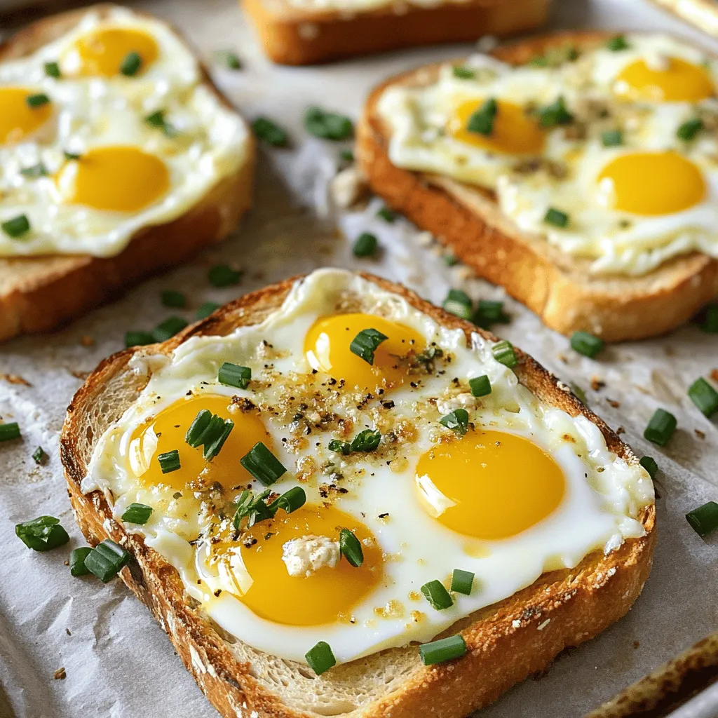 To make cheesy baked egg toast, you need a few key items: - Thick-cut bread options: I recommend using 4 slices of sourdough or brioche. This bread holds up well and adds great flavor. - Egg and cheese specifics: You will need 4 large eggs and 1 cup of shredded mozzarella cheese. Also, 1/2 cup of grated Parmesan cheese gives it a rich taste. - Seasoning and herbs: Don’t forget 2 tablespoons of melted butter. You will also want 1 teaspoon of garlic powder, 1 teaspoon of dried Italian herbs (like oregano, basil, or thyme), and salt and pepper to taste. You can enhance your dish with some fun garnishes: - Fresh herbs suggestions: Fresh chives or parsley add a nice touch. They provide color and a fresh flavor. - Additional toppings: Consider adding cooked bacon bits, sliced tomatoes, or even avocado for extra texture and taste. First, preheat your oven to 375°F (190°C). This temperature ensures even baking. While the oven heats, take your thick-cut bread. I recommend sourdough or brioche for the best taste and texture. Use a sharp knife to cut a shallow square in the center of each slice. This creates a well for the egg, so don’t cut all the way through. You want a nice frame for your egg. Now, let’s add some flavor. Brush both sides of the bread with melted butter. This helps the toast turn golden and crisp. Next, sprinkle garlic powder, salt, pepper, and dried Italian herbs on both sides. This seasoning brings out the best in your toast. Then, carefully crack one egg into the center of each piece of bread. Be gentle to keep the yolk intact. Place the baking sheet in the preheated oven. Bake for about 15 to 18 minutes. You want the egg whites to be set and the cheese to melt and bubble. If you like runny yolks, start checking at 12 minutes. Once baked, remove the toast and let it cool for a minute. This makes it easier to handle. Garnish with fresh chives or parsley for a burst of color and flavor. For the full recipe, check the details above. To get that perfect runny yolk, you need to watch your baking time. Bake the toast for about 12 minutes if you want a soft yolk. If you prefer a firmer yolk, let it bake for 15 to 18 minutes. The cheese-to-egg ratio is key for flavor. Use about 1/4 cup of cheese per egg. This amount will melt nicely and give you that cheesy goodness. You can bake your cheesy baked egg toast in a regular oven, but there are other methods too. If you want a quicker option, try using an air fryer. Set it to 350°F (175°C) and cook for about 8 to 10 minutes. This method will give you crispy edges and a warm center in less time. Pair your cheesy baked egg toast with fresh fruit or a simple salad. This adds a nice touch and balances the richness of the dish. You can also serve it with crispy bacon or sausage for a hearty breakfast. It's great for brunch or a quick weekday meal. If you want extra flavor, drizzle some hot sauce or pesto on top before serving. For more details, check the Full Recipe. {{image_2}} You can change the cheese to fit your taste. Here are some fun options: - Cheddar for a sharp flavor - Feta for a tangy twist - Gouda for a rich creaminess - Swiss for a nutty taste For bread, try different types for new flavors: - Whole grain for extra fiber - Rye for a hearty bite - Ciabatta for a crusty texture Add more ingredients to make your toast exciting. You can include: - Spinach or kale for greens - Diced tomatoes for freshness - Cooked bacon or ham for protein - Mushrooms for an earthy flavor Want some heat? Try these spicy ideas: - A drizzle of hot sauce - Chopped jalapeños or red pepper flakes If you need gluten-free options, use gluten-free bread. Many brands make tasty choices. For a vegan version, swap eggs for tofu. You can use nutritional yeast for a cheesy taste. Try these simple changes, and enjoy your cheesy baked egg toast in new ways! For the full recipe, check the earlier section. To keep your cheesy baked egg toast fresh in the fridge, place it in an airtight container. This will help keep the bread from getting soggy. Store it for up to three days. When you are ready to eat, you can reheat it in the oven or microwave. For the oven, set it to 350°F (175°C) and warm for about 10 minutes. If you use the microwave, heat it for about 30-45 seconds, checking to avoid overcooking. You can prepare cheesy baked egg toast for future meals by freezing it. First, let the toast cool completely. Then, place each piece on a baking sheet and freeze until solid. After that, wrap each slice in plastic wrap and store them in a freezer-safe bag. This way, you can keep them for up to a month. When you want to enjoy them, thaw in the fridge overnight. Then, bake at 350°F (175°C) until heated through, about 15 minutes. How long can I keep cheesy baked egg toast leftovers? You can keep cheesy baked egg toast leftovers in the fridge for up to three days. Store them in an airtight container to keep them fresh. When you reheat, use an oven or toaster oven for best results. This helps maintain the toast's crunch and flavor. Can I make cheesy baked egg toast without butter? Yes, you can make cheesy baked egg toast without butter. Use olive oil or a non-dairy spread instead. You may lose some richness, but the toast will still taste great. Make sure to season well for added flavor. What’s the best way to customize my cheesy baked egg toast? You can customize your cheesy baked egg toast in many ways. Add your favorite cheeses like cheddar or feta for a twist. Mix in cooked veggies like spinach or bell peppers for more nutrients. You can also try adding some bacon or sausage for extra protein. Can you prepare cheesy baked egg toast in advance? Yes, you can prepare cheesy baked egg toast in advance. Assemble the toast but do not bake it. Cover it and store it in the fridge for a few hours. When ready to eat, just pop it in the oven. This method saves time, especially on busy mornings. What are some drinks that pair well with this dish? Cheesy baked egg toast pairs well with many drinks. Freshly squeezed orange juice is a classic choice. You can also enjoy it with coffee or herbal tea. For a fun twist, try a mimosa or a smoothie for a refreshing option. Cheesy baked egg toast is simple and fun to make. We covered the ingredients, from thick bread to egg specifics and seasoning. I shared tips for perfecting the toast and different ways to serve it. You can even choose alternative ingredients for a twist. Try this recipe for breakfast or brunch and impress yourself. Enjoy customizing and sharing your creation with others. With easy steps, tasty options, and storage tips, you have everything you need for success. Now, get cooking and have fun!