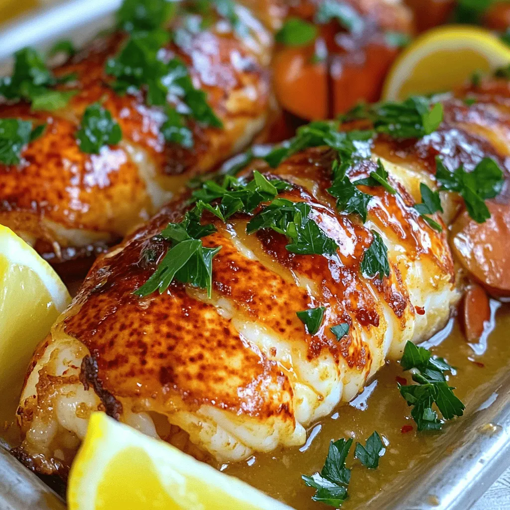 To make creamy garlic butter lobster tails, you need the following ingredients: - 4 lobster tails - 1/2 cup unsalted butter (1 stick) - 4 cloves garlic, minced - 1/2 teaspoon red pepper flakes - 1/4 cup heavy cream - 1/4 cup freshly grated Parmesan cheese - 2 tablespoons fresh parsley, chopped - Salt and pepper to taste - Lemon wedges for serving These ingredients work together to create rich flavors. The lobster tails bring a sweet and tender meat, while butter adds a luxurious feel. Garlic gives a savory kick, and red pepper flakes add a hint of heat. Heavy cream and Parmesan create a smooth, creamy sauce that coats the lobster beautifully. Fresh parsley brightens the dish, and lemon wedges add a zesty finish. For a detailed recipe, check out the Full Recipe. - Preheat the oven to 375°F (190°C). - Using kitchen shears, cut down the middle of each lobster tail shell. - Gently pull the lobster meat away from the shell, but keep it attached at the base. This makes it easy to broil. - In a small saucepan, melt the butter over medium heat. - Add minced garlic and red pepper flakes. Sauté for about 1–2 minutes until fragrant. - Stir in heavy cream and Parmesan cheese. Mix until the sauce is smooth. - Season with salt and pepper to taste. Remove from heat and add half of the parsley. - Place the prepared lobster tails on a baking sheet. - Spoon the creamy garlic butter sauce over each tail. Let it coat the meat. - Bake for about 12–15 minutes until the meat is opaque. - For a golden finish, broil for the last 2–3 minutes. Watch closely to avoid burning. - Garnish with the remaining parsley and serve with lemon wedges. For the complete recipe, check the Full Recipe section. To get the best texture for lobster meat, aim for a tender bite. Start by cooking lobster tails in boiling water for about 8–10 minutes. This method helps keep the meat juicy. When you bake the lobster, do not exceed 15 minutes in the oven. Overcooking makes the meat tough and chewy. Always watch for the color change; it should turn opaque. To boost flavor, try adding fresh herbs like thyme or dill. These herbs pair well with lobster. You can also use a pinch of smoked paprika for a nice twist. If you have dietary needs, swap heavy cream for coconut cream. For a dairy-free option, use nutritional yeast instead of Parmesan. These changes still keep the dish rich and tasty. For the full recipe, check the detailed cooking steps above. {{image_2}} You can change the sauce to mix things up. Try a lemon herb sauce for bright flavors. Mix fresh lemon juice with olive oil, garlic, and herbs. This adds a zesty touch. A spicy sriracha sauce is another great option. Just blend sriracha with melted butter. This sauce brings heat and flavor. You can also try a creamy white wine sauce. Cook some white wine with garlic and cream for a rich taste. For seafood lovers, mix in some crab or shrimp flavors. A touch of seafood stock can enhance your dish. Grilling is a fun way to cook lobster tails. It gives a smoky flavor that many love. You can grill them directly on the grates. Just brush with oil and grill for about 5-7 minutes. Baking is easier and keeps the tails moist. You can bake them like in the Full Recipe. This method is great for even cooking. Pan-searing is another option. This method gives a nice crust. Start by heating a pan with oil. Sear the lobster tails for a few minutes on each side. This adds a new texture but requires more attention. Each method has its perks, so choose what suits you best! To keep your leftover lobster tails fresh, refrigerate them promptly. Place the tails in an airtight container or wrap them tightly in plastic wrap. They should stay good in the fridge for up to three days. If you want to store them for longer, freeze them. Wrap each tail in plastic wrap, then place them in a freezer bag. They can last up to three months frozen. When it comes to reheating, the oven works best. Preheat your oven to 350°F (175°C). Place the lobster tails on a baking dish and cover them with foil. Heat for about 10 minutes or until warm. You can also use a microwave, but be careful. Heat in short bursts to avoid overcooking. The shelf life of cooked lobster tails in the fridge is about three days. In the freezer, they can last up to three months. Always check for signs of spoilage before eating. If you see any discoloration or an off smell, it’s best to throw them out. Signs of spoilage include a slimy texture or a sour odor. Fresh lobster should smell like the ocean, not fishy. Trust your senses; when in doubt, don’t eat it. Keeping track of how long you've stored your lobster tails helps ensure your meals stay safe and delicious. For more detailed preparation, check out the Full Recipe for Creamy Garlic Butter Lobster Tails. Cooking time for lobster tails varies by size. Here are some quick guidelines: - Small (3-4 oz): About 8-10 minutes. - Medium (5-6 oz): About 10-12 minutes. - Large (7-8 oz): About 12-15 minutes. Check for opaque meat to know it's done. Yes, you can use frozen lobster tails. Here’s how: - Thaw them first: Place them in the fridge overnight. - Quick thaw: Submerge in cold water for about 30-60 minutes. Cook as you would fresh tails, adjusting time for size. Pair your creamy garlic butter lobster tails with these sides: - Garlic bread: Perfect for soaking up the sauce. - Steamed asparagus: Brightens the plate and adds crunch. - Rice pilaf: A great base for the rich flavors. - Mixed green salad: Freshness balances the meal. These pairings will enhance your dining experience. For the full recipe, check out the details above! In this blog post, we explored how to make creamy garlic butter lobster tails. We covered all the key ingredients, detailed step-by-step instructions, and shared useful tips for perfect cooking. You learned about sauce variations and proper storage for leftovers. Cooking lobster can be simple and rewarding. I hope you feel ready to try this recipe and impress your loved ones. Fresh lobster is a treat worth savoring! Enjoy your culinary adventure.