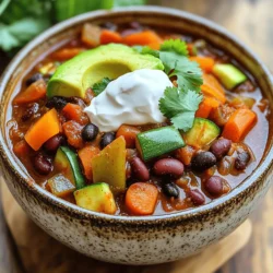 To make your veggie-packed chili, gather these simple yet tasty ingredients: - 1 tablespoon olive oil - 1 large onion, chopped - 2 cloves garlic, minced - 1 bell pepper (red or yellow), diced - 2 carrots, diced - 1 zucchini, diced - 1 can (15 oz) kidney beans, drained and rinsed - 1 can (15 oz) black beans, drained and rinsed - 1 can (14 oz) diced tomatoes - 2 tablespoons tomato paste - 1 cup vegetable broth - 1 tablespoon chili powder - 1 teaspoon cumin - 1 teaspoon smoked paprika - Salt and pepper to taste - Fresh cilantro, for garnish - Avocado, sliced, for serving - Sour cream (or plant-based alternative), for topping These ingredients give the chili its hearty texture and rich flavors. Each one plays a role in making this dish special. The beans provide protein, while the vegetables add color and nutrients. You can find the full recipe in the section above. Enjoy cooking and savoring each bite! 1. Heating the olive oil: Start by heating 1 tablespoon of olive oil in a large pot over medium heat. This oil adds a nice flavor to the chili. 2. Sautéing the onion and garlic: Next, add 1 chopped onion. Sauté it for about 5 minutes until it gets soft and clear. Then, stir in 2 minced garlic cloves for about 1 minute. The smell will be great! 3. Adding and softening vegetables: Toss in 1 diced bell pepper, 2 diced carrots, and 1 diced zucchini. Cook these for 5-7 minutes until they soften a bit. This mix gives a nice crunch and color. 4. Combining beans and tomatoes: Now, add the beans and tomatoes. Use 1 can of drained kidney beans, 1 can of drained black beans, and 1 can of diced tomatoes. Also, add 2 tablespoons of tomato paste and 1 cup of vegetable broth for richness. 5. Adding spices: Sprinkle in 1 tablespoon of chili powder, 1 teaspoon of cumin, and 1 teaspoon of smoked paprika. Don’t forget to add salt and pepper to taste. Mix everything well to blend the flavors. 6. Simmering the chili: Bring your chili to a gentle boil. Then, lower the heat and let it simmer for 20-25 minutes. Stir it occasionally until the veggies are tender and the chili gets thick. 7. Adjusting seasoning: After simmering, taste the chili. Adjust the seasoning if needed. A little more salt or spice can make a big difference! 8. Serving suggestions: Serve your veggie-packed chili hot. Top it with fresh cilantro and slices of avocado. A dollop of sour cream adds a nice creamy touch. For a complete guide, check the Full Recipe for detailed steps. Enjoy your delicious, hearty meal! - Prepping vegetables in advance: Chop your veggies before you start cooking. This saves time and lets you focus on cooking. You can store them in the fridge until ready to use. - Adjusting heat levels: If you like it spicy, add more chili powder or diced jalapeños. For a milder chili, reduce the amount of chili powder. Taste as you go to find your perfect heat. - Enhancing flavor with spices: Fresh herbs like cilantro add a nice touch. You can also add a squeeze of lime juice before serving. This brightens up the flavors and makes the dish pop. - Best practices for thickening: If your chili is too thin, let it simmer longer. You can also mash some beans with a fork to create a thicker texture. This adds creaminess without extra ingredients. - Garnish ideas: Top your chili with fresh cilantro, sliced avocado, or a dollop of sour cream. These add color and taste to each bowl. - Complementary side dishes: Serve your chili with cornbread or tortilla chips. They provide a nice crunch and balance the dish. - Serving for meal prep: This chili is perfect for meal prep. Divide it into containers for easy lunches. It tastes even better the next day! {{image_2}} You can change the beans in this chili. Use black-eyed peas or pinto beans if you prefer. For seasonal vegetables, add sweet potatoes or corn in summer for a fresh taste. If you want protein, add cooked lentils or diced tofu. For vegan options, skip the sour cream. Instead, use a plant-based alternative for creaminess. Adjust the spice level to your liking. Add more chili powder or fresh jalapeños if you crave heat. Experiment with herbs like oregano or thyme for different tastes. For flavor boosters, sprinkle cheese on top or add a dollop of sour cream. These add richness and depth to each bowl. Feel free to explore these variations to make this veggie-packed chili your own! For the complete recipe, check the Full Recipe section. - Best containers for storage: Use airtight glass or plastic containers. They keep the chili fresh. - Refrigeration tips: Let the chili cool to room temperature. Store it in the fridge for up to five days. - Freezing chili: You can freeze chili for up to three months. Use freezer-safe containers or bags. Leave some space for expansion. - Microwave suggestions: Place chili in a microwave-safe bowl. Cover it loosely with a microwave-safe lid. Heat for 2-3 minutes, stirring halfway. - Stovetop reheating tips: Pour chili into a pot over medium heat. Stir often until it's hot. This method keeps the texture nice. Enjoy your veggie-packed chili fresh, or savor it later with these simple storage and reheating tips! For the full recipe, check out the details above. How to make it spicier? To add heat, try using more chili powder. You can also add fresh jalapeños. For a smoky taste, chipotle peppers in adobo sauce work well too. Experiment until you find your perfect spice level. Can I use frozen vegetables? Yes, frozen vegetables can work great in this chili. They save time and are still healthy. Just add them directly to the pot without thawing. They will heat up while cooking. How long does veggie-packed chili last? If stored well, veggie-packed chili lasts about 4 to 5 days in the fridge. Keep it in an airtight container to keep it fresh. You can also freeze it for up to 3 months. Can I make this recipe ahead of time? Absolutely! Making chili ahead of time improves the flavor. Let it cool before storing. Reheat it on the stove or in the microwave when you’re ready to enjoy it. Caloric content per serving Each serving of veggie-packed chili has about 250 calories. This can vary based on toppings and portion size. It’s a filling meal without being too heavy. Health benefits of ingredients This chili is packed with nutrients. Beans provide protein and fiber. Vegetables add vitamins and minerals. Olive oil offers healthy fats. Together, they make a balanced, nourishing dish that’s good for you. This blog post shared a simple veggie-packed chili recipe. You learned about each ingredient's role, sharing tips for cooking and serving. We also explored variations to make the recipe your own. Lastly, we discussed storage and reheating to save time later. Chili is a great dish to mix and match. It can fit any meal plan. You now have the tools to create a tasty, healthy chili at home. Enjoy making it your way!