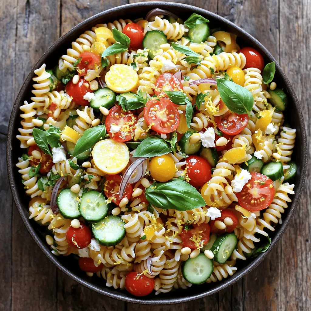 - 8 oz fusilli or penne pasta - 1 cup cherry tomatoes, halved - 1 cup cucumbers, diced - 1/2 red onion, finely chopped - 1 cup fresh basil leaves, roughly chopped - 1/3 cup feta cheese, crumbled For this salad, I love using fusilli or penne pasta. They hold the dressing well and give great texture. Cherry tomatoes are sweet and juicy, and they add color. I prefer using fresh cucumbers for a nice crunch. Red onion brings a mild bite, balancing the other flavors. Fresh basil is key; it adds a bright aroma and flavor. Feta cheese gives a creamy, salty touch that makes each bite pop. - 1/4 cup olive oil - 3 tablespoons fresh lemon juice - 1 teaspoon lemon zest - Salt and pepper to taste The dressing is simple, yet bright. Olive oil is the base, providing richness. Fresh lemon juice adds tang, while lemon zest brightens the flavor. Salt and pepper bring everything together. It’s zesty and refreshing, perfect for this salad. - 1/4 cup toasted pine nuts for extra crunch Toasted pine nuts add a nice crunch. They give a nutty flavor that pairs well with the salad. If you want an extra layer of taste, I highly recommend adding them. For the full recipe, check out the detailed instructions on how to make this delicious Lemon Basil Pasta Salad! To start, fill a large pot with water. Add a good amount of salt. Bring the water to a boil over high heat. Once it's bubbling, add 8 oz of fusilli or penne pasta. Cook it according to the package instructions until it is al dente. This usually takes about 8 to 10 minutes. Drain the pasta in a colander and rinse it under cold water. This stops the cooking and cools it down quickly. Set the pasta aside to let it drain fully. While the pasta cooks, wash your fresh vegetables. Take 1 cup of cherry tomatoes and cut them in half. Dice 1 cup of cucumbers into small pieces, and finely chop 1/2 of a red onion. Place all these veggies in a large mixing bowl. This mix adds color and crunch to your salad. In a small bowl, combine your dressing ingredients. Whisk together 1/4 cup of olive oil, 3 tablespoons of fresh lemon juice, and 1 teaspoon of lemon zest. Add salt and pepper to taste. Mix well until everything is combined. This dressing gives the salad its zesty flavor. Now, it's time to bring everything together. Add the cooled pasta to the bowl with the vegetables. Pour the dressing over the pasta and veggies. Gently toss everything together to coat it well. Be careful not to break the pasta, as you want it to stay whole. Next, fold in 1 cup of roughly chopped fresh basil leaves and 1/3 cup of crumbled feta cheese. These ingredients add freshness and creaminess. Taste your salad and adjust the seasoning with more salt and pepper if needed. For the best flavor, let the salad chill in the fridge for at least 30 minutes. This allows the flavors to blend nicely. Just before you serve, sprinkle 1/4 cup of toasted pine nuts on top for added crunch. Toss gently once more and enjoy this bright dish! For the full recipe, check out the detailed steps. To achieve al dente pasta, always start with a large pot of salted water. Bring it to a rolling boil. Add the pasta and stir it gently. Follow the package instructions for cooking time. Usually, it’s about 8-10 minutes. Taste the pasta a minute or two before the time is up. It should have a slight bite to it. Once ready, drain the pasta and rinse it under cold water. This stops the cooking process and keeps it firm. To elevate the dish's taste, use fresh, high-quality ingredients. Fresh basil plays a key role. It gives a bright and zesty kick. Use ripe cherry tomatoes for sweetness. Their juice adds a lovely flavor. When making the dressing, whisk the olive oil and lemon juice well. This helps them blend smoothly. Consider adding a pinch of red pepper flakes if you like some heat. This small tweak can transform the whole dish. Pair your Lemon Basil Pasta Salad with grilled chicken or shrimp for protein. This makes a complete meal. You can also serve it alongside crusty bread or a light soup. A crisp green salad complements it well, too. For a refreshing drink, try iced tea or lemonade. These will enhance the fresh, zesty flavors in your salad. Check out the Full Recipe for more ideas! {{image_2}} You can change the veggies in your Lemon Basil Pasta Salad to suit your taste. Try bell peppers, zucchini, or even broccoli. Each adds a new crunch and flavor. You can also swap fusilli or penne for rotini or bowtie pasta. These shapes catch the dressing well. This makes each bite a delight. To make this salad vegan, skip the feta cheese. You can use tofu or avocado for creaminess. For gluten-free options, choose gluten-free pasta. Many brands offer great choices. Just check the package for cooking times. These swaps keep the dish tasty for everyone. Want to change up the flavors? Add grilled chicken or shrimp for protein. You can also mix in nuts like walnuts or almonds for extra texture. Fresh herbs like parsley or mint can brighten the dish. Each twist makes the salad feel fresh and new, perfect for any meal. To keep your lemon basil pasta salad fresh, store it in an airtight container. This helps prevent the salad from drying out. Make sure the salad is cool before sealing the container. If you have leftovers, try to eat them within a few days for the best taste. Always store the salad in the fridge. Lemon basil pasta salad lasts about 3 to 5 days in the fridge. After that, the flavors may fade, and the veggies can become mushy. Always check for signs of spoilage before eating. If it smells off or looks weird, it’s best to toss it. I do not recommend freezing this salad. The pasta and veggies do not freeze well. Freezing can change the texture and taste. If you want to save some for later, stick to the fridge method. For a fresh taste, make smaller batches instead. You can find the full recipe to enjoy this delicious dish. Yes, you can use various pasta shapes. Good choices include bowtie, rotini, or even whole wheat pasta. Each shape holds the dressing well, adding unique texture to your salad. Try using gluten-free pasta if you need a gluten-free option. This keeps the dish fun and fresh every time. To make this salad vegan, swap feta cheese with a plant-based alternative. You can use crumbled tofu or vegan feta for a similar taste. Replace honey or other sweeteners with maple syrup or agave. Lastly, check that your pasta is egg-free to ensure it fits a vegan diet. This salad pairs well with grilled chicken or shrimp for added protein. You can also serve it with crusty bread or garlic bread. For a light meal, add a side of fresh fruit or a green salad. These options make your meal balanced and delightful. Absolutely! To meal prep, cook the pasta and chop the veggies ahead of time. Keep the dressing separate until you are ready to eat. This prevents the pasta from getting soggy. Store the salad in airtight containers for up to three days in the fridge. Enjoy it as a quick lunch or dinner option. For the full recipe, check the recipe section above. This Lemon Basil Pasta Salad is a tasty blend of fresh ingredients. You learned about pasta options, vibrant veggies, and a zesty dressing. I shared tips for making it just right, like achieving al dente pasta and enhancing flavors. Don’t forget the variations; you can customize it to fit your diet or taste. Plus, the right storage keeps it fresh longer. Enjoy making this salad as a side or a meal. It’s fresh, easy, and delightful.