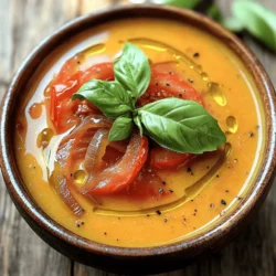 For this easy roasted tomato soup, you will need fresh produce. Here’s what to gather: - 2 pounds ripe tomatoes, halved - 1 medium onion, quartered - 4 cloves garlic, peeled Next, check your pantry for these items: - 2 tablespoons olive oil - 1 teaspoon dried basil - 1 teaspoon dried oregano - 1 teaspoon sugar - Salt and pepper to taste - 2 cups vegetable broth - 1/2 cup heavy cream (or coconut cream for a dairy-free option) To make your soup extra special, consider these garnishes: - Fresh basil leaves for garnish These fresh ingredients and pantry staples come together to create a simple yet tasty meal. You can find the full recipe for easy roasted tomato soup at the end of this section. Enjoy the vibrant flavors! Start by preheating your oven to 425°F (220°C). This step is key for roasting. While the oven heats, get your veggies ready. Cut 2 pounds of ripe tomatoes in half. Take 1 medium onion and quarter it. Peel 4 cloves of garlic. Place all these on a baking sheet. This is where the magic begins! Drizzle 2 tablespoons of olive oil over the veggies. Then, sprinkle 1 teaspoon of dried basil, 1 teaspoon of dried oregano, and 1 teaspoon of sugar on top. Add salt and pepper to taste. This mix adds depth to our soup. Now, it's time to roast! Place the baking sheet in your preheated oven. Roast for 25 to 30 minutes. You want the tomatoes to caramelize and the onions to soften. The smell will be amazing! Check them halfway to ensure even roasting. Once they’re done, remove the tray from the oven and let the vegetables cool a bit. After cooling, transfer the roasted veggies to a blender. Add 2 cups of vegetable broth to the mix. Blend until smooth. If you like some texture, pulse gently. Pour the blended soup into a pot over medium heat. Stir in 1/2 cup of heavy cream. Let it simmer for about 10 minutes. This allows all the flavors to meld together. Taste the soup and adjust the seasoning if needed. If it’s too thick, add more vegetable broth. Now, your easy roasted tomato soup is ready to serve! Garnish with fresh basil leaves for a nice touch. Enjoy every spoonful of this warm, comforting dish. For the full recipe, check out the Easy Roasted Tomato Soup! Roasting makes tomatoes sweet and rich. Use a hot oven at 425°F (220°C). This high heat helps the flavors pop. Spread the tomatoes evenly on the baking sheet. Leave space between them for even cooking. Roast for 25 to 30 minutes until they caramelize. Keep an eye on them. You want them soft and a bit browned. After blending, taste the soup. If it feels thick, add more vegetable broth. Start with a little, then blend again. This way, you can find your perfect texture. If it’s too bland, a pinch of salt or sugar can help. Always adjust to your taste. Fresh, ripe tomatoes are key for great flavor. Look for tomatoes that feel heavy for their size. Varieties like Roma or vine-ripened work best. You can also mix different types for added depth. If fresh tomatoes aren’t in season, canned can work too. Just drain them before using. Check the [Full Recipe] for all the details! {{image_2}} You can make this soup dairy-free by using coconut cream instead of heavy cream. Coconut cream adds a rich, creamy texture without dairy. If you want a lighter option, try unsweetened almond milk. It gives a subtle flavor that works well with tomatoes. Adding fresh herbs can elevate your soup. Try adding a handful of fresh basil or parsley right before blending. You can also use thyme or rosemary for a different taste. Just chop them finely to help their flavor blend in better. Want to make your soup more exciting? Consider adding roasted red peppers for a smoky taste. A splash of balsamic vinegar adds a sweet depth. For some heat, toss in a pinch of red pepper flakes or a dash of hot sauce. After you make your easy roasted tomato soup, let it cool completely. Pour the soup into airtight containers. You can store it in the fridge for up to four days. Be sure to label the containers with the date. This way, you’ll know when to eat it. If you want to save some for later, freezing works great. Use freezer-safe containers or bags. Leave some space at the top because the soup will expand when it freezes. It can last up to three months in the freezer. When you're ready to eat, just thaw it in the fridge overnight. To reheat your soup, you have a few options. You can use the stove or microwave. If using the stove, pour the soup into a pot and heat over medium. Stir often to prevent sticking. If using a microwave, heat in short bursts, stirring in between. Add a splash of broth if the soup seems too thick. Yes, you can use canned tomatoes. They save time and are very convenient. Choose whole or diced tomatoes for the best flavor. Drain some of the juice if you want a thicker soup. Use about two cans for this recipe. Then, follow the same steps for roasting and blending. The taste will be a bit different, but still tasty! Roasted tomato soup pairs well with many foods. You can serve it with grilled cheese sandwiches for a classic combo. A fresh salad or crusty bread also works great. You can even top the soup with croutons or cheese. Each option adds a fun twist to your meal! Homemade soup stays good in the fridge for about 3 to 4 days. Make sure to store it in an airtight container. If you want to keep it longer, consider freezing it. When ready to eat, just reheat it on the stove or in the microwave. Enjoy your meal with fresh flavors every time! You learned about creating a delicious roasted tomato soup. We covered the fresh and pantry ingredients as well as important garnishes. I shared step-by-step instructions to roast veggies and blend the soup. Tips for perfecting flavors and choosing the best tomatoes followed. You also discovered fun variations and essential storage info. In closing, this simple soup brings comfort and flavor to your table. Make it today and enjoy!