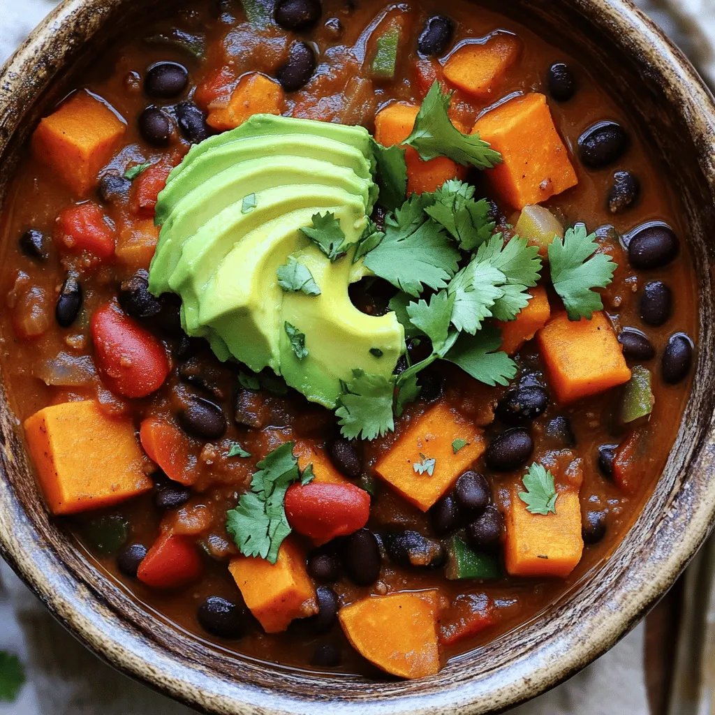 To make a tasty Sweet Potato Black Bean Chili, you need these ingredients: - 2 medium sweet potatoes, peeled and diced - 1 can (15 oz) black beans, rinsed and drained - 1 can (14 oz) diced tomatoes (with juices) - 1 cup vegetable broth - 1 large onion, chopped - 2 cloves garlic, minced - 1 red bell pepper, chopped - 1 green bell pepper, chopped - 1 tablespoon chili powder - 1 teaspoon cumin - 1 teaspoon smoked paprika - ½ teaspoon cayenne pepper (adjust to taste) - Salt and pepper to taste - 2 tablespoons olive oil Feel free to dress up your chili with these tasty garnishes: - Fresh cilantro, for garnish - Avocado slices, for topping This chili is not only delicious but also packed with nutrients. Here’s a quick look: - Calories: About 250 per serving - Protein: 10 grams - Carbs: 45 grams - Fat: 5 grams - Fiber: 10 grams This dish is rich in fiber and plant-based protein. It’s great for anyone wanting a hearty meal that’s also healthy. You can find the Full Recipe to guide you through each step of making this amazing chili. Enjoy cooking! Start by peeling and dicing two medium sweet potatoes. Make sure the pieces are even. Chop one large onion and mince two cloves of garlic. Next, chop one red bell pepper and one green bell pepper. This mix will add color and flavor to your chili. Set all the veggies aside after cutting. In a large pot, heat two tablespoons of olive oil over medium heat. Add the chopped onion and garlic. Sauté them for about five minutes until the onion looks soft and clear. Then, toss in the diced bell peppers. Cook this mix for another three to four minutes. You want the peppers to soften but not lose their crunch. Now it’s time to add the star of the show! Add the diced sweet potatoes to the pot and stir well. Let them cook for about five minutes while stirring occasionally. Sprinkle in one tablespoon of chili powder, one teaspoon of cumin, one teaspoon of smoked paprika, and half a teaspoon of cayenne pepper. Add salt and pepper to taste. Stir everything together and let the spices cook for one to two minutes. Next, pour in one can of diced tomatoes with their juices and one cup of vegetable broth. Rinse and drain one can of black beans, then add them to the pot. Stir until everything is well mixed. Bring the chili to a boil, then reduce the heat to low. Cover the pot and let it simmer for about 25 to 30 minutes. You want the sweet potatoes to be tender. Stir occasionally and add more broth if you want a thinner chili. Taste your chili and adjust the seasonings as needed. Serve it hot, and don’t forget to check out the Full Recipe for more details! You control the spice in this sweet potato black bean chili. Start with less cayenne pepper if you prefer a mild dish. Mix in a bit more for a kick! Always taste as you go. This way, you can get the perfect heat that fits your taste buds. Remember, chili powder and cumin also add warmth. Use them wisely to balance the flavors. This chili tastes great on its own. However, you can elevate it with toppings. Fresh cilantro adds a burst of flavor. Slices of avocado bring creaminess. A dollop of sour cream or yogurt works well too. You can also serve it with warm bread or rice for a fuller meal. Pair it with tortilla chips for a fun crunch. Making this chili ahead of time is smart. The flavors deepen as it sits. Store it in the fridge for up to three days. Just reheat it on the stove before serving. If you want to freeze it, let it cool first. Then, place it in a freezer-safe container. It can last up to three months in the freezer. When ready to eat, thaw it overnight and reheat on the stove. Enjoy the simple joy of a warm, hearty meal! For the full recipe, check out the details above. {{image_2}} You can change up the sweet potato black bean chili by adding more vegetables. Try corn, zucchini, or carrots. Each brings a new flavor and texture. Chopped spinach or kale can add a nice green touch. Just make sure to adjust cooking times. Softer veggies need less time to cook. Want to make your chili heartier? Add protein! Ground turkey or beef works well if you eat meat. For a plant-based option, try quinoa or lentils. These proteins mix well with black beans. They also add more nutrients. Cook them according to their specific times to keep everything balanced. Spices can change the whole taste of your chili. If you like it spicy, try adding jalapeños or serrano peppers. For a smoky flavor, add chipotle powder. If you want a sweeter touch, consider cinnamon. Each spice offers a unique twist. Feel free to mix and match until you find your favorite blend. Check the [Full Recipe] for details on cooking times and flavors. After enjoying your Sweet Potato Black Bean Chili, store any leftovers in an airtight container. Let the chili cool down before sealing it. This step keeps moisture from building up, which can change the texture. You can keep it in the fridge for up to five days. If you want to keep it longer, freezing is a great option. To reheat, pour the chili into a pot over medium heat. Stir it often to ensure even heating. If it seems thick, add a splash of vegetable broth or water. You can also use the microwave. Place the chili in a microwave-safe bowl and cover it loosely with a lid. Heat in 1-minute intervals, stirring between each. This method helps it heat evenly without getting too hot. To freeze your Sweet Potato Black Bean Chili, use freezer-safe containers. Make sure to leave some space at the top since the chili will expand when it freezes. It can last for about three months in the freezer. When you're ready to eat it, defrost it overnight in the fridge. Reheat it as mentioned before, and enjoy a warm meal like it was freshly made. Yes, you can easily make this chili in a slow cooker. Just add all the ingredients to the slow cooker. Set it on low for 6-8 hours or high for 3-4 hours. This method allows the flavors to meld beautifully. You will still enjoy that rich taste! Sweet potato black bean chili lasts about 4-5 days in the fridge. Store it in an airtight container for best results. If you want to keep it longer, consider freezing. This chili freezes well for up to 3 months. You can serve this chili with various sides. Here are some ideas: - Cornbread - Rice or quinoa - Tortilla chips - A fresh salad - Avocado slices or guacamole These options will enhance your meal. Enjoy the flavors and make it your own! For the complete recipe, check the Full Recipe. Sweet potato black bean chili is tasty, healthy, and easy to make. We covered the key ingredients, cooking steps, and tips to enhance flavor. You can customize it with extra veggies or proteins to fit your taste. Remember to store leftovers correctly for fresh meals later. This chili is perfect for any occasion, and you can enjoy it today or freeze it for tomorrow. Trust this recipe to bring warmth and satisfaction to your table. Enjoy every bite you create!
