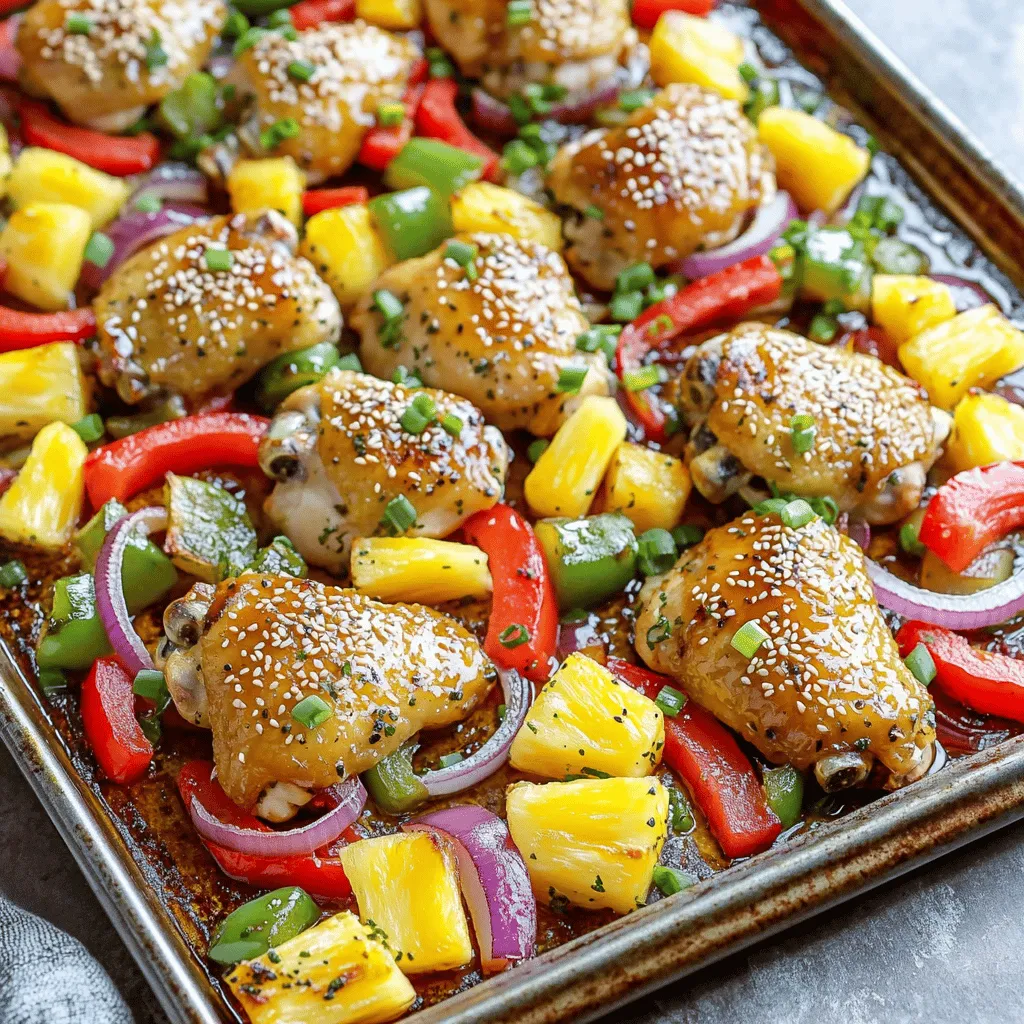 - 4 boneless, skinless chicken thighs - 1 cup pineapple chunks (fresh or canned, in juice) - 1 red bell pepper, sliced - 1 green bell pepper, sliced - 1 medium red onion, sliced - 3 cloves of garlic, minced - 1/4 cup low-sodium soy sauce - 2 tablespoons honey - 1 tablespoon fresh ginger, grated - 1 tablespoon sesame oil - 1 teaspoon crushed red pepper flakes (optional) - Salt and pepper to taste - 2 green onions, chopped (for garnish) - 1 tablespoon sesame seeds (for garnish) To create a delicious Sheet Pan Hawaiian Chicken, you need fresh, vibrant ingredients. The chicken thighs are the star here. They stay juicy and tender while roasting. Pineapple brings a sweet twist, balancing the savory notes. The bell peppers and onion add color and crunch. The marinade is key to flavor. Garlic and ginger give a warm depth. Soy sauce adds umami, while honey sweetens the mix. Sesame oil adds a nutty finish. If you want a kick, use crushed red pepper flakes. For garnish, the green onions and sesame seeds add a lovely touch. Season with salt and pepper to taste. These ingredients together create a delightful taste of Hawaii. For the full recipe, check out the details provided above. - Preheat the oven to 400°F (200°C). - Line a large sheet pan with parchment paper for easy cleanup. - In a large bowl, mix together the marinade ingredients: soy sauce, honey, garlic, ginger, sesame oil, and crushed red pepper flakes. - Place the chicken thighs in the bowl and coat them well in the marinade. Cover the bowl with plastic wrap and let it sit for at least 30 minutes. If you have time, marinate it longer in the fridge. - While the chicken marinates, chop your vegetables into bite-sized pieces. - After marinating, place the chicken in the center of the lined sheet pan. Surround it with the sliced red and green peppers, red onion, and pineapple chunks. - Drizzle any leftover marinade over the chicken and veggies. Season everything with salt and pepper to taste. - Roast the pan in the preheated oven for 25 to 30 minutes. Ensure the chicken reaches an internal temperature of 165°F (75°C) and the veggies are tender. - Toss the chicken and veggies halfway through cooking for even flavor and cooking. This straightforward method makes a delicious meal that shines with tropical flavor. Check out the Full Recipe for more details! To enjoy the best chicken, make sure it reaches the right temperature. Use a meat thermometer. The chicken should hit 165°F (75°C) at the thickest part. This step ensures it is fully cooked and safe to eat. After cooking, let the chicken rest for a few minutes. This helps the juices spread, making it tender and juicy. Want to spice things up? You can add more crushed red pepper flakes for heat. If you like sweet flavors, try adding a bit more honey. You can mix in fresh herbs too. Basil or cilantro can add a fun twist. For a tangy kick, a splash of lime juice can work wonders. Experiment with these flavors to suit your taste! For a fun look, serve the meal right from the sheet pan. It feels casual and inviting. You can also transfer it to a platter for a more formal touch. Pair your chicken with sides like jasmine rice or quinoa. These add texture and flavor to each bite. Enjoy the colorful mix of chicken and veggies for a feast for the eyes! {{image_2}} You can change up the veggies in this dish. Try using broccoli, snap peas, or zucchini. These add color and crunch. Seasonal veggies work great too. For spring, use asparagus or peas. In fall, swap in carrots or squash. You can use different types of chicken for this meal. Chicken breasts are a leaner choice. They cook faster than thighs. For non-chicken eaters, try tofu or tempeh. Both soak up flavors well. Shrimp is another tasty option; just adjust the cooking time. Adjust the sweetness to fit your taste. Add more honey for a sweeter dish. If you like tang, add lemon or lime juice. Fresh herbs like cilantro or basil can brighten the meal. These tweaks make the dish fun and fresh. For the Full Recipe, be sure to check the instructions and enjoy your cooking! To keep your leftovers fresh, store them in airtight containers. Use glass or plastic containers with tight lids. This helps prevent spills and keeps food safe. You can refrigerate leftovers for up to four days. When you want to eat them again, simply reheat in the oven or microwave. You can freeze cooked chicken and veggies if you want to save some for later. Allow the food to cool completely before placing it in freezer bags. Try to remove as much air as possible from the bags. This helps avoid freezer burn. When you're ready to eat, thaw the meal overnight in the fridge. Reheat it in the oven or microwave until hot. Stored food has a shelf life. Cooked chicken and veggies last about three to four days in the fridge. If you freeze them, they can last up to six months. Always check for signs of spoilage. Look for changes in color or smell. If something seems off, it's best to throw it away. Keep safety first to enjoy your meals! Yes, you can use chicken breasts. They have less fat than thighs. This change makes the dish lighter. Cooking times differ, though. Breasts cook faster, around 20-25 minutes. Use a meat thermometer to check the internal temp. It should reach 165°F (75°C). Thighs are juicier and richer in taste. They add more flavor to the dish. You have many tasty options! Here are some ideas: - Steamed jasmine rice - Quinoa for a nutty flavor - A fresh garden salad - Roasted sweet potatoes - Grilled corn on the cob Each side pairs well with the sweet and savory flavors. Mix and match to create a balanced meal. Marinating takes at least 30 minutes. For best results, marinate for 1-2 hours. This time allows the chicken to absorb flavors. You can even marinate overnight in the fridge. Just remember to cover it well. Use a bowl or a resealable bag for easy cleanup. Yes, you can prep this dish in advance! Marinate the chicken, then store it in the fridge. You can also chop the veggies ahead. Keep them in an airtight container. For a quick meal, roast everything the next day. Reheat leftovers in the oven or microwave. Enjoy the same fresh taste again. For the complete recipe, check out the Full Recipe section. This blog post covered how to prepare delicious Sheet Pan Hawaiian Chicken. We looked at the main ingredients like chicken, pineapple, and peppers, as well as the crucial marinade that brings flavor. I shared helpful tips for cooking and garnishing, plus variations and storage ideas for your leftovers. Remember, you can make this dish your own. Feel free to swap proteins and veggies or change up flavors. Enjoy your cooking!