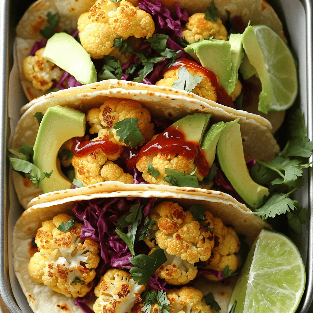 To make Spicy Sriracha Cauliflower Tacos, gather these main ingredients: - 1 medium head of cauliflower, cut into florets - 2 tablespoons olive oil - 2 tablespoons Sriracha sauce (adjust to taste) - 1 teaspoon smoked paprika - 1 teaspoon garlic powder - 1/2 teaspoon cumin - Salt and pepper to taste - 8 small corn or flour tortillas - 1 avocado, sliced - 1 cup shredded red cabbage - 1/4 cup fresh cilantro, chopped - Lime wedges for serving If you need substitutions, here are some options: - Use sweet potatoes or chickpeas instead of cauliflower for a different base. - Swap olive oil with avocado oil or coconut oil for varied flavors. - For gluten-free tacos, choose corn tortillas. - To keep it vegan, use dairy-free cheese or skip cheese altogether. Add these toppings to enhance your tacos: - Pico de gallo for fresh flavor and crunch. - Feta cheese or queso fresco for a creamy touch. - Dairy-free yogurt can replace sour cream for a vegan option. - Hot sauce for an extra kick! These ingredients blend well to create a flavorful dish. For the full recipe, check out the instructions to make these delicious tacos. 1. First, preheat your oven to 425°F (220°C). This ensures the cauliflower roasts well. 2. In a large bowl, mix the cauliflower florets with olive oil, Sriracha, smoked paprika, garlic powder, cumin, salt, and pepper. Make sure each piece is coated with the spice mix. 1. Spread the seasoned cauliflower on a baking sheet lined with parchment paper. This keeps it from sticking. 2. Roast the cauliflower for about 25-30 minutes. Stir halfway through. You know it’s done when it’s golden brown and crispy on the edges. 3. While the cauliflower cooks, warm the tortillas. Heat a skillet over medium heat and warm each tortilla for about 30 seconds on each side. This makes them soft and pliable. 1. Now it’s time to assemble! Place a generous amount of spicy cauliflower on each warm tortilla. 2. Top your tacos with sliced avocado, shredded red cabbage, and fresh cilantro. This adds color and flavor. 3. To serve, add lime wedges on the side. Squeeze lime over the tacos for a zesty kick. Follow the [Full Recipe] for more details. Enjoy each bite of these flavorful tacos! To make your Spicy Sriracha Cauliflower Tacos just right, you can adjust the spice. If you like it hot, add more Sriracha. If you prefer it mild, use less. Tasting as you go helps you find your sweet spot. For crispy cauliflower, coat it evenly with olive oil and seasonings. Spread the florets out on the baking sheet. This way, they won’t steam and will get nice and crunchy. Using the right tools makes cooking easier. A heavy-duty baking sheet works best. It helps the cauliflower roast evenly. A parchment paper lining prevents sticking and makes cleanup simple. For taco assembly, a good pair of tongs helps you grab the hot cauliflower without burning your fingers. A sharp knife makes slicing the avocado and cabbage easy, too. These tacos shine when paired with light side dishes. A fresh salad or grilled corn complements the tacos well. For drinks, an ice-cold limeade or a light beer is perfect. The acidity from the lime brightens the meal and balances the spice. If you want something non-alcoholic, try sparkling water with fresh lime. For the full recipe, check the section above. {{image_2}} You can switch up the recipe to fit your taste. Adding proteins can make your tacos heartier. Try black beans for a vegetarian twist or grilled chicken for extra protein. Both options blend well with the spicy cauliflower. You can also add cheese or yogurt for creaminess. This makes a delicious contrast to the heat of the Sriracha. Not a fan of traditional tortillas? No problem! You can use different types of tortillas like whole wheat or spinach. They add unique flavors and colors. For a gluten-free option, try lettuce wraps. They are light and refreshing, and they hold your filling perfectly. Just use large leaves, like romaine or iceberg, to wrap around the filling. Want to take your tacos to the next level? Experiment with different sauces and seasonings. Try chipotle sauce for a smoky kick or mango salsa for sweetness. Adding seasonal vegetables can also enhance the flavor. Fresh corn, bell peppers, or zucchini can add texture and a burst of color. Each twist gives your tacos a new personality! For the full recipe, check out the complete guide. To keep your Spicy Sriracha Cauliflower Tacos fresh, store leftovers in an airtight container. Place them in the fridge. This method helps prevent moisture loss. Use the tacos within three days for the best taste. Keep the tortillas separate from the cauliflower to avoid sogginess. When you're ready to eat leftovers, reheat the tacos in an oven or skillet. Preheat the oven to 350°F (175°C). Place the tacos on a baking sheet for about 10 minutes. This keeps the cauliflower crispy. If using a skillet, warm over medium heat for a few minutes. Flip the tacos to ensure they heat evenly. You can freeze cooked cauliflower, but the texture changes slightly. Allow the cauliflower to cool before freezing. Place it in a freezer-safe bag or container. For the best results, consume within three months. When ready to use, thaw the cauliflower overnight in the fridge. Reheat it in the oven or skillet to regain some crunch. For the full recipe of these delightful tacos, refer to the [Full Recipe]. How spicy are Spicy Sriracha Cauliflower Tacos? The spice level of these tacos depends on the amount of Sriracha you use. If you add two tablespoons, they will be medium spicy. You can always start with one tablespoon and taste it. This way, you can adjust the heat to your liking. Sriracha adds a tangy flavor along with heat. Can I make these tacos in advance? Yes, you can make the spicy cauliflower ahead of time. Roast it and store it in the fridge for up to three days. When ready to eat, warm it up in the oven or microwave. Then, assemble the tacos just before serving for the best taste and crunch. Estimated calories and nutrition per serving Each serving of Spicy Sriracha Cauliflower Tacos has about 300 calories. This dish is packed with nutrients. It offers fiber from the cauliflower and cabbage. Avocados add healthy fats, making these tacos both filling and nutritious. Health benefits of the main ingredients - Cauliflower: Low in calories, high in fiber, and full of vitamins. - Avocado: Rich in healthy fats, good for heart health. - Red cabbage: Contains antioxidants and supports digestion. Gluten-free and dairy-free adaptations To make these tacos gluten-free, use corn tortillas instead of flour. All the other ingredients are naturally gluten-free and dairy-free. Vegan-friendly versions of the recipe This recipe is already vegan. You can enjoy it without any animal products. All the ingredients come from plants, making it a great choice for anyone on a vegan diet. For more flavors, try adding beans or grilled veggies. For the Full Recipe, check the beginning of the article to get all the details. These Spicy Sriracha Cauliflower Tacos offer a burst of flavor with simple ingredients. We explored alternatives and topping ideas to fit your diet. I shared tips for perfecting your recipe and suggested ways to store and reheat leftovers. You can easily adapt this meal to suit your taste and dietary needs. Enjoy experimenting with different flavors and make these tacos your own. Every bite can bring joy and satisfaction, making cooking an adventure worth taking.