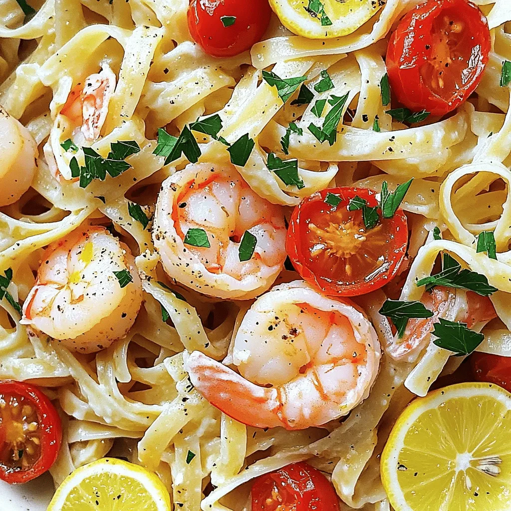 To make this dish, you need the following main ingredients: - 8 oz spaghetti or linguine - 1 lb shrimp, peeled and deveined - 1 lb scallops, rinsed and patted dry - 3 tablespoons olive oil - 4 cloves garlic, minced - 1 teaspoon red pepper flakes - 1 cup cherry tomatoes, halved - 1/2 cup heavy cream - 1 lemon, juiced and zested - Salt and pepper to taste - Fresh parsley, chopped for garnish - Grated Parmesan cheese for serving (optional) These ingredients bring a fresh and light taste to the dish. The shrimp and scallops give it a nice seafood flavor. The lemon adds brightness, while the garlic gives it depth. You can add some optional ingredients to boost the taste: - White wine for deglazing - Capers for a briny touch - Spinach for added greens - Fresh basil or thyme for herbal notes These extras can elevate your dish. White wine adds a nice acidity. Capers give a salty flavor. Spinach adds color and nutrition. Fresh herbs brighten the dish. For this recipe, spaghetti or linguine works best. Both types hold the sauce well. They also allow the seafood to shine. You can try other pasta shapes too, like fettuccine or penne. Just make sure to cook them al dente for the best texture. For the full recipe, check out the [Full Recipe]. To make this shrimp scallop pasta, prep is key. Gather all your ingredients first. This makes cooking easier and faster. You will need the pasta, seafood, sauce ingredients, and seasonings. Having everything ready will help you stay organized. 1. Cook Pasta: Start by boiling water in a large pot. Add salt for flavor. Cook the pasta according to the package directions. Once it’s al dente, drain it. Remember to save about half a cup of the pasta water. 2. Sear the Seafood: Grab a large skillet and heat two tablespoons of olive oil over medium-high heat. Add the scallops. Cook them for 2-3 minutes on each side until they turn golden brown. Remove them from the skillet and set them aside. 3. Sauté Shrimp: In the same skillet, add the last tablespoon of olive oil. Then, add the shrimp. Cook them for about 2-3 minutes on each side until they turn pink and opaque. Take them out and keep them with the scallops. 4. Make the Sauce: Lower the heat to medium. Add minced garlic and red pepper flakes to the skillet. Sauté for about a minute until the garlic smells good. Then, add the cherry tomatoes and cook for 3-4 minutes until they soften. 5. Combine Ingredients: Pour in the heavy cream, lemon juice, and zest. Mix everything well and let it simmer for 2-3 minutes. If the sauce seems thick, add a bit of the reserved pasta water until it looks just right. 6. Toss in Seafood and Pasta: Add the drained pasta back into the skillet. Now, add the seared scallops and shrimp. Gently toss everything together. Make sure the pasta is well-coated with the sauce. Season with salt and pepper to your taste. Remove the skillet from heat. Sprinkle fresh parsley on top for color. Serve the pasta right away for the best taste. If you like, add some grated Parmesan cheese on top. Enjoy your meal! For the full recipe, check out the details above. To sear shrimp and scallops well, use a hot skillet. Heat olive oil until it shimmers. This means it is ready. Place the scallops in the pan. Do not move them until they brown. This takes about 2-3 minutes per side. For shrimp, look for a bright pink color. Cook them the same way for 2-3 minutes on each side. Remove the seafood from the pan when done. Cooking pasta is simple but needs attention. Use a large pot with salted water. Bring it to a rolling boil before adding the pasta. Stir the pasta to prevent sticking. Cook until al dente, which means firm but not hard. Save some pasta water before draining. This water helps adjust your sauce later. To make a great sauce, start with garlic and red pepper flakes. Sauté them in olive oil for a minute. Add cherry tomatoes next. They add sweetness and acidity. After they soften, pour in the heavy cream and lemon juice. The cream makes it rich, while lemon brightens the flavor. Taste the sauce and adjust with salt and pepper. If it’s too thick, mix in some reserved pasta water. This keeps all the flavors balanced and delicious. For more detailed steps, check the Full Recipe. {{image_2}} You can switch up the seafood in this dish. Try using crab, lobster, or even mussels. Each choice will bring a unique taste. If you want a more budget-friendly option, use canned clams or shrimp. Adjust the cooking time for different seafood types. For example, clams may need a bit longer to open up. This way, you can customize your meal to your liking. The sauce can change the whole dish. A creamy sauce uses heavy cream, making it rich and smooth. This pairs well with the delicate flavors of shrimp and scallops. On the other hand, a tomato-based sauce adds a fresh, tangy kick. You can use crushed tomatoes or a marinara sauce. Both options are tasty; it just depends on your mood. You might even mix both for a fun twist! If you need gluten-free options, many great choices exist. Look for pasta made from rice, corn, or quinoa. These options cook well and taste great with seafood. You can find them at most grocery stores. Just remember to check the cooking time. Gluten-free pasta can cook faster or slower than regular pasta. This way, everyone can enjoy the delightful flavors of your shrimp scallop pasta. For the full recipe, check out the instructions above! To store your leftover shrimp scallop pasta, let it cool first. Place the cooled pasta in an airtight container. Make sure to seal it well to keep out air. This will help maintain the pasta's flavor and texture. Store it in the fridge for up to three days. If you want to keep it longer, consider freezing it. When you're ready to eat again, reheating needs care. You can reheat pasta in a few ways. The microwave is quick but may dry it out. Add a splash of water or cream for moisture. Stir well, and heat in short bursts. Another good method is using the stove. Place pasta in a skillet over low heat. Add a bit of olive oil or water to help it warm evenly. Stir often until it is hot throughout. If you want to freeze your shrimp scallop pasta, use a freezer-safe container. Fill it but leave some space at the top for expansion. Label the container with the date. It can last up to three months in the freezer. To thaw, move it to the fridge overnight. For a faster option, you can use the microwave. Heat on low until it softens. After thawing, reheat it as mentioned above for the best taste. Yes, you can use frozen shrimp and scallops. Just make sure to thaw them first. Place them in the fridge overnight or run them under cold water. This helps keep the seafood fresh and tasty. Cooking times may vary a bit, so watch them closely. Frozen seafood can be just as good as fresh when cooked right. If you want a lighter option, you can use half-and-half. Coconut milk is a great dairy-free choice. For a rich flavor, try sour cream or Greek yogurt. Each substitute will change the taste a little, but they all work well in the sauce. Just adjust the amount to get the right creaminess. Shrimp and scallops cook quickly. Shrimp should turn pink and opaque when done. Scallops will get a nice golden brown crust. Use a fork to check if they are firm and not translucent. If they are still see-through, give them a minute more. Overcooking makes seafood tough, so keep an eye on it! A fresh salad goes great with this dish. Try a simple green salad with a lemon vinaigrette. Garlic bread is another tasty option. You can also serve it with roasted vegetables for a healthy twist. These sides complement the pasta and add more flavors to your meal. For the full recipe, check out the Shrimp & Scallop Symphony Pasta. In this article, we explored the key ingredients for shrimp scallop pasta, including optional additions to boost flavor. I provided a simple, step-by-step process for cooking and serving. You learned tips for perfectly searing seafood and balancing sauce flavors. We also discussed tasty variations, storage methods, and common questions. Now, you can create a delicious meal that impresses. Enjoy cooking this dish and make it your own!